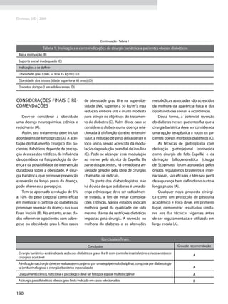 Diretrizes SBD 2009




                                                               Continuação - Tabela 1

                   Tabela 1. Indicações e contraindicações da cirurgia bariátrica a pacientes obesos diabéticos
 Baixa motivação (B)
 Suporte social inadequado (C)
 Indicações a se definir
 Obesidade grau I (IMC = 30 a 35 kg/m2) (D)
 Obesidade dos idosos (idade superior a 60 anos) (D)
 Diabetes do tipo 2 em adolescentes (D)


Considerações finais e re-                         de obesidade grau III e na superobe-              metabólicas associadas são acrescidas
comendações                                        sidade (IMC superior a 50 kg/m2), essa            da melhora da aparência física e das
                                                   redução, embora útil, é muito modesta             oportunidades sociais e econômicas.
    Deve-se considerar a obesidade                 para atingir os objetivos do tratamen-                Dessa forma, a potencial reversão
uma doença neuroquímica, crônica e                 to de diabetes (C). Além disso, caso se           do diabetes nesses pacientes faz que a
recidivante (A).                                   considere o diabetes uma doença rela-             cirurgia bariátrica deva ser considerada
    Assim, seu tratamento deve incluir             cionada à disfunção do eixo enteroin-             uma opção terapêutica a todos os pa-
abordagens de longo prazo (A). A acei-             sular, a redução de peso deixa de ser o           cientes obesos mórbidos diabéticos (C).
tação do tratamento cirúrgico dos pa-              foco único, sendo acrescida da modu-                  As técnicas de gastroplastia com
cientes diabéticos depende da percep-              lação da produção prandial de insulina            derivação gastrojejunal (conhecida
ção destes e dos médicos, da influência            (C). Pode-se alcançar essa modulação              como cirurgia de Fobi-Capella) e da
da obesidade na fisiopatologia da do-              ao menos pela técnica de Capella. Da              derivação biliopancreática (cirugia
ença e da possibilidade de intervenção             parte dos pacientes, há o medo e a an-            de Scopinaro) foram aprovadas pelos
duradoura sobre a obesidade. A cirur-              siedade gerados pela ideia de cirurgias           órgãos regulatórios brasileiros e inter-
gia bariátrica, que promove prevenção              chamadas de radicais.                             nacionais, são eficazes e têm seu perfil
e reversão de longo prazo da doença,                   Da parte dos diabetologistas, não             de segurança bem definido no curto e
pode alterar essa percepção.                       há dúvida de que o diabetes é uma do-             longo prazos (A).
    Tem-se apontado a redução de 5%                ença crônica que deve ser radicalmen-                 Qualquer nova proposta cirúrgi-
a 10% do peso corporal como eficaz                 te tratada, a fim de evitar complica-             ca como um protocolo de pesquisa
em melhorar o controle do diabetes ou              ções crônicas. Vários estudos indicam             acadêmico e ético deve, em primeiro
promover reversão da doença nas suas               melhora geral da qualidade de vida                lugar, demonstrar resultados simila-
fases iniciais (B). No entanto, esses da-          mesmo diante de restrições dietéticas             res aos das técnicas vigentes antes
dos referem-se a pacientes com sobre-              impostas pela cirurgia. A reversão ou             de ser regulamentada e utilizada em
peso ou obesidade grau I. Nos casos                melhora do diabetes e as alterações               larga escala (A).


                                                                Conclusões finais
                                                      Conclusão                                                        Grau de recomendação

 Cirurgia bariátrica está indicada a obesos diabéticos graus II e III com controle insatisfatório e risco anstésico-
                                                                                                                                A
 cirúrgico aceitável
 A indicação da cirurgia deve ser realizada em conjunto por uma equipe multidisciplinar, composta por diabetologis-
 ta (endocrinologista) e cirurgião bariátrico especializado                                                                     A
 O seguimento clínico, nuticional e psicológico deve ser feito por equipe multidisciplinar                                      A
 A cirurgia para diabéticos obesos grau I está indicada em casos selecionados                                                   B


190
 