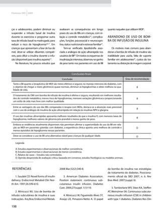 Diretrizes SBD 2009




ças e adolescentes, podem diminuir ou          avaliaram as consequências em longo               quanto naqueles que utilizam MDI4.
suspender a infusão basal de insulina          prazo do uso de BIIs em crianças, com re-
durante os exercícios e programar outra        lação a controle metabólico16, complica-          Abandono de uso de bom-
taxa de infusão basal na madrugada, para       ções, funções psicossocial e neurocogni-          ba de infusão de insulina
reduzir o risco de hipoglicemia5,6,17. Em      tiva, status nutricional e estresse familiar27.
crianças que apresentam a fase de lua de           Tem-se verificado lipodistrofia asso-             Os motivos mais comuns para aban-
mel, deve-se utilizar diluentes compatí-       ciada a análogos de ação ultrarrápida nos         donar a bomba de infusão de insulina são
veis, para diluir a insulina durante a infu-   usuários de BII34. Em todos os esquemas de        inabilidade para usá-la, falta de suporte
são (disponível para insulina asparte)17.      insulinização intensiva, observou-se ganho        familiar em adolescentes35, custos do tra-
    Na literatura, há poucos estudos que       de peso tanto nos pacientes em uso de BII         tamento ou distorção de imagem corporal.


                                                            Conclusões finais
                                                 Conclusão                                                        Grau de recomendação

 Tanto a BII quanto a terapêutica de MDI são meios efetivos e seguros no manejo intensivo do diabetes, com
 o objetivo de chegar a níveis glicêmicos quase normais, diminuir as hipoglicemias e obter melhora na qua-                  B
 lidade de vida.

 O tratamento do DM com bomba de infusão de insulina é efetivo e seguro, resultando em melhores resulta-
 dos de controle metabólico, menos risco de hipoglicemias, menores variações glicêmicas e proporcionando                    B
 um estilo de vida mais livre com melhor qualidade.

 Entre as vantagens do uso das BIIs comparadas à terapia com MDIs, destaca-se a absorção mais previsível
                                                                                                                            B
 com o uso de análogos de insulina de ação ultrarrápida em relação às insulinas NPH e glargina.

 O uso das insulinas ultrarrápidas apresenta melhores resultados do que a insulina R, com menores taxas de
                                                                                                                            B
 hipoglicemia, melhores valores de glicemia pós-prandial e menos ganho de peso.

 Embora as evidências atualmente disponíveis não permitam afirmar a superioridade do uso da BII em rela-
 ção ao MDI em pacientes grávidas com diabetes, a experiência clínica aponta uma melhora de controle e                      D
 menos episódios de hipoglicemia nessas pacientes.

 Deve-se considerar o uso de BII uma alternativa viável para crianças de qualquer idade.                                    D

    Legenda

    A. Estudos experimentais e observacionais de melhor consistência.
    B. Estudos experimentais e observacionais de menor consistência.
    C. Relatos de casos – Estudos não controlados.
    D. Opinião desprovida de avaliação crítica, baseada em consenso, estudos fisiológicos ou modelos animais.



Referências                                    2008 Mar;52(2):340-8.                             da bomba de insulina nas estratégias
                                                                                                 de tratamento do diabetes. Posiciona-
    1. Saudek CD. Novel forms of insulin          3. American Diabetes Association.              mento oficial da SBD 2007, n. 6. Rev
delivery. Endocrinol Metabol Clin Nor-         Position statement: continuous sub-               Bras Med. 2007;(suppl. 6).
th Am. 1997;26:599-610.                        cutaneous insulin infusion. Diabetes
                                               Care. 2004;27(suppl. 1):S110.                         5. Tamborlane WV, Sikes KA, Steffen
    2. Minicucci WJ. Uso de bomba de                                                             AT, Weinzimer SA. Continuous subcuta-
infusão subcutânea de insulina e suas             4. Minicucci W, Figueiredo Alves ST,           neous insulin infusion (CSII) in children
indicações. Arq Bras Endocrinol Metab.         Araújo LR, Pimazoni-Netto A. O papel              with type 1 diabetes. Diabetes Res Clin

198
 