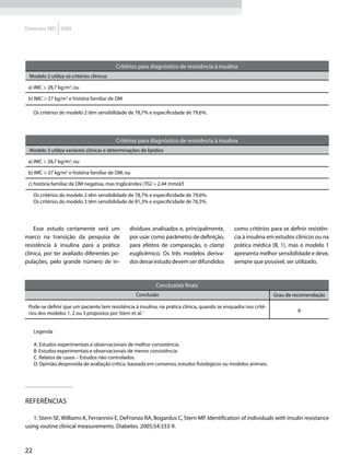 Diretrizes SBD 2009




                                          Critérios para diagnóstico de resistência à insulina
 Modelo 2 utiliza só critérios clínicos

 a) IMC > 28,7 kg/m2; ou

 b) IMC > 27 kg/m2 e história familiar de DM

     Os critérios do modelo 2 têm sensibilidade de 78,7% e especificidade de 79,6%.




                                          Critérios para diagnóstico de resistência à insulina
 Modelo 3 utiliza variáveis clínicas e determinações de lipídios

 a) IMC > 28,7 kg/m2; ou

 b) IMC > 27 kg/m2 e história familiar de DM; ou

 c) história familiar de DM negativa, mas triglicérides (TG) > 2,44 mmol/l

     Os critérios do modelo 2 têm sensibilidade de 78,7% e especificidade de 79,6%.
     Os critérios do modelo 3 têm sensibilidade de 81,3% e especificidade de 76,3%.




    Esse estudo certamente será um              divíduos analisados e, principalmente,         como critérios para se definir resistên-
marco na transição da pesquisa de               por usar como parâmetro de definição,          cia à insulina em estudos clínicos ou na
resistência à insulina para a prática           para efeitos de comparação, o clamp            prática médica (B, 1), mas o modelo 1
clínica, por ter avaliado diferentes po-        euglicêmico. Os três modelos deriva-           apresenta melhor sensibilidade e deve,
pulações, pelo grande número de in-             dos desse estudo devem ser difundidos          sempre que possível, ser utilizado.



                                                            Conclusões finais
                                                   Conclusão                                                     Grau de recomendação

 Pode-se definir que um paciente tem resistência à insulina, na prática clínica, quando se enquadra nos crité-
                                                                                                                          A
 rios dos modelos 1, 2 ou 3 propostos por Stern et al.1


     Legenda

     A. Estudos experimentais e observacionais de melhor consistência.
     B. Estudos experimentais e observacionais de menor consistência.
     C. Relatos de casos – Estudos não controlados.
     D. Opinião desprovida de avaliação crítica, baseada em consenso, estudos fisiológicos ou modelos animais.




Referências

   1. Stern SE, Williams K, Ferrannini E, DeFronzo RA, Bogardus C, Stern MP. Identification of individuals with insulin resistance
using routine clinical measurements. Diabetes. 2005;54:333-9.



22
 