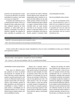 2009    Diretrizes SBD




pacientes com gastroparesia ou após            dose constante de insulina é liberada       mais prolongado da insulina.
o consumo de alimentos com grande              durante algumas horas, segundo uma
quantidade de gordura, como pizza              programação prévia, enquanto no es-         Fator de sensibilidade e bolus corretivo
ou massas com queijo (D)4.                     quema de bolus bifásico (ou de onda
    As bombas mais modernas em uso             dupla), primeiro se libera uma dose de          O fator de sensibilidade deter-
no Brasil permitem alterar a forma e a         insulina imediatamente após a refeição      mina, aproximadamente, qual é o
duração do bolus usado para as refei-          e, a seguir, o restante da dose. O bolus    efeito de uma unidade de insulina
ções, utilizando esquemas de “onda             estendido pode ser usado durante            nos níveis de glicemia do paciente.
quadrada” ou “onda dupla” para se              uma festa ou um churrasco. O bolus          É calculado por meio da regra de
adequar à quantidade e aos tipos de            bifásico é usado após refeição rica em      1.800: quando se divide esse valor
alimentos ingeridos. No esquema de             gorduras e carboidrato, como pizza ou       pela quantidade total de insulina
bolus estendido (ou quadrado), uma             lasanha, quando é necessário efeito         utilizada por dia.


                                                         Fator de sensibilidade
 1.800/DTID = diminuição de glicemia mg %/unidade de insulina

 DTID = dose total de insulina/dia no início da terapia com bomba de infusão




   O bolus corretivo (BC) é usado para corrigir a hiperglicemia e leva em conta a sensibilidade à insulina, que é individual,
como apresenta a tabela 3.


                                                       Tabela 3. Bolus corretivo
 Bolus de correção = valor de glicemia – meta glicêmica / fator de sensibilidade

 520 – 120 mg / % = 400 / fator de sensibilidade = 400 / 50 = 8 unidades de Novo-Rapid®




Sensibilidade à insulina e ajustes de doses        Sempre que o paciente medir a               Algumas das bombas de insulina
                                               glicemia, deve usar esse fator para cal-    mais modernas têm softwares que as
    Pode variar em diferentes perío-           cular quanta insulina é necessária para     capacitam a calcular a dose da insu-
dos, podendo ser menor no período              reduzi-la ao valor desejado. Em todos       lina a ser injetada na forma de bolus,
pré-menstrual, em situações de do-             os pacientes, deve-se fixar uma meta        considerando não só o consumo de
enças infecciosas, estresse, depressão,        glicêmica a ser alcançada. No caso de       carboidratos calculado pelo paciente
quando o paciente ganha peso ou até            crianças, por exemplo, é melhor fixar o     e introduzido na bomba, mas também
mesmo em diferentes horários do dia,           valor da meta glicêmica de 100 a 120        os resultados da glicemia medidos no
quando é preciso lidar com níveis gli-         mg/% durante o dia e de 150 mg/%            momento da aplicação. A possibilida-
cêmicos muito elevados, quando há              antes de deitar e, a partir daí, calcular   de de inclusão de diferentes coeficien-
efeito glicotóxico com diminuição da           a correção. Ajustes na terapêutica po-      tes de relação insulina/carboidrato, de
sensibilidade à insulina. Também se            dem ser feitos em situações especiais,      fatores de correção variáveis de acordo
pode estimar a sensibilidade em 50             tanto nas taxas basais quanto na rela-      com diferentes horários do dia, bem
mg/dl para adultos e em 75 a 100 mg/           ção dos bolus em diferentes situações,      como o cálculo da insulina residual e a
dl para crianças e adultos magros, com         como exercício, doença, menstruação         correção automática da dose de insu-
boa sensibilidade à insulina.                  e estresse.                                 lina do bolus a ser liberado, são outras

                                                                                                                                221
 