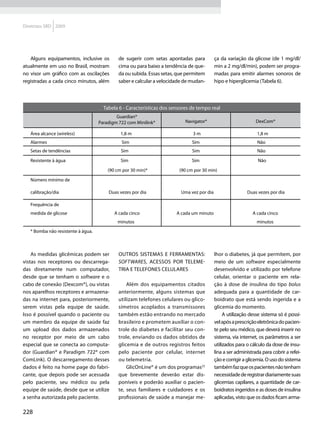 Diretrizes SBD 2009




   Alguns equipamentos, inclusive os           de sugerir com setas apontadas para           ça da variação da glicose (de 1 mg/dl/
atualmente em uso no Brasil, mostram           cima ou para baixo a tendência de que-        min a 2 mg/dl/min), podem ser progra-
no visor um gráfico com as oscilações          da ou subida. Essas setas, que permitem       madas para emitir alarmes sonoros de
registradas a cada cinco minutos, além         saber e calcular a velocidade de mudan-       hipo e hiperglicemia (Tabela 6).



                                         Tabela 6 - Características dos sensores de tempo real
                                            Guardian®
                                    Paradigm 722 com Minilink®                Navigator®                           DexCom®

   Área alcance (wireless)	         		          1,8 m		               	          3 m		                        	     1,8 m
   Alarmes				                                   Sim		                	          Sim		                              Não
   Setas de tendências	                         Sim		                            Sim		                              Não

   Resistente à água		                          Sim                              Sim                                Não

   		                                     (90 cm por 30 min)*              (90 cm por 30 min)	

   Número mínimo de

   calibração/dia	                         Duas vezes por dia               Uma vez por dia	                 Duas vezes por dia

   Frequência de
   medida de glicose                         A cada cinco                 A cada um minuto                        A cada cinco
                                               minutos      	                                                      minutos
   * Bomba não resistente à água.



    As medidas glicêmicas podem ser            Outros sistemas e ferramentas:                lhor o diabetes, já que permitem, por
vistas nos receptores ou descarrega-           softwares, acessos por teleme-                meio de um software especialmente
das diretamente num computador,                tria e telefones celulares                    desenvolvido e utilizado por telefone
desde que se tenham o software e o                                                           celular, orientar o paciente em rela-
cabo de conexão (Dexcom®), ou vistas               Além dos equipamentos citados             ção à dose de insulina do tipo bolus
nos aparelhos receptores e armazena-           anteriormente, alguns sistemas que            adequada para a quantidade de car-
das na internet para, posteriormente,          utilizam telefones celulares ou glico-        boidrato que está sendo ingerida e a
serem vistas pela equipe de saúde.             símetros acoplados a transmissores            glicemia do momento.
Isso é possível quando o paciente ou           também estão entrando no mercado                   A utilização desse sistema só é possí-
um membro da equipe de saúde faz               brasileiro e prometem auxiliar o con-         vel após a prescrição eletrônica do pacien-
um upload dos dados armazenados                trole do diabetes e facilitar seu con-        te pelo seu médico, que deverá inserir no
no receptor por meio de um cabo                trole, enviando os dados obtidos de           sistema, via internet, os parâmetros a ser
especial que se conecta ao computa-            glicemia e de outros registros feitos         utilizados para o cálculo da dose de insu-
dor (Guardian® e Paradigm 722® com             pelo paciente por celular, internet           lina a ser administrada para cobrir a refei-
ComLink). O descarregamento desses             ou telemetria.                                ção e corrigir a glicemia. O uso do sistema
dados é feito na home page do fabri-               GlicOnLine® é um dos programas22          também faz que os pacientes não tenham
cante, que depois pode ser acessada            que brevemente deverão estar dis-             necessidade de registrar diariamente suas
pelo paciente, seu médico ou pela              poníveis e poderão auxiliar o pacien-         glicemias capilares, a quantidade de car-
equipe de saúde, desde que se utilize          te, seus familiares e cuidadores e os         boidratos ingeridos e as doses de insulina
a senha autorizada pelo paciente.              profissionais de saúde a manejar me-          aplicadas, visto que os dados ficam arma-

228
 