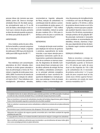 2009   Diretrizes SBD




pessoas idosas são menores que para            recomendam-se ingestão adequada                 mica. Na presença de microalbuminúria
adultos jovens (B). Deve-se encorajar          de fibras, redução de carboidratos na           e indivíduos com taxa de filtração glo-
atividades físicas (A). Na idade avança-       contribuição total de calorias e aumen-         merular superior a 70 ml/min, a oferta
da, principalmente após os 75 ou 80            to na quantidade de ácidos graxos n-3           de proteínas deverá manter-se em 0,8 a
anos de idade, a desnutrição é mais co-        e cis-monoinsaturado18,22. Para melhor          1 g/kg/dia, a mesma que para a popula-
mum que o excesso de peso, portanto            controle metabólico, indicam-se perda           ção saudável. Quando a taxa se encon-
se deve dar atenção quando se prescre-         de peso modesta (5% a 10%) para in-             tra entre 70 e 30 ml/min, recomenda-se
ver dietas para perda de peso (B)1,3,4.        divíduos acima do peso e aumento da             restrição proteica de 0,6 g/kg/dia (B)45.
                                               prática de exercícios físicos44.                Na prescrição nutricional, é necessário
Hipertensão                                                                                    ainda considerar as recomendações de
                                               Nefropatias                                     eletrólitos, minerais, vitaminas e líqui-
    Uma modesta perda de peso afeta,                                                           dos, que, dependendo da fase da doen-
de forma benéfica, a pressão sanguínea             A redução da função renal contribui         ça, deverão seguir conduta nutricional
(A). A meta deve ser reduzir a ingestão        para depleção de reservas de gorduras           específica.
de sódio para 2.400 mg ou de cloreto de        e proteínas, especialmente de tecido
sódio para 6.000 mg por dia (B)1,3,4,10.       muscular, o que requer atenção para o           Doenças catabólicas
                                               diagnóstico nutricional a partir de an-
Dislipidemias                                  tropometria e parâmetros laboratoriais,            Pode-se encontrar a energia ne-
                                               a fim de se conhecer as reservas corpo-         cessária para a maioria dos pacientes
    Para indivíduos com concentrações          rais. No diagnóstico de distrofia nutri-        hospitalizados quando se fornecem
plasmáticas de LDL-C elevadas, deve-           cional, deverá haver correção por meio          25 a 30 calorias por quilo de peso
se limitar os ácidos graxos saturados e        de oferta suficiente de energia. Na fase        atual ao dia (ingestão de 150 a 200
trans da alimentação a menos de 7% e           não dialítica, carboidratos constituem-         g de carboidratos) (A). A necessida-
reduzir a ingestão de ácido graxo trans        se no principal substrato energético,           de proteica oscila entre 1 e 1,5 g por
(ADA, 2009). O acréscimo de esteróis de        considerando-se haver ocorrência fre-           quilo de peso corporal atual ao dia,
plantas favorece a redução do coleste-         quente de dislipidemia e restrição pro-         sendo esse o limite superior forneci-
rol total e LDL-C24. Para indivíduos com       teica, que posterga o início da terapia         do a pacientes em estado de maior
triacilgliceróis plasmáticos elevados,         dialítica e reduz a sintomatologia urê-         estresse metabólico (A)3,6,46.



                                                           Conclusões finais
                                             Conclusão                                                     Grau de recomendação
 O estabelecimento de um plano alimentar para controlar pacientes com DM associado a mudanças
 no estilo de vida, incluindo atividade física, é considerado terapia de primeira escolha                            A

 Deve-se incentivar o consumo de carboidratos oriundos de hortaliças, leguminosas, grãos integrais,
 frutas e leite desnatado segundo os preceitos de uma dieta saudável                                                 A

 Pode-se substituir a sacarose por outros carboidratos e utilizá-la no contexto de um plano alimentar
 saudável                                                                                                            A

 Recomenda-se que o total de sacarose não ultrapasse 10% do valor calórico total                                     D
 Adoçantes não nutritivos são seguros quando consumidos até o nível diário aceitável de ingestão                     A
 estabelecido pela FDA
 A carga glicêmica oferece um modesto benefício adicional em relação à contagem de carboidrato                        B

 Não se verificam evidências suficientes para recomendar o uso de alimentos de baixo índice glicê-
 mico como estratégia primária no plano alimentar                                                                     B



                                                                                                                                    29
 
