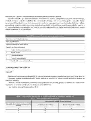 2009   Diretrizes SBD




exercícios, pois a resposta metabólica a estes dependerá de diversos fatores (Tabela 3).
   Pacientes com DM1 que praticam exercícios possuem maior risco de hipoglicemia, que pode ocorrer ao longo,
imediatamente ou horas depois do final dos exercícios. Insulinização intensiva permite ajustes adequados do tra-
tamento, viabilizando diversos níveis de exercícios, inclusive o competitivo. A monitorização glicêmica é a base
para adaptar o tratamento aos exercícios, devendo-se conduzi-la antes, ao longo (quando a duração for superior a
45 minutos) e depois dos exercícios. Por meio da monitorização de glicemia capilar, algumas regras gerais podem
auxiliar na adaptação do tratamento.



                                     Tabela 3. Fatores que influenciam a resposta aos exercícios
 Exercícios: intensidade, duração e tipo

 Nível de performance

 Horário e conteúdo da última refeição

 Fatores específicos do indivíduo:

 •	      Horário da última dose de insulina

 •	      Tipo de insulina

 •	      Controle metabólico

 •	      Presença de complicações

 •	      Fase do ciclo menstrual nas mulheres




Adaptação ao tratamento

Insulina

   O percentual preciso de redução da dose de insulina varia de acordo com cada pessoa. Como regra geral, deve-se:
   – reduzir a dose de insulina ultrarrápida (lispro, asparte ou glulisina) ou rápida (regular) da refeição anterior ao
exercício (Tabela 4);
   – diminuir a dose da insulina de ação intermediária ou prolongada (insulina NPH, glargina ou detemir), ou a basal da bom-
ba posterior ao exercício quando este tiver duração superior à habitual;
   – usar insulinas ultrarrápidas para os bolus (B, 3).




                  Tabela 4. Sugestão para reduzir a dose de insulina ultrarrápida da refeição pré-exercício em
                                        relação a duração e intensidade do exercício7
                                                                   Porcentagem de redução da dose de insulina
Intensidade do exercício (porcentagem de VO2
                                                      Trinta minutos de exercícios              Sessenta minutos de exercícios
                  máxima)

                     25                                           25                                            50
                     50                                           50                                            75
                     75                                           75                                             -


                                                                                                                                  35
 