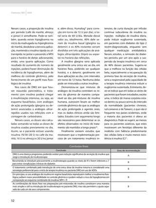 Diretrizes SBD 2009




Nesses casos, a proporção de insulina           e, além disso, Humalog® para corre-              tensivo, de curta duração por infusão
por período (café da manhã, almoço              ção em torno de 12 U por dia), o to-             continua subcutânea de insulina ou
e jantar) é semelhante. Pode-se tam-            tal seria de 68 U/dia. Metade desse              injeções múltiplas de insulina diária,
bém, quando existe hipoglicemia no              valor ou, idealmente, 40% dele se-               pode induzir euglicemia sustentada,
início da madrugada ou hiperglicemia            riam de insulina basal (glargina ou              em pacientes com diabetes do tipo 2
de manhã, desdobrar a terceira aplica-          detemir) e os 40% restantes seriam               recém-diagnosticado, enquanto sem
ção, mantendo a insulina rápida ou ul-          divididos em três aplicações de aná-             qualquer medicação antidiabética.
trarrápida no jantar e passando a NPH           logos ultrarrápidos (lispro ou aspar-            Nesses estudos, a remissão do diabe-
para o horário de deitar, adicionando,          te) no horário das refeições.                    tes persistiu por um ano após a sus-
então, uma quarta aplicação. Como                   A insulina glargina seria aplicada           pensão da terapia insulínica em cerca
resultado do aumento do número de               geralmente uma única vez ao dia, em              de 46% desses pacientes. Sugeriu-se
injeções, poderá haver diminuição da            horários fixos, podendo ser qualquer             que a melhora na função das células
incidência de hipoglicemias, além de            horário, e a detemir, geralmente em              beta, especialmente a recuperação da
melhora do controle glicêmico, pelo             duas aplicações ao dia, com intervalos           primeira fase da secreção de insulina,
fornecimento de um perfil mais fisio-           em torno de 12 horas. Nenhuma delas              seria a responsável pela capacidade de
lógico de insulina.                             pode ser misturada a outras insulinas.           a terapia insulínica intensiva induzir a
    Nos casos de DM2 em que hou-                    Demonstrou-se que misturas de                euglicemia sustentada. Entretanto, de-
ver exaustão pancreática, o trata-              análogos da insulina controlam os ní-            ve-se indicar que em todas as séries de
mento com insulina poderá chegar                veis da glicemia de maneira compa-               pacientes que foram estudados, exceto
à insulinização intensiva, ou seja, ao          rável ao das pré-misturas de insulina            uma, o índice de massa corpórea esta-
esquema basal/bolus, com análogos               humana, outrossim levam ao melhor                va dentro ou pouco acima do intervalo
de ação prolongada (glargina ou de-             controle glicêmico do que os análogos            da normalidade (pacientes chineses,
temir) associados a análogos ultrar-            de ação prolongada e agentes orais,              sul-coreanos e de Taiwan), o que não é
rápidos usados nas refeições com a              mas os dados clínicos ainda são limi-            frequente nos países ocidentais, onde
contagem de carboidratos.                       tados. Estudos com seguimento longo              a maioria dos pacientes é obesa ao
    Nesses casos, as doses são calcu-           são necessários para determinar se os            diagnóstico. Pode-se sugerir, ao menos
ladas somando-se todas as doses de              efeitos observados no início do trata-           para os pacientes asiáticos, que estes
insulina usadas previamente no dia.             mento são mantidos a longo prazo20.              mostravam um fenótipo diferente da
Assim, se o paciente estiver usando                 Finalmente existem estudos que               moléstia com falência predominante
insulina 70/30 (20 U no café da ma-             mostraram que a implementação pre-               das células beta e muito menos resis-
nhã, 16 U no almoço e 20 U no jantar            coce de um tratamento insulínico in-             tência à insulina (C)21.


                                                             Conclusões finais
                                              Conclusão                                                      Grau de recomendação
 DM2 é uma doença progressiva, podendo evoluir para redução significativa da secreção de insulina que
                                                                                                                       A
 exige a introdução de insulinoterapia
 Recomenda-se introduzir precocemente a insulinoterapia quando os níveis de A1c forem inferiores a 7
                                                                                                                       B
 para evitar complicações crônicas do diabetes
 O tratamento combinado pela introdução de uma única dose de insulina noturna é considerado uma
                                                                                                                       B
 estratégia preferencial para o início da terapia insulínica no paciente DM2 em uso de ADOs
 Em princípio, os uso análogos de insulina em regime basal-bolus reproduzem melhor a insulinemia fisio-
 lógica, exibem maior previsibilidade no controle glicêmico e podem reduzir o risco de hipoglicemias em                B
 comparação ao esquema combinado de insulinas NPH + R
 As combinações de doses fixas nas preparações pré-misturadas de insulina constituem uma maneira
 mais simples e útil na introdução de insulinoterapia no paciente DM2, mas não permitem o ajuste sepa-                 B
 rado de cada um de seus componentes



52
 