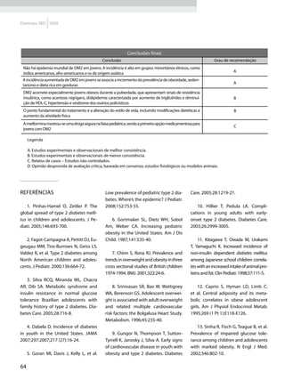 Diretrizes SBD 2009




                                                             Conclusões finais
                                               Conclusão                                                       Grau de recomendação
 Não há epidemia mundial de DM2 em jovens. A incidência é alta em grupos minoritários étnicos, como
 índios americanos, afro-americanos e os de origem asiática                                                               A

 A incidência aumentada de DM2 em jovens se associa a incremento da prevalência de obesidade, seden-
                                                                                                                          A
 tarismo e dieta rica em gorduras
 DM2 acomete especialmente jovens obesos durante a puberdade, que apresentam sinais de resistência
 insulínica, como acantose nigrigans, dislipidemia caracterizada por aumento de triglicérides e diminui-                  B
 ção de HDL-C, hipertensão e síndrome dos ovários policísticos
 O ponto fundamental do tratamento é a alteração do estilo de vida, incluindo modificações dietéticas e                   B
 aumento da atividade física
 A metformina mostrou-se uma droga segura na faixa pediátrica, sendo a primeira opção medicamentosa para
                                                                                                                          C
 jovens com DM2

     Legenda

     A. Estudos experimentais e observacionais de melhor consistência.
     B. Estudos experimentais e observacionais de menor consistência.
     C. Relatos de casos – Estudos não controlados.
     D. Opinião desprovida de avaliação crítica, baseada em consenso, estudos fisiológicos ou modelos animais.




Referências                                     Low prevalence of pediatric type 2 dia-           Care. 2005;28:1219-21.
                                                betes. Where’s the epidemic? J Pediatr.
    1. Pinhas-Hamel O, Zeitler P. The           2008;152:753-55.                                      10. Hillier T, Pedula LK. Compli-
global spread of type 2 diabetes melli-                                                           cations in young adults with early-
tus in children and adolescents. J Pe-             6. Gortmaker SL, Dietz WH, Sobol               onset type 2 diabetes. Diabetes Care.
diatr. 2005;146:693-700.                        Am, Weber CA. Increasing pediatric                2003;26:2999-3005.
                                                obesity in the United States. Am J Dis
   2. Fagot-Campagna A, Pettitt DJ, Eu-         Child. 1987;141:535-40.                               11. Kitagawa T, Owada M, Urakami
geugau MM, Tios-Burrows N, Geiss LS,                                                              T, Yamaguchi K. Increased incidence of
Valdez R, et al. Type 2 diabetes among              7. Chinn S, Rona RJ. Prevalence and           non-insulin dependent diabetes mellitus
North American children and adoles-             trends in overweight and obesity in three         among Japanese school children correla-
cents. J Pediatr. 2000;136:664-72.              cross sectional studies of British children       tes with an increased intake of animal pro-
                                                1974-1994. BMJ. 2001;322:24-6.                    teins and fat. Clin Pediatr. 1998;37:111-5.
    3. Silva RCQ, Miranda WL, Chacra
AR, Dib SA. Metabolic syndrome and                  8. Srinivasan SR, Bao W, Wattigney                12. Caprio S, Hyman LD, Limb C,
insulin resistance in normal glucose            WA, Berenson GS. Adolescent overwei-              et al. Central adiposity and its meta-
tolerance Brazilian adolescents with            ght is associated with adult overweight           bolic correlates in obese adolescent
family history of type 2 diabetes. Dia-         and related multiple cardiovascular               girls. Am J Physiol Endocrinol Metab.
betes Care. 2005;28:716-8.                      risk factors: the Bolgalusa Heart Study.          1995;269 (1 Pt 1):E118-E126.
                                                Metabolism. 1996;45:235-40.
   4. Dabela D. Incidence of diabetes                                                                13. Sinha R, Fisch G, Teague B, et al.
in youth in the United States. JAMA                 9. Gungor N, Thompson T, Sutton-              Prevalence of impaired glucose tole-
2007;297:2007;217 (27):16-24.                   Tyrrell K, Janosky J, Silva A. Early signs        rance among children and adolescents
                                                of cardiovascular disease in youth with           with marked obesity. N Engl J Med.
     5. Goran MI, Davis J, Kelly L, et al.      obesity and type 2 diabetes. Diabetes             2002;346:802-10.

64
 