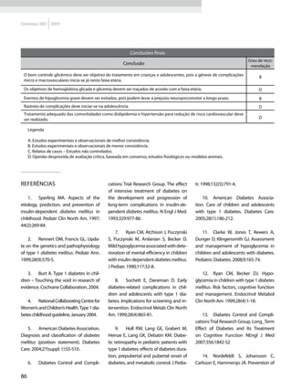 Diretrizes SBD 2009




                                                             Conclusões finais
                                                                                                                           Grau de reco-
                                                        Conclusão                                                           mendação

 O bom controle glicêmico deve ser objetivo do tratamento em crianças e adolescentes, pois a gênese de complicações
                                                                                                                                B
 micro e macrovasculares inicia-se já nesta faixa etária.
 Os objetivos de hemoglobina glicada e glicemia devem ser traçados de acordo com a faixa etária.                                D
 Eventos de hipoglicemia grave devem ser evitados, pois podem levar a prejuízo neuropsicomotor a longo prazo.                   B
 Rastreio de complicações deve iniciar-se na adolescência.                                                                      D
 Tratamento adequado das comorbidades como dislipidemia e hipertensão para redução de risco cardiovascular deve
 ser realizado.                                                                                                                 D

     Legenda

     A. Estudos experimentais e observacionais de melhor consistência.
     B. Estudos experimentais e observacionais de menor consistência.
     C. Relatos de casos – Estudos não controlados.
     D. Opinião desprovida de avaliação crítica, baseada em consenso, estudos fisiológicos ou modelos animais.




Referências                                     cations Trial Research Group. The effect       tr. 1998;132(5):791-4.
                                                of intensive treatment of diabetes on
    1.	 Sperling MA. Aspects of the             the development and progression of                 10.	 American Diabetes Associa-
etiology, prediction, and prevention of         long-term complications in insulin-de-         tion. Care of children and adolescents
insulin-dependent diabetes mellitus in          pendent diabetes mellitus. N Engl J Med.       with type 1 diabetes. Diabetes Care.
childhood. Pediatr Clin North Am. 1997;         1993;329:977-86.                               2005;28(1):186-212.
44(2):269-84.
                                                    7.	 Ryan CM, Atchison J, Puczynski             11.	 Clarke W, Jones T, Rewers A,
    2.	 Rennert OM, Francis GL. Upda-           S, Puczynski M, Arslanian S, Becker D.         Dunger D, Klingensmith GJ. Assessment
te on the genetics and pathophysiology          Mild hypoglycemia associated with dete-        and management of hypoglycemia in
of type 1 diabetes mellitus. Pediatr Ann.       rioration of mental efficiency in children     children and adolescents with diabetes.
1999;28(9):570-5.                               with insulin-dependent diabetes mellitus.      Pediatric Diabetes. 2008;9:165-74.
                                                J Pediatr. 1990;117:32-8.
   3.	 Burt A. Type 1 diabetes in chil-                                                            12.	 Ryan CM, Becker DJ. Hypo-
dren – Touching the void in research of             8.	 Sochett E, Daneman D. Early            glycemia in children with type 1 diabetes
evidence. Cochrane Collaboration, 2004.         diabetes-related complications in chil-        mellitus. Risk factors, cognitive function
                                                dren and adolescents with type 1 dia-          and management. Endocrinol Metabol
   4.	 National Collaborating Centre for        betes. Implications for screening and in-      Clin North Am. 1999;28(4):1-18.
Women’s and Children’s Health. Type 1 dia-      tervention. Endocrinol Metab Clin North
betes childhood guideline, January 2004.        Am. 1999;28(4):865-81.                             13.	 Diabetes Control and Compli-
                                                                                               cations Trial Research Group. Long_Term
   5.	 American Diabetes Association.                9.	 Holl RW, Lang GE, Grabert M,          Effect of Diabetes and Its Treatment
Diagnosis and classification of diabetes        Heinze E, Lang GK, Debatin KM. Diabe-          on Cognitive Function NEngl J Med
mellitus (position statement). Diabetes         tic retinopathy in pediatric patients with     2007;356:1842-52
Care. 2004;27(suppl. 1):S5-S10.                 type 1 diabetes: effects of diabetes dura-
                                                tion, prepubertal and pubertal onset of           14.	 Nordefeldt S, Johansson C,
     6.	   Diabetes Control and Compli-         diabetes, and metabolic control. J Pedia-      Carlsson E, Hammersjo JA. Prevention of

86
 