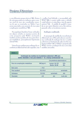 Projeto Diretrizes
Associação Médica Brasileira e Conselho Federal de Medicina




e com diferentes grupos étnicos14(B). Pontos                     o melhor local definido e recomendado pela
de corte para asiáticos e indianos, para o mes-                  WHO12(D) é o ponto médio entre o rebordo
mo nível de risco são considerados meno-                         costal inferior e a crista ilíaca, visto do aspecto
res do que os mostrados na Tabela 2 por                          anterior27(A). A medida do quadril é toma-
serem associados com aumento de risco para                       da no seu maior diâmetro com a fita métrica,
complicações metabólicas29(B).                                   passando sobre os trocânteres maiores.

    Na população brasileira foram utilizados                           Avaliação combinada
em alguns estudos os mesmos pontos de
corte propostos pela WHO, mostrando                                  A associação da medida da circunferência
também ser bom preditor de risco para doen-                      abdominal com o IMC pode oferecer uma for-
ças metabólicas, principalmente hipertensão                      ma combinada de avaliação de risco e ajudar
arterial30(C).                                                   a diminuir as limitações de cada uma das ava-
                                                                 liações isoladas10(A). A Tabela 3, proposta pela
   Vários locais e padrões para avaliação da cir-                WHO, resume a avaliação de risco com estas
cunferência abdominal têm sido sugeridos, mas                    medidas associadas.


    Tabela 3

                           Combinação das medidas de circunferência abdominal e IMC para
                      avaliar obesidade e risco para diabetes 2 31(A) e doença cardiovascular15(A)
                                                                             Circunferência abdominal(cm)
    Risco de complicações metabólicas                         IMC(kg/m2)      homem: 94-102              102+
                                                                               Mulher: 80-88              88+
    Baixo peso                                                  < 18,5               -                     -
    Peso saudável                                             18,5-24,9              -                aumentado
    Sobrepeso                                                  25-29,9          aumentado                 alto
    Obesidade                                                    ≥30                alto              muito alto




6                                                                                        Sobrepeso e Obesidade: Diagnóstico
 