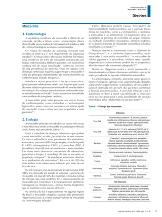 Arq Bras Cardiol: 2013; 100(4 Supl. 1): 1-36
Diretrizes
I Diretriz Brasileira de
Miocardites e Pericardites
Miocardite
1. Epidemiologia
A verdadeira incidência de miocardite é difícil de ser
estimada, devido a fatores como: apresentação clínica
diversificada, pouca realização biópsia endomiocárdica e falta
de critérios histológicos sensíveis e uniformizados.
Os relatos de estudos de autópsias estimam uma
incidência entre 0,2 e 12% dependendo da população
estudada1,2
. O ensaio clínico Myocarditis Treatment Trial relatou
uma incidência de 9,6% de miocardite comprovada por
biópsia endomiocárdica (BEM) em pacientes com insuficiência
cardíaca (IC) de causa inexplicada3
. Evidências recentes
de alta prevalência de genomas virais em adultos com
disfunção ventricular esquerda sugerem que a miocardite é
uma das principais determinantes do desenvolvimento da
cardiomiopatia dilatada idiopática4
.
Manifesta maior prevalência no sexo masculino,
principalmente adulto jovem, sendo uma das principais causas
de morte súbita em pessoas com menos de 40 anos de idade e
em crianças5
. Em crianças que sobrevivem à miocardite nota-
se evolutivamente ao fim de 12 anos, uma maior mortalidade
e necessidade de transplante cardíaco.
A miocardite pode estar presente em outras formas
de cardiomiopatias, como amiloidose e cardiomiopatia
hipertrófica, assim como em pacientes com infarto agudo
do miocárdio, o que confere um pior prognóstico a esses
pacientes6,7
.
2. Etiologia
A miocardite pode decorrer de diversas causas infecciosas
e não infecciosas sendo a miocardite secundária por infecção
viral a forma mais prevalente (tabela 1)8
.
Entre a variedade de doenças infecciosas que podem
causar miocardite, as infecções virais são as mais comuns.
Os vírus cardiotróficos mais prevalentes são adenovírus,
enterovirus, parvovirus-B19, herpes simples, vírus da hepatite
C (HCV), citomegalovírus (CMV), e Epstein-Barr (EBV). A
prevalência do perfil viral varia conforme o meio estudado.
Em nosso meio observa-se prevalência de adenovírus,
parvovírus e herpes, à semelhaça do que se encontra na
população europeia4,9
. Já população americana observa-
se o predomínio de enterovírus10
. Em cerca de 30% das
miocardites virais observamos infecção por mais de um
tipo de vírus.
Na infecção por vírus da imunodeficiência humana (HIV/
SIDA) foi observada em estudo de autopsia, a presença de
miocardite em mais de 50% dos pacientes. Em outras formas
de infecção não viral, podemos ter o desenvolvimento de
miocardite por Clostridium e Corynebacterium diphtheria,
Meningococcus, Streptococcus, Listeria e Borrelia burgdorferi,
que se manifesta como doença de Lyme11
.
Na América do Sul e especialmente em algumas regiões
do Brasil a miocardite chagásica causada pelo protozoário
Trypanosoma cruzi, é a forma mais prevalente de miocardite
ou cardiomiopatia dilatada12
.
Vários fármacos podem causar miocardite de
hipersensibilidade hipereosinofílica, ou a agressão tóxica
direta do miocárdio, como a ciclofosfamida, a fenitoína,
a zidovudina e as anfetaminas. O diagnóstico deve ser
suspeitado na presença de eosinofilia no sangue periférico
ou infiltrado eosinofílico miocárdico. Também podemos
ter o desenvolvimento de miocardite eosinofílica linfocítica
secundária a vacinação13-15
.
Doenças sistêmicas autoimunes como a síndrome de
Churg-Strauss16
, e a síndrome hipereosinofílica estão
associadas à miocardite eosinofílica17
. A miocardite de
células gigantes e a sarcoidose, embora raras, quando
diagnosticadas precocemente podem ter o prognóstico
alterado através de tratamento adequado18,19
.
Dentre as colagenoses temos a artrite reumatoide, a
dermatomiosite e o lúpus eritematoso sistêmico como as de
maior prevalência na agressão inflamatória miocárdica.
A cardiomiopatia periparto apresenta como possíveis
fatores etiológicos: agressão viral, autoimunidade, distúrbio
nutricional e origem familiar. A prevalência de miocardite é
variável observada em até 62% dos pacientes submetidos
a biópsia endomiocárdica. A provável infecção viral e
autoimune se deve à maior suscetibilidade às infecções
virais na fase gestacional e pela possibilidade de ativação
imunológica pelas células fetais na fase pós-parto20,21
.
Tabela 1 – Etiologia das miocardites.
Infecciosa
Vírus RNA
Picornaviruses (coxsackieA+ B, echovirus, poliovirus,
hepatitis virus), orthomyxovirus (influenza), paramyxoviruses
(respiratory syncitial virus, mumps), togaviruses (rubella),
flaviviruses (dengue fever, yellow fever)
Vírus DNA
Adenovirus (A1, 2 ,3, e 5), erythrovirus [1 (B19V) and 2],
herpesviruses (human herpes virus 6A/B, cytomegalievirus,
Epstein-Barr virus, varicella-zoster virus), retrovirus (HIV)
Bactérias
Chlamydia (C. pneumonia/psittacosis) haemophilus
influence, legionella, pneumophilia, brucella clostridium,
francisella tularensis, neisseria meningitis, mycobacterium
(tuberculosis), salmonella, staphylococcus, streptococcus A,
S. pneumonia, tularemia, tetanus, syphilis, Vibrio cholera
Espiroquetas Borrelia recurrentis, leptospira, Treponema pallidum
Reckettsia Coxiella burnetii, R. rickettsii/prowazekii
Fungos
Actinomyces, aspergillus, candida, cryptococcus,
histoplasma, nocardia
Protozoários
Entamoeba histolytica, leishmania, Plasmodium
falciparum, Trypanosoma cruzi, Trypanosoma brucei,
Toxoplasma gondii
Helmintos
Ascaris, Echinococcus granulosus, Schistosoma,
Trichinella spiralis, Wuchereria bancrofti
Não Infecciosa
Doenças
autoimunes
Dematomyositis, inflammatory bowel disease, rheumatoid
arthritis, Sjogren’s syndrome, systemic lupus erythematodes,
Wegener’s granulomatosis, giant cell myocarditis
Fármacos
Aminofilina, anfetaminas, antracíclicos, catecolaminas,
cloranfenicol, ciclofosfamida, doxorubicina, 5-fluoruracil,
fenitoína, mesilato, metilsergide, trastuzumab, zidovudine
1
 