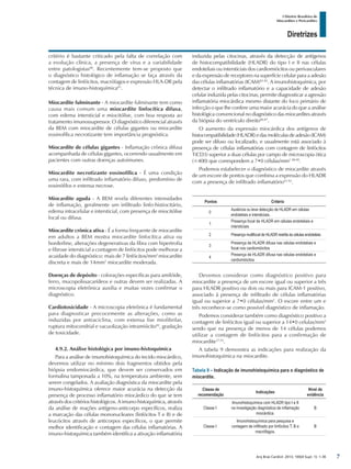 Arq Bras Cardiol: 2013; 100(4 Supl. 1): 1-36
Diretrizes
I Diretriz Brasileira de
Miocardites e Pericardites
critério é bastante criticado pela falta de correlação com
a evolução clínica, a presença de vírus e a variabilidade
entre patologistas80
. Recentemente tem-se proposto que
o diagnóstico histológico de inflamação se faça através da
contagem de linfócitos, macrófagos e expressão HLA-DR pela
técnica de imuno-histoquímica81
.
Miocardite fulminante - A miocardite fulminante tem como
causa mais comum uma miocardite linfocítica difusa,
com edema intersticial e miocitólise, com boa resposta ao
tratamento imunossupressor. O diagnóstico diferencial através
da BEM com miocardite de células gigantes ou miocardite
eosinofílica necrotizante tem importância prognóstica.
Miocardite de células gigantes - Inflamação crônica difusa
acompanhada de células gigantes, ocorrendo usualmente em
pacientes com outras doenças autoimunes.
Miocardite necrotizante eosinofílica - É uma condição
uma rara, com infiltrado inflamatório difuso, predomínio de
eosinófilos e extensa necrose.
Miocardite aguda - A BEM revela diferentes intensidades
de inflamação, geralmente um infiltrado linfo-histiocitário,
edema intracelular e intersticial, com presença de miocitólise
focal ou difusa.
Miocardite crônica ativa - É a forma frequente de miocardite
em adultos a BEM mostra miocardite linfocítica ativa ou
borderline, alterações degenerativas da fibra com hipertrofia
e fibrose intersticial a contagem de linfócitos pode melhorar a
acuidade do diagnóstico: mais de 7 linfócitos/mm2
miocardite
discreta e mais de 14mm2
miocardite moderada.
Doenças de depósito - colorações específicas para amilóide,
ferro, mucopolissacarídeos e outras devem ser realizadas. A
microscopia eletrônica auxilia e muitas vezes confirmar o
diagnóstico.
Cardiotoxicidade - A microscopia eletrônica é fundamental
para diagnosticar precocemente as alterações, como as
induzidas por antraciclina, com extensa lise miofibrilar,
ruptura mitocondrial e vacuolização intramiócito82
, gradação
de toxicidade.
4.9.2. Análise histológica por imuno-histoquímica
Para a análise de imunohistoquímica do tecido miocárdico,
devemos utilizar no mínimo dois fragmentos obtidos pela
biópsia endomiocárdica, que devem ser conservados em
formalina tamponada a 10%, na temperatura ambiente, sem
serem congelados. A avaliação diagnóstica da miocardite pela
imuno-histoquímica oferece maior acurácia na detecção da
presença de processo inflamatório miocárdico do que se tem
através dos critérios histológicos. A imuno-histoquímica, através
da análise de reações antígeno-anticorpo específicos, realiza
a marcação das células mononucleares (linfócitos T e B) e de
leucócitos através de anticorpos específicos, o que permite
melhor identificação e contagem das células inflamatórias. A
imuno-histoquímica também identifica a ativação inflamatória
induzida pelas citocinas, através da detecção de antígenos
de histocompatibilidade (HLADR) do tipo I e II nas células
endoteliais ou intersticiais dos cardiomiócitos ou perivasculares
e da expressão de receptores na superfície celular para a adesão
das células inflamatórias (ICAM)83-85
. A imunohistoquímica, por
detectar o infiltrado inflamatório e a capacidade de adesão
celular induzida pelas citocinas, permite diagnosticar a agressão
inflamatória miocárdica mesmo distante do foco primário de
infecção o que lhe confere uma maior acurácia do que a análise
histológica convencional no diagnóstico das miocardites através
da biópsia do ventrículo direito86,87
.
O aumento da expressão miocárdica dos antígenos de
histocompatibilidade(HLADR)edasmoléculasdeadesão(ICAM)
pode ser difuso ou localizado, e usualmente está associado à
presença de células inflamatórias com contagem de linfócitos
T(CD3) superior a duas células por campo de microscopia ótica
(×400) que correspondem a 7•0 células/mm2 88-90
.
Podemos estabelecer o diagnóstico de miocardite através
de um escore de pontos que combina a expressão do HLADR
com a presença de infiltrado inflamatório91,92
.
Pontos Critério
0
Ausência ou leve detecção de HLADR em células
endoteliais e intersticiais.
1
Presença focal de HLADR em células endoteliais e
intersticiais
2 Presença multifocal de HLADR restrita às células endoteliais
3
Presença de HLADR difusa nas células endoteliais e
focal nos cardiomiócitos
4
Presença de HLADR difusa nas células endoteliais e
cardiomiócitos
Devemos considerar como diagnóstico positivo para
miocardite a presença de um escore igual ou superior a três
para HLADR positivo ou dois ou mais para ICAM-1 positivo,
associado à presença de infiltrado de células inflamatórias
igual ou superior a 7•0 células/mm2
. O escore entre um e
três reconhece-se como possível diagnóstico de inflamação.
Podemos considerar também como diagnóstico positivo a
contagem de linfócitos igual ou superior a 14•0 celulas/mm2
sendo que na presença de menos de 14 células podemos
utilizar a contagem de linfócitos para a confirmação de
miocardite37,93
.
A tabela 9 demonstra as indicações para realização da
imunohistoquímica na miocardite.
Tabela 9 – Indicação de imunohistoquímica para o diagnóstico de
miocardite.
Classe de
recomendação
Indicações
Nível de
evidência
Classe I
Imunohistoquímica com HLADR tipo I e II
na investigação diagnóstica de inflamação
miocárdica.
B
Classe I
Imunohistoquímica para pesquisa e
contagem de infiltrado por linfócitos T, B e
macrófagos.
B
7
 