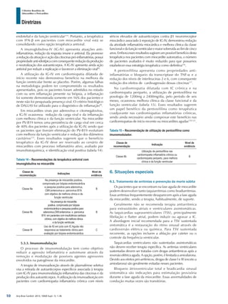 Arq Bras Cardiol: 2013; 100(4 Supl. 1): 1-36
Diretrizes
I Diretriz Brasileira de
Miocardites e Pericardites
endotelial e da função ventricular114
. Portanto, a terapêutica
com IFN-β em pacientes com miocardite viral está se
consolidando como opção terapêutica antiviral.
A imunoglobulina-IV (IG-IV) apresenta atuações anti-
inflamatórias, redução da resposta imune e antiviral. Ela promove
areduçãodaativaçãoeaçãodascitocinaspró-inflamatórias,possui
propriedadeanti-idiotípicacomconsequentereduçãodaprodução
e neutralização dos autoanticorpos. A IG-IV apresenta ainda ação
antiviral por reduzir a replicação e favorecer a eliminação viral99
.
A utilização da IG-IV em cardiomiopatia dilatada de
início recente não demonstrou benefício na melhora da
função ventricular frente ao placebo. Porém, algumas falhas
na metodologia podem ter comprometido os resultados
apresentados, pois os pacientes foram admitidos no estudo
com ou sem inflamação presente na biópsia, a inflamação
foi somente demonstrada somente em 16% dos pacientes e
neste não foi pesquisada presença viral. O critério histológico
de DALLAS foi utilizado para o diagnóstico de inflamação99
.
Em miocardites virais por adenovírus e citomegalovírus,
a IG-IV ocasionou redução da carga viral e da inflamação
com melhora clínica e da função ventricular. Na miocardite
por PV-B19 temos uma persistência de carga viral em cerca
de 40% dos pacientes após a utilização da IG-IV, sendo que
os pacientes que tiveram eliminação do PV-B19 evoluíram
com melhora da função ventricular e redução dos diâmetros
cavitários115
. Esses resultados sugerem que o benefício
terapêutico da IG-IV deve ser reservado ao cenário de
miocardites com processo inflamatório ativo, avaliado por
imunohistoquímica, e identificação viral positiva (tabela 14).
Tabela 14 – Recomendações da terapêutica antiviral com
imunoglobulina na miocardite
Classe de
recomendação
Indicações
Nível de
evidência
Classe IIa
Na presença de miocardite positiva,
comprovada por biópsia endomiocárdica
e pesquisa positiva para adenovirus,
CMV,enterovirus e parvovirus B19,
com objetivo de melhora clinica e da
função ventricular.
B
Classe IIb
Na presença de miocardite
positiva, comprovada por biópsia
endomiocárdica e pesquisa positiva para
adenovirus,CMV,enterovirus e parvovirus
B19 em pacientes com insuficiência cardíaca
crônica, com objetivo de melhora clinica
e da função ventricular.
B
Classe III
Uso de IG em pcts com IC Aguda não
responsiva ao tratamento clinico,sem
avaliação por biopsia endomiocárdica
C
5.3.3. Imunomodulação
O processo de imunomodulação tem como objetivo
reduzir a agressão inflamatória e autoimune através da
remoção e modulação de possíveis agentes agressores
envolvidos na patogênese da miocardite.
A terapia de imunoadsorção através de plasmaférese seletiva
visa a retirada de autoanticorpos específicos associada à terapia
com IG-IV para imunomodulação inflamatória das citocinas e da
produção dos autoanticorpos. A utilização da imunoadsorção em
pacientes com cardiomiopatia inflamatória crônica com níveis
séricos elevados de autoanticorpos contra β1 neurorreceptor
miocárdico associado à reposição de IG-IV, demonstrou redução
da atividade inflamatória miocárdica e melhora clínica da classe
funcionaledafunçãoventricularemaiorsobrevidaaofimdecinco
anos.Emboraessesresultadossugiramumpossívelbenefíciodesta
terapêutica nos pacientes com miocardite autoreativa, o número
de pacientes avaliados é muito reduzido para que possamos
estabelecer essa estratégia terapêutica como definitiva116
.
A pentoxifilina apresenta como propriedades anti-
inflamatórias o bloqueio da transcriptase do TNF-α e a
redução dos níveis de interleucinas 2 e 6, com consequente
redução dos efeitos de cardioagressão dessas citocinas117
.
Na cardiomiopatia dilatada com IC crônica e na
cardiomiopatia periparto, a utilização de pentoxifilina na
posologia de 1200mg a 2400mg/dia, pelo período de seis
meses, ocasionou melhora clínica da classe funcional e da
função ventricular (tabela 15). Esses resultados sugerem
um papel benéfico da pentoxifilina como terapêutica
coadjuvante nas cardiomiopatias inflamatórias crônicas,
sendo ainda necessário ainda comprovar este benefício nas
cardiomiopatias de início recente ou miocardites agudas118-121
.
Tabela 15 – Recomendação de utilização de pentoxifilina como
imunomodulador.
Classe de
recomendação
Indicação
Nível de
evidência
Classe IIb
Utilização de pentoxifilina nas
cardiomiopatia inflamatória crônica ou
cardiomiopatia periparto, para melhora
clínica e da função ventricular
B
6. Situações especiais
6.1. Tratamento de arritmias e prevenção da morte súbita
Os pacientes que se encontram na fase aguda de miocardite
podem desenvolver tanto taquiarritmias como bradiarritmias.
Essas arritmias frequentemente desaparecem após a fase aguda
da miocardite, sendo a terapia, habitualmente, de suporte.
Geralmente não se recomenda terapia antiarrítmica
para extrassístoles atriais e ventriculares assintomáticas.
As taquicardias supraventriculares (TSV), principalmente
fibrilação e flutter atrial, podem induzir ou agravar a IC.
A abordagem inicial recomendada para a TSV sustentada
sintomática é a restauração do ritmo sinusal através de
cardioversão elétrica ou química. Para TSV sustentada
recorrente, as opções incluem a ablação por cateter ou o
controle da frequência ventricular.
Taquicardias ventriculares não sustentadas assintomáticas
não devem receber terapia específica. As arritmias ventriculares
sustentadas devem ser tratadas com drogas antiarrítmicas após a
reversãoelétricaaguda.Aopção,porém,élimitadaaamiodarona.
Devido aos efeitos pró-arrítmicos, drogas de classe I e III (exceto a
amiodarona) são geralmente evitadas nesses pacientes.
Bloqueio átrioventricular total e bradicardia sinusal
sintomática são indicações para estimulação provisória
durante a fase aguda da miocardite. Essas anormalidades de
condução muitas vezes são transitórias.
10
 