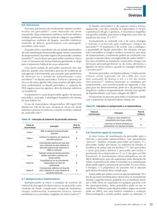 Arq Bras Cardiol: 2013; 100(4 Supl. 1): 1-36
Diretrizes
I Diretriz Brasileira de
Miocardites e Pericardites
6.6. Auto-imunes
Processos autoimunes de envolvimento sistêmico podem
resultar em pericardite295
como observado em artrite
reumatoide, lúpus eritematoso sistêmico, esclerose sistêmica
múltipla, polimiosite, doença mista do colágeno, espondilites
soronegativas, síndrome de Sjogren, vasculites sistêmicas,
síndrome de Behcet, granulomatose com poliangeíte,
sarcoidose, entre outras.
O quadro clínico varia desde o de um achado assintomático
até uma manifestação de pericardite aguda, menos comumente
de tamponamento, havendo registros de pericardite constritiva
transitória296
. Sua evolução para pericardite constritiva crônica
é rara. O manuseio das formas habituais geralmente se dirige
para o tratamento habitual da causa subjacente.
Uma forma isolada de pericardite autoimune tem sido
descrita, quando uma sistemática procura de evidências de
autoagressão é demonstrada, por exemplo, pelo predomínio
de linfócitos ou o achado de autoanticorpos contra
sarcolema297
no líquido pericárdico. Exclui-se a presença de
vírus ou de outros agentes infecciosos (ausência de IgM contra
vírus cardiotrópicos no líquido pericárdico e pesquisa de
PCR negativo para tais agentes), além de doenças sistêmicas
ou neoplásicas.
O tratamento é o usual da pericardite aguda e do derrame
pericárdico, associado à abordagem terapêutica da doença
de base (tabela 35).
O uso de triancinolona intrapericárdica 300 mg/m2
/24h
diluída em 100 ml de soro, mostrou-se eficaz em aliviar
sintomas e prevenir recorrências, evitando os efeitos colaterais
de corticoide oral298
.
Tabela 35 – Indicações de tratamento da pericardite autoimune.
Classe de
recomendação
Indicações
Nível de
evidência
Classe I
AINE no tratamento inicial de pericardite
autoimune
B
Classe I
Colchicina no tratamento das recidivas de
pericardite autoimune
B
Classe I
Corticosteroides sistêmicos em dose baixa
para o tratamento de casos refratários de
pericardite autoimune (não responsivos a
AINEs ou colchicina)
B
Classe I
Indicação cirúrgica de derrame pericárdico
refratário secundário a quilotórax pós
cirurgia cardíaca
B
Classe IIa
Possibilidade de uso de corticosteroide
intrapericárdico em casos de
refratariedade
B
Classe III
Corticosteroides sistêmicos em dose alta
para o tratamento de casos refratários de
pericardite autorimune
B
6.7. Quilopericárdio e hipotireoidismo
Quilopericárdio se refere à condição de acúmulo de
material de drenagem do ducto torácico no pericárdio como
resultado de fístula, complicando cirurgia de mediastino,
cirurgia cardiovascular, traumatismo torácico, tumores
mediastínicos ou anomalias congênitas do ducto torácico250
.
O líquido pericárdico é de aspecto branco leitoso,
opalescente, com alto conteúdo de triglicerídeos (5–50 g/L)
e proteína(22–60 g/L) e gorduras. A ressonância magnética
traz grandes subsídios para firmar o diagnóstico por meio da
sequência dos sinais T1 e T2299
.
Eventualmente se confunde com o de outras etiologias
e somente é esclarecido após exploração cirúrgica do
pericárdio300
. O tratamento é de acordo com a etiologia e
a quantidade de líquido pericárdico. Em situações em que
este é secundário a cirúrgica cardíaca ou torácica, sem sinais
de tamponamento, o tratamento poderá ser conduzido com
punção ocasional e dieta com triglicérides de cadeia média301
.
Em casos refratários ao tratamento conservador, cirurgia com
derivação pericardioperitoneal ou de forma alternativa à
ligadura do ducto torácico, quando se consegue identificar
o seu percurso302
.
Derrame pericárdico em hipotireoidismo é relativamente
comum, sendo registrado em 30 a 80% dos casos
mais avançados da doença e em 3 a 6% das formas
mais precoces303
. Embora raramente se complique por
tamponamento, essa ocorrência pode ser registrada, e uma
pista para seu desenvolvimento pode ser a da presença de
frequência cardíaca inesperadamente elevada num quadro
de hipotireoidismo, com baixa voltagem de QRS304
.
O tratamento do derrame pericárdico é facilmente obtido
com o tratamento do hipotireoidismo (tabela 36).
Tabela 36 – Indicações no quilopericárdio e no hipotireoidismo.
Classe de
recomendação
Indicações
Nível de
evidência
I
Cirurgia em casos refratários de
quilopericárdio pós-cirurgia cardíaca
B
I
Tratamento do derrame pericárdico em
hipotireoidismo com reposição tireoidiana
B
6.8. Pós-infarto agudo do miocárdio
As duas formas de manifestação da pericardite após o
IAM são a pericardite epistenocárdica, com apresentação
“precoce”, também chamada pericardite peri-infarto, e a
pericardite “tardia” pós-infarto, ou síndrome de Dressler. A
incidência de ambas está em declínio305,306
. Dor pericárdica
e atrito pericárdico definem a pericardite peri-infarto e
geralmente ela se desenvolve no 2o
ou 3o
dia após um IAM
transmural. As manifestações eletrocardiográficas são de
difícil identificação, pois são superpostas pelas alterações do
infarto. A persitência de ondas T invertidas ou a normalização
destas pode sugerir a presença de pericardite. O curso clínico
é benigno, e o prognóstico do paciente não é alterado
pelo desenvolvimento desta complicação.
A pericardite pós-infarto ocorre em aproximadamente 5% a
6% de pacientes trombolisados e desenvolve-se normalmente
durante a segunda semana, podendo vir a se manifestar meses
pós o IAM. Deve ser suspeitada em qualquer paciente com
dor pleuropericárdica. Atrito pericárdico pode ou não se
manifestar. A diferenciação de pericardite e angina recorrente
pode ser difícil, mas uma história cuidadosa e avaliação
eletrocardiográfica seriada podem ajudar na distinção. A
25
 