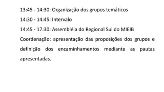 13:45 - 14:30: Organização dos grupos temáticos
14:30 - 14:45: Intervalo
14:45 - 17:30: Assembléia do Regional Sul do MIEIB
Coordenação: apresentação das proposições dos grupos e
definição dos encaminhamentos mediante as pautas
apresentadas.
 