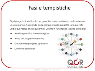 Ogni progetto è strutturato per garantire una consulenza continuativa per
un intero anno. A seconda della complessità del progetto sono previste
una o due risorse che seguiranno il Cliente in tutte fasi di seguito elencate:
Analisi e pianificazione strategica
Avvio del progetto operativo
Gestione del progetto operativo
Controllo dei risultati
© QCR Consulting 2013 – Tutti i diritti riservati
 