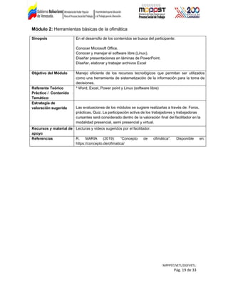 Módulo 2: Herramientas básicas de la ofimática
Sinopsis En el desarrollo de los contenidos se busca del participante:
Conocer Microsoft Office.
Conocer y manejar el software libre (Linux).
Diseñar presentaciones en láminas de PowerPoint.
Diseñar, elaborar y trabajar archivos Excel
Objetivo del Módulo Manejo eficiente de los recursos tecnológicos que permitan ser utilizados
como una herramienta de sistematización de la información para la toma de
decisiones.
Referente Teórico
Práctico / Contenido
Temático:
* Word, Excel, Power point y Linux (software libre)
Estrategia de
valoración sugerida Las evaluaciones de los módulos se sugiere realizarlas a través de: Foros,
prácticas, Quiz. La participación activa de los trabajadores y trabajadoras
cursantes será considerado dentro de la valoración final del facilitador en la
modalidad presencial, semi presencial y virtual.
Recursos y material de
apoyo
Lecturas y videos sugeridos por el facilitador.
Referencias R. MARIA (2019): “Concepto de ofimática”. Disponible en:
https://concepto.de/ofimatica/
MPPPST/VETL/DGFVETL:
Pág. 19 de 33
 