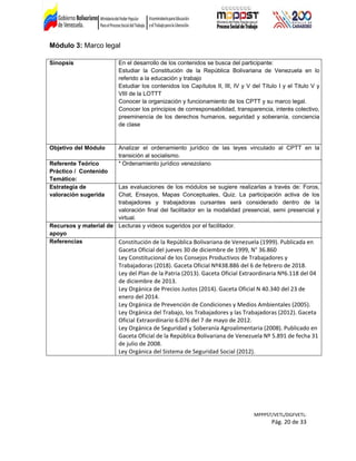 Módulo 3: Marco legal
Sinopsis En el desarrollo de los contenidos se busca del participante:
Estudiar la Constitución de la República Bolivariana de Venezuela en lo
referido a la educación y trabajo
Estudiar los contenidos los Capítulos II, III, IV y V del Título I y el Titulo V y
VIII de la LOTTT
Conocer la organización y funcionamiento de los CPTT y su marco legal.
Conocer los principios de corresponsabilidad, transparencia, interés colectivo,
preeminencia de los derechos humanos, seguridad y soberanía, conciencia
de clase
Objetivo del Módulo Analizar el ordenamiento jurídico de las leyes vinculado al CPTT en la
transición al socialismo.
Referente Teórico
Práctico / Contenido
Temático:
* Ordenamiento jurídico venezolano
Estrategia de
valoración sugerida
Las evaluaciones de los módulos se sugiere realizarlas a través de: Foros,
Chat, Ensayos, Mapas Conceptuales, Quiz. La participación activa de los
trabajadores y trabajadoras cursantes será considerado dentro de la
valoración final del facilitador en la modalidad presencial, semi presencial y
virtual.
Recursos y material de
apoyo
Lecturas y videos sugeridos por el facilitador.
Referencias Constitución de la República Bolivariana de Venezuela (1999). Publicada en
Gaceta Oficial del jueves 30 de diciembre de 1999, N° 36.860
Ley Constitucional de los Consejos Productivos de Trabajadores y
Trabajadoras (2018). Gaceta Oficial Nº438.886 del 6 de febrero de 2018.
Ley del Plan de la Patria (2013). Gaceta Oficial Extraordinaria Nº6.118 del 04
de diciembre de 2013.
Ley Orgánica de Precios Justos (2014). Gaceta Oficial N 40.340 del 23 de
enero del 2014.
Ley Orgánica de Prevención de Condiciones y Medios Ambientales (2005).
Ley Orgánica del Trabajo, los Trabajadores y las Trabajadoras (2012). Gaceta
Oficial Extraordinario 6.076 del 7 de mayo de 2012.
Ley Orgánica de Seguridad y Soberanía Agroalimentaria (2008). Publicado en
Gaceta Oficial de la República Bolivariana de Venezuela Nº 5.891 de fecha 31
de julio de 2008.
Ley Orgánica del Sistema de Seguridad Social (2012).
MPPPST/VETL/DGFVETL:
Pág. 20 de 33
 