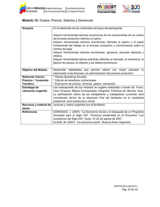 Módulo 12: Costos, Precios, Salarios y Ganancias
Sinopsis En el desarrollo de los contenidos se busca del participante:
Adquirir herramientas teóricas económicas de los componentes de los costos
del proceso productivo distintos al salario
Adquirir herramientas teóricas económicas referidas al salario y el papel
fundamental del trabajo en el proceso productivo y conocimientos sobre la
nómina de pago
Adquirir herramientas teóricas económicas: ganancia, plusvalía absoluta y
relativa.
Adquirir herramientas teórico-prácticas referidas al mercado, la mercancía, la
fijación de precios, la inflación y los delitos económicos
Objetivo del Módulo Desarrollar habilidades que permita valorar con mayor precisión lo
relacionado a las finanzas y la administración del proceso productivo.
Referente Teórico
Práctico / Contenido
Temático:
* Planes Operativos Anuales
* Cálculo de beneficios contractuales
* Estimación de precios, nóminas, gastos, reinversión
Estrategia de
valoración sugerida
Las evaluaciones de los módulos se sugiere realizarlas a través de: Foros,
Chat, Ensayos, Mapas Conceptuales, Infografía, Prácticas de cálculos, Quiz.
La participación activa de los trabajadores y trabajadoras cursantes será
considerado dentro de la valoración final del facilitador en la modalidad
presencial, semi presencial y virtual.
Recursos y material de
apoyo
Lecturas y videos sugeridos por el facilitador.
Referencias CORAGGIO, J. (2007): “La Economía Social y la búsqueda de un Programa
Socialista para el Siglo XXI”. Ponencia presentada en el Encuentro “Los
socialismos del Siglo XXI”, Quito, 21-22 de agosto de 2007.
ELGUE, M. (2007): “La economía social”. Buenos Aires- Argentina.
MPPPST/VETL/DGFVETL:
Pág. 29 de 33
 