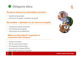 Institut Català d’Oncologia
• Programa de gestió ambiental
• Pla d’eficiència energètica
• Campanyes de sensibilització
• Pactes d’empresa
• Pla de comunicació interna
• Pla d’igualtat d’oportunitats
• Avaluació de resultats (DPOs)
• Nou model d’avaluació individual
Racionalitzar i optimitzar l’ús de recursos energètics
Millorar el clima laboral i augmentar el
compromís amb l’empresa
Obligació ètica
• Equilibri pressupostari
• Autonomia de gestió: contractes de gestió
Promoure mesures de sostenibilitat econòmica
 