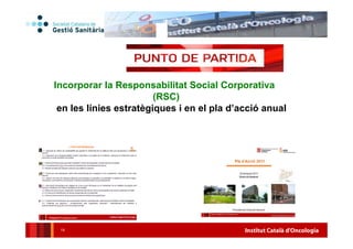 Institut Català d'Oncologia15
Incorporar la Responsabilitat Social Corporativa
(RSC)
en les línies estratègiques i en el pla d’acció anual
 