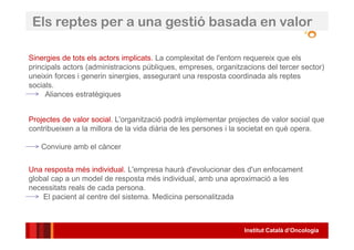 Institut Català d’Oncologia
Sinergies de tots els actors implicats. La complexitat de l'entorn requereix que els
principals actors (administracions públiques, empreses, organitzacions del tercer sector)
uneixin forces i generin sinergies, assegurant una resposta coordinada als reptes
socials.
Aliances estratègiques
Projectes de valor social. L'organització podrà implementar projectes de valor social que
contribueixen a la millora de la vida diària de les persones i la societat en què opera.
Conviure amb el càncer
Una resposta més individual. L'empresa haurà d'evolucionar des d'un enfocament
global cap a un model de resposta més individual, amb una aproximació a les
necessitats reals de cada persona.
El pacient al centre del sistema. Medicina personalitzada
Els reptes per a una gestió basada en valor
 