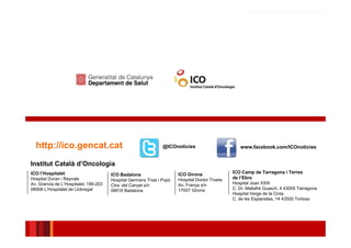 Institut Català d’Oncologia
52
@ICOnoticies www.facebook.com/ICOnoticieshttp://ico.gencat.cat
Institut Català d’Oncologia
ICO l’Hospitalet
Hospital Duran i Reynals
Av. Granvia de L’Hospitalet, 199-203
08908 L’Hospitalet de Llobregat
ICO Badalona
Hospital Germans Trias i Pujol
Ctra. del Canyet s/n
08916 Badalona
ICO Girona
Hospital Doctor Trueta
Av. França s/n
17007 Girona
ICO Camp de Tarragona i Terres
de l’Ebre
Hospital Joan XXIII
C. Dr. Mallafrè Guasch, 4 43005 Tarragona
Hospital Verge de la Cinta
C. de les Esplanetes, 14 43500 Tortosa
 