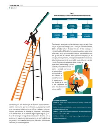 34 Abr. Mai. Jun. 2010
  gestão

                                                                                                                  Figura 1
                                                                         Modelo da competência e construção de espaço identitário nas organizações

                                                                                                          Modelo da competência



                                                                           Mercado                                Mercado                              Mercado
                                                                          de Trabalho                            de Trabalho                          de Trabalho
                                                                            Interno                                Interno                             Externo



                                                                          Mobilização                             Atitudes
                                                                                                                                                      Valorização
                                                                          de recursos                              perante
                                                                                                                                                      da proﬁssão
                                                                            sociais                              a mudança




                                                                      É ainda importante observar, nas diferentes organizações, a inte-
                                                                      racção da gestão estratégica com a inovação (Sanchez e Heene,
                                                                      2004). Uma boa cultura deve ser ﬂexível e de fácil adaptação a
                                                                      novas situações. E há várias formas de inovação a que o sector
                                                                      público e o sector privado podem recorrer: novos serviços, no-
                                                                      vos grupos-alvo de clientes, novos processos de produção de
                                                                      serviços, novas parcerias, novos processos de tomada de deci-
                                                                      são, novas estruturas de governação, novas culturas organiza-
                                                                      cionais. Tendo em conta todas as áreas em que se
                                                                      pode inovar, ser estratégico, neste
                                                                      contexto, implica também ser se-
                                                                      lectivo e centrado nas formas
                                                                      e nas escolhas
                                                                      de organização
                                                                      do trabalho. E
                                                                      este é também,
                                                                      e seguramente,
                                                                      um desaﬁo a ter con-
                                                                      ta em conjunturas de
                                                                      crise mas também de
                                                                      oportunidades.




                                                                        REFERÊNCIAS BIBLIOGRÁFICAS
                                                                        ALMEIDA, P. P., Trabalho, Serviço e Serviços: Contributos para a Sociologia do Trabalho, Porto,
essenciais para uma mobilização de recursos sociais no merca-           Afrontamento, 2005.
do intra-empresarial, quer ao nível macro, i.e., supra-empresarial      BILHIM, J. F. A., Questões Actuais de Gestão de Recursos Humanos, Lisboa, Instituto Superior
e do mercado de trabalho externo, onde se conjugam e/ou con-            de Ciências Sociais e Políticas, 2002.
frontam mecanismos de valorização identitária e proﬁssional,            HEINRICH, C. J. e LYNN, Jr., L. E., Governance and Performance: New Perspectives, Washington
quer ao nível micro, do dia-a-dia das organizações (Figura 1). Tra-     DC, Georgetown University Press, 2000.
ta-se de conseguir um equilíbrio virtuoso entre desaﬁos para a          SANCHEZ, R. e HEENE, A., The New Strategic Management: Organization, Competition, and
performance organizacional e mecanismos de valorização dessa            Competence, Nova Iorque, 2004.
performance e do trabalho humano nos diferentes subsistemas
de avaliação dos desempenhos.
 