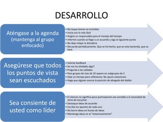 DESARROLLO
• No toque temas no incluidos
• Inicie con lo más fácil
• Asigne un responsable para el manejo del tiempo
• Informe cuando se llego a un acuerdo y siga al siguiente punto
• No deje relajar la disciplina
• Recuerde periódicamente. Que se ha hecho, que se esta haciendo, que se
hará
Aténgase a la agenda
(mantenga al grupo
enfocado)
• Solicite feedback
• Se nos ha olvidado algo?
• Pregunte a los callados
• Para grupos de mas de 10 separe en subgrupos de 3
• Deje un tiempo para reflexionar. No apure votaciones
• Haga que alguien asuma la posición de abogado del diablo
Asegúrese que todos
los puntos de vista
sean escuchados
• El silencio no significa poca participación sea sensible a la necesidad de
otros de escuchar
• Destaque ideas de acuerdo
• Escriba los aportes de cada uno
• No borre ideas en lluvias de ideas
• Mantenga ideas en el “estacionamiento”
Sea consiente de
usted como líder
 