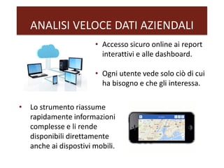 ANALISI VELOCE DATI AZIENDALI
• Accesso sicuro online ai report
interattivi e alle dashboard.
• Ogni utente vede solo ciò di cui
ha bisogno e che gli interessa.
• Lo strumento riassume
rapidamente informazioni
complesse e li rende
disponibili direttamente
anche ai dispostivi mobili.
 