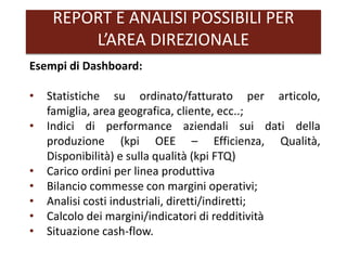 REPORT E ANALISI POSSIBILI PER
L’AREA DIREZIONALE
Esempi di Dashboard:
• Statistiche su ordinato/fatturato per articolo,
famiglia, area geografica, cliente, ecc..;
• Indici di performance aziendali sui dati della
produzione (kpi OEE – Efficienza, Qualità,
Disponibilità) e sulla qualità (kpi FTQ)
• Carico ordini per linea produttiva
• Bilancio commesse con margini operativi;
• Analisi costi industriali, diretti/indiretti;
• Calcolo dei margini/indicatori di redditività
• Situazione cash-flow.
 