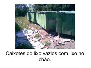 Caixotes do lixo vazios com lixo no chão. 