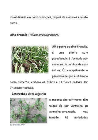 durabilidade em boas condições, depois de maduros é muito
curto.
Alho francês (Allium ampeloprassum)
Alho-porro ou alho-francês,
é uma planta cujo
pseudocaule é formado por
camadas de bainhas de suas
folhas. É principalmente o
pseudocaule que é utilizado
como alimento, embora as folhas e as flores possam ser
utilizadas também.
-Beterraba:( Beta vulgaris)
A maioria das cultivares têm
raízes de cor vermelha ou
vermelha-arroxeada, mas
também há variedades
13 de junho 2017
 