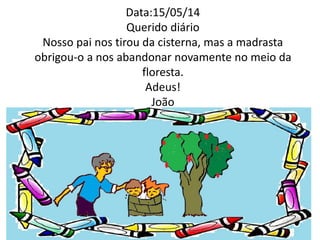 Data:15/05/14 
Querido diário 
Nosso pai nos tirou da cisterna, mas a madrasta 
obrigou-o a nos abandonar novamente no meio da 
floresta. 
Adeus! 
João 
 