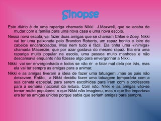 Este diário é de uma rapariga chamada Nikki J.Maxwell, que se acaba de
   mudar com a família para uma nova casa e uma nova escola.
Nessa nova escola, vai fazer duas amigas que se chamam Chloe e Zoey. Nikki
   vai ter uma paixoneta pelo Brandon Roberts, um rapaz bonito e loiro de
   cabelos encaracolados. Mas nem tudo é fácil. Ela tinha uma «inimiga»
   chamada Macenzie, que por azar gostava do mesmo rapaz. Ela era uma
   rapariga muito popular na escola, uma pessoa muito manhosa e não
   descansava enquanto não fizesse algo para envergonhar a Nikki .
Nikki vai ser envergonhada e todos se vão rir e falar mal dela por trás, mas
   ela vai ter sempre as amigas para a animar.
Nikki e as amigas tiveram a ideia de fazer uma tatuagem ,mas os pais não
   deixavam. Então, a Nikki decidiu fazer uma tatuagem temporária com a
   sua caneta especial, para serem escolhidas para irem com a professora
   para a semana nacional da leitura. Com isto, Nikki e as amigas vão-se
   tornar muito populares, o que Nikki não imaginou, mas o que lhe importava
   era ter as amigas unidas porque sabia que seriam amigas para sempre.
 