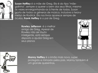 Rowley Jefferson é o melhor
amigo de Greg. Apesar de
Rowley não ser muito
inteligente, está sempre
disposto a ajudar Greg em
seus planos
Susan Heffley é a mãe de Greg. Ela é do tipo "mãe-
galinha", sempre a querer o bem dos seus filhos, mesmo
às vezes envergonhando-os à frente de todos. Susan
gosta de todos os géneros de música, inclusive o heavy
metal de Rodrick. Ela nos livros aparece sempre de
óculos. Frank Heffley é o pai de Greg.
Manny Heffley é o irmão mais novo, super
protegido e mimado pelos pais. Manny também é
um grande queixinhas.
 