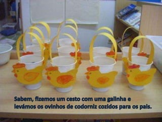 Sabem, fizemos um cesto com uma galinha e levámos os ovinhos de codorniz cozidos para os pais. 