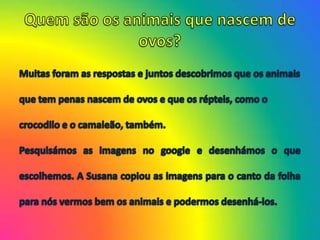 Muitas foram as respostas e juntos descobrimos que os animaisque tem penas nascem de ovos e que os répteis, como ocrocodilo e o camaleão, também.Pesquisámos as imagens no google e desenhámos oque escolhemos. A Susana copiou as imagens para o canto da folha para nós vermos bem os animais e podermos desenhá-los.Quem são os animais que nascem de ovos?