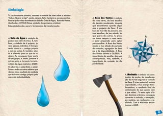 Simbologia
Tu, ao tornares-te pioneiro, assumes a vontade de viver sobre a máxima
“Saber,	Querer	e	Agir”,	sendo,	sempre,	fiel	a	ti	próprio	e	aos	seus	sonhos.	   A Rosa dos Ventos é símbolo
Para te ajudar nisso reconheces os símbolos Gota de Água, Rosa-dos-Ventos,     do rumo certo, da boa escolha,
Machada e ICTHUS (Peixe, símbolo dos primeiros cristãos).                      da decisão ponderada, daquele
Estes símbolos são, para ti, ferramentas de transformação.                     que encontramos quando segui-
                                                                               mos o projecto de Deus. É sím-
                                                                               bolo da tua vida de pioneiro, das
                                                                               tuas escolhas, da tua atitude, do
                                                                               que queres dos outros. Tu procu-
A Gota de Água é símbolo da                                                    ras tomar sempre o rumo certo,
pureza que vem de Deus. É, tam-                                                e estar preparado para optar,
bém, o símbolo de ti próprio, jo-                                              para escolher. A Rosa dos Ventos
vem, pessoa, indivíduo. É transpa-                                             mostra a tua atitude de portador
rente, como tu — contigo próprio                                               de vontades, agregador de dese-
e com os outros. É, também, alen-                                              jos e de disponibilidade. A Rosa
to e alimento para os que te ro-                                               dos Ventos salienta o QUERER. A
deiam. Tu consegues fazer parte                                                importância da escolha, das suas
de um grupo, e, assim, juntas-te a                                             consequências, mas, também, a
outras gotas e tornas-te torrente.                                             importância da vontade, da dis-
A Gota de Água mostra-te o SABER.                                              ponibilidade.
O saber-Ser, o saber-Estar, o saber-
Fazer e todos os outros saberes que
vêm ao cimo, resultado do combate
que tu travas contigo próprio pela                                                                                 A Machada é símbolo da cons-
marca da individualidade.                                                                                          trução, da acção, da transforma-
                                                                                                                   ção do mundo segundo a vontade
                                                                                                                   de Deus. É o teu potencial, as tuas
                                                                                                                   capacidades, a tua energia trans-
                                                                                                                   formadora,	 o	 resultado	 final	 da	
                                                                                                                   combinação do que queres com
                                                                                                                   o que sabes... Tu estás apto a fa-
                                                                                                                   zer, dominas a técnica, consegues
                                                                                                                   converter o sonhado, o desejado,
                                                                                                                   em matéria, em realização e re-
                                                                                                                   alidade. Com a Machada encon-
                                                                                                                   tramos o AGIR.


                                                                                                                                                          35
 