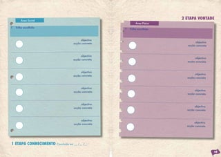 Área Social
                                                                           2 ETAPA VONTADE
                                                            Área Física
T   Trilho escolhido                                T   Trilho escolhido



                                        objectivo
                                   acção concreta                                  objectivo
                                                                              acção concreta



                                        objectivo
                                                                                   objectivo
                                   acção concreta
                                                                             acção concreta



                                        objectivo
                                                                                   objectivo
                                   acção concreta
                                                                             acção concreta



                                        objectivo
                                                                                  objectivo
                                   acção concreta
                                                                             acção concreta



                                        objectivo
                                                                                  objectivo
                                   acção concreta
                                                                             acção concreta



                                        objectivo
                                                                                  objectivo
                                   acção concreta
                                                                             acção concreta




1 ETAPA CONHECIMENTO   Concluída em __ /__ /__

                                                                                               65
 