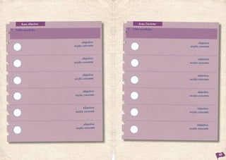 Área Afectiva                             Área Carácter

T   Trilho escolhido                      T   Trilho escolhido



                             objectivo                                 objectivo
                        acção concreta                            acção concreta



                             objectivo                                  objectivo
                        acção concreta                            acção concreta



                             objectivo                                  objectivo
                        acção concreta                            acção concreta



                             objectivo                                 objectivo
                        acção concreta                            acção concreta



                              objectivo                                objectivo
                         acção concreta                           acção concreta



                              objectivo                                objectivo
                         acção concreta                           acção concreta




                                                                                    67
 
