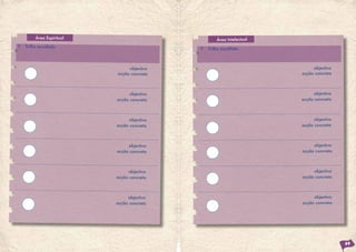 Área Espiritual                             Área Intelectual
T   Trilho escolhido
                                             T   Trilho escolhido



                                objectivo                                    objectivo
                           acção concreta                               acção concreta



                                 objectivo                                   objectivo
                           acção concreta                               acção concreta



                                 objectivo                                   objectivo
                           acção concreta                               acção concreta



                                objectivo                                    objectivo
                           acção concreta                               acção concreta



                                objectivo                                    objectivo
                           acção concreta                               acção concreta



                                objectivo                                    objectivo
                           acção concreta                               acção concreta




                                                                                         69
 