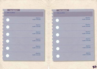 Área Espiritual                            Área Intelectual
T   Trilho escolhido                        T   Trilho escolhido



                                objectivo                                   objectivo
                           acção concreta                              acção concreta



                                objectivo                                   objectivo
                           acção concreta                              acção concreta



                                objectivo                                   objectivo
                           acção concreta                              acção concreta



                                objectivo                                   objectivo
                           acção concreta                              acção concreta



                                objectivo                                   objectivo
                           acção concreta                              acção concreta



                                objectivo                                   objectivo
                           acção concreta                              acção concreta




                                                                                        75
 