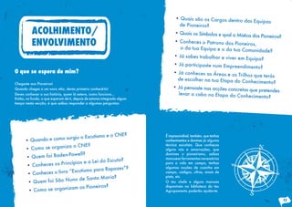• Quais são os Cargos dentro da
                                                                                                                s Equipas
                                                                                 de Pioneiros?
          ACOLHIMENTO/                                                         • Quais os Símbolos e qual a Místic
                                                                                                                  a dos Pioneiros?
          ENVOLVIMENTO                                                        • Conheces o Patrono dos Pione
                                                                                 o da tua Equipa e o da tua Comu
                                                                                                                 iros,
                                                                                                                      nidade?
                                                                              • Já sabes trabalhar e viver em
                                                                                                                 Equipa?
                                                                              • Já participaste num Empreendim
                                                                                                                    ento?
O que se espera de mim?                                                       • Já conheces as Áreas e os Tri
                                                                                                               lhos que terás
                                                                                de escolher na tua Etapa do Co
Chegaste aos Pioneiros!
                                                                                                                  nhecimento?
                                                                              • Já pensaste nas acções concreta
Quando chegas a um novo sítio, deves primeiro conhecê-lo!                                                        s que pretendes
Deves conhecer a sua história, quem lá esteve, como funciona...                 levar a cabo na Etapa do Conh
Então, no fundo, o que esperam de ti, depois de estares integrado algum
                                                                                                                   ecimento?
tempo nesta secção, é que saibas responder a algumas perguntas:




                                      tismo e o CNE?
                  como surgiu o Escu
                                                                          É imprescindível, também, que tenhas
      • Quando e                                                          conhecimentos e domines já alguma
                        za o CNE?                                         técnica escutista. Que conheças
      • Como se organi                                                    alguns nós e amarrações, que
                         -Powell?
      • Quem foi Baden
                                                                          domines o pioneirismo, saibas
                                                                          manusear ferramentas necessárias
                                                 ta?
                            pios e a Lei do Escu
         Conheces os Princí
                                                                          para a vida em campo, tenhas
      •
                                         ra Rapazes”?                     algumas noções de cozinha em
       • Conheces o livro “Escutismo pa                                   campo, códigos, cifras, sinais de

                             o de Santa Maria?
                                                                          pista, etc.
       • Quem foi São Nun                                                 O teu chefe e alguns manuais
                            m os Pioneiros?                               disponíveis na biblioteca do teu
       • Como se organiza                                                 Agrupamento poderão ajudar-te.

                                                                                                                                     13
 