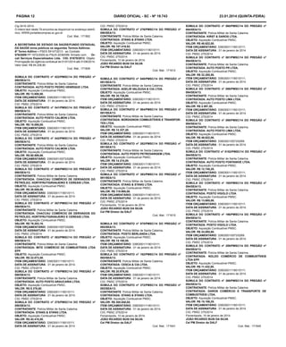 PÁGINA 12
Cig:3419 /2014
O inteiro teor deste TA encontra-se disponível no endereço eletrônico: WWW.portaldecompras.sc.gov.br
Cod. Mat.: 171562
A SECRETARIA DE ESTADO DA SAÚDE/FUNDO ESTADUAL
DA SAÚDE torna públicos os seguintes Termos Aditivos:
6º Termo Aditivo – PSES 59147/2013 - ao Contrato
576/2009 PP 1972/2009 do PSUS 2038/099. firmado com:
Orcali Serviços Especializados Ltda. CIG: 61679/2013. Objeto:
Prorrogação da vigência contratual de 01/01/2014 até 31/08/2014.
Valor total: R$ 64.208,80
Cod. Mat.: 171609
SÚMULA DO CONTRATO  nº  022/PMSC/14  DO PREGÃO nº
090/SEA/13.
CONTRATANTE: Polícia Militar de Santa Catarina.
CONTRATADA: AUTO POSTO PEDRO HENRIQUE LTDA.
OBJETO: Aquisição Combustível PMSC.
VALOR: R$ 13.800,00.
ITEM ORÇAMENTÁRIO: 33903001/11801/0111.
DATA DE ASSINATURA : 01 de janeiro de 2014.
CIG: PMSC 275/2014
SÚMULA DO CONTRATO  nº  041/PMSC/14  DO PREGÃO nº
090/SEA/13.
CONTRATANTE: Polícia Militar de Santa Catarina.
CONTRATADA: AUTO POSTO CALMON LTDA.
OBJETO: Aquisição Combustível PMSC.
VALOR: R$ 15.088,00.
ITEM ORÇAMENTÁRIO: 33903001/11801/0111.
DATA DE ASSINATURA : 01 de janeiro de 2014.
CIG: PMSC 275/2014
SÚMULA DO CONTRATO  nº  042/PMSC/14  DO PREGÃO nº
090/SEA/13.
CONTRATANTE: Polícia Militar de Santa Catarina.
CONTRATADA: AUTO POSTO CALMON LTDA.
OBJETO: Aquisição Combustível PMSC.
VALOR: R$ 60.889,88.
ITEM ORÇAMENTÁRIO: 33903001/0073/0269.
DATA DE ASSINATURA : 01 de janeiro de 2014.
CIG: PMSC 275/2014
SÚMULA DO CONTRATO  nº  056/PMSC/14  DO PREGÃO nº
090/SEA/13.
CONTRATANTE: Polícia Militar de Santa Catarina.
CONTRATADA: CHACCAU COMÉRCIO DE DERIVADOS DO
PETRÓLEO, HORTIFRUTIGRANJEIRO E CEREAIS LTDA.
OBJETO: Aquisição Combustível PMSC.
VALOR: R$ 28.009,86.
ITEM ORÇAMENTÁRIO: 33903001/11801/0111.
DATA DE ASSINATURA : 01 de janeiro de 2014.
CIG: PMSC 275/2014
SÚMULA DO CONTRATO  nº  057/PMSC/14  DO PREGÃO nº
090/SEA/13.
CONTRATANTE: Polícia Militar de Santa Catarina.
CONTRATADA: CHACCAU COMÉRCIO DE DERIVADOS DO
PETRÓLEO, HORTIFRUTIGRANJEIRO E CEREAIS LTDA.
OBJETO: Aquisição Combustível PMSC.
VALOR: R$ 79.203,10.
ITEM ORÇAMENTÁRIO: 33903001/0073/0269.
DATA DE ASSINATURA : 01 de janeiro de 2014.
CIG: PMSC 275/2014
SÚMULA DO CONTRATO  nº  083/PMSC/14  DO PREGÃO nº
090/SEA/13.
CONTRATANTE: Polícia Militar de Santa Catarina.
CONTRATADA: MITE COMÉRCIO DE COMBUSTÍVEIS LTDA
EPP.
OBJETO: Aquisição Combustível PMSC.
VALOR: R$ 22.073,50.
ITEM ORÇAMENTÁRIO: 33903001/11801/0111.
DATA DE ASSINATURA : 01 de janeiro de 2014.
CIG: PMSC 275/2014
SÚMULA DO CONTRATO  nº  179/PMSC/14  DO PREGÃO nº
090/SEA/13.
CONTRATANTE: Polícia Militar de Santa Catarina.
CONTRATADA: AUTO POSTO ARAUCARIA LTDA.
OBJETO: Aquisição Combustível PMSC.
VALOR: R$ 8.376,60.
ITEM ORÇAMENTÁRIO: 33903001/11801/0111.
DATA DE ASSINATURA : 01 de janeiro de 2014.
CIG: PMSC 275/2014
SÚMULA DO CONTRATO  nº  275/PMSC/14  DO PREGÃO nº
090/SEA/13.
CONTRATANTE: Polícia Militar de Santa Catarina.
CONTRATADA: STANG & STANG LTDA.
OBJETO: Aquisição Combustível PMSC.
VALOR: R$ 42.410,50.
ITEM ORÇAMENTÁRIO: 33903001/11801/0111.
DATA DE ASSINATURA : 01 de janeiro de 2014.

DIÁRIO OFICIAL - SC - Nº 19.743
CIG: PMSC 275/2014
SÚMULA DO CONTRATO  nº  276/PMSC/14  DO PREGÃO nº
090/SEA/13.
CONTRATANTE: Polícia Militar de Santa Catarina.
CONTRATADA: STANG & STANG LTDA.
OBJETO: Aquisição Combustível PMSC.
VALOR: R$ 157.419,82.
ITEM ORÇAMENTÁRIO: 33903001/11801/0111.
DATA DE ASSINATURA : 01 de janeiro de 2014.
CIG: PMSC 275/2014
Florianópolis, 10 de janeiro de 2014.
JOÃO RICARDO BUSI DA SILVA
Cel PM Diretor da DALF
Cod. Mat.: 171612
SÚMULA DO CONTRATO  nº  048/PMSC/14  DO PREGÃO nº
091/SEA/13.
CONTRATANTE: Polícia Militar de Santa Catarina.
CONTRATADA: ADELIR VALDUGA & CIA LTDA.
OBJETO: Aquisição Combustível PMSC.
VALOR: R$ 35.726,00.
ITEM ORÇAMENTÁRIO: 33903001/11801/0111.
DATA DE ASSINATURA : 01 de janeiro de 2014.
CIG: PMSC 275/2014
SÚMULA DO CONTRATO  nº  064/PMSC/14  DO PREGÃO nº
091/SEA/13.
CONTRATANTE: Polícia Militar de Santa Catarina.
CONTRATADA: BORDIGNON COMBUSTÍVEIS E TRANSPORTES LTDA.
OBJETO: Aquisição Combustível PMSC.
VALOR: R$ 12.337,20.
ITEM ORÇAMENTÁRIO: 33903001/11801/0111.
DATA DE ASSINATURA : 01 de janeiro de 2014.
CIG: PMSC 275/2014
SÚMULA DO CONTRATO  nº  282/PMSC/14  DO PREGÃO nº
091/SEA/13.
CONTRATANTE: Polícia Militar de Santa Catarina.
CONTRATADA: AUTO POSTO PETROVARGEM LTDA.
OBJETO: Aquisição Combustível PMSC.
VALOR: R$ 14.210,00.
ITEM ORÇAMENTÁRIO: 33903001/11801/0111.
DATA DE ASSINATURA : 01 de janeiro de 2014.
CIG: PMSC 275/2014
SÚMULA DO CONTRATO  nº  393/PMSC/14  DO PREGÃO nº
091/SEA/13.
CONTRATANTE: Polícia Militar de Santa Catarina.
CONTRATADA: STANG & STANG LTDA.
OBJETO: Aquisição Combustível PMSC.
VALOR: R$ 119.995,00.
ITEM ORÇAMENTÁRIO: 33903001/11801/0111.
DATA DE ASSINATURA : 01 de janeiro de 2014.
CIG: PMSC 275/2014
Florianópolis, 10 de janeiro de 2014.
JOÃO RICARDO BUSI DA SILVA
Cel PM Diretor da DALF
Cod. Mat.: 171615
SÚMULA DO CONTRATO  nº  075/PMSC/14  DO PREGÃO nº
093/SEA/13.
CONTRATANTE: Polícia Militar de Santa Catarina.
CONTRATADA: POSTO BERLANDA LTDA.
OBJETO: Aquisição Combustível PMSC.
VALOR: R$ 15.180,00.
ITEM ORÇAMENTÁRIO: 33903001/11801/0111.
DATA DE ASSINATURA : 01 de janeiro de 2014.
CIG: PMSC 275/2014
SÚMULA DO CONTRATO  nº  192/PMSC/14  DO PREGÃO nº
093/SEA/13.
CONTRATANTE: Polícia Militar de Santa Catarina.
CONTRATADA: CESCA & CIA LTDA.
OBJETO: Aquisição Combustível PMSC.
VALOR: R$ 20.976,00.
ITEM ORÇAMENTÁRIO: 33903001/11801/0111.
DATA DE ASSINATURA : 01 de janeiro de 2014.
CIG: PMSC 275/2014
SÚMULA DO CONTRATO  nº  372/PMSC/14  DO PREGÃO nº
093/SEA/13.
CONTRATANTE: Polícia Militar de Santa Catarina.
CONTRATADA: STANG & STANG LTDA.
OBJETO: Aquisição Combustível PMSC.
VALOR: R$ 205.848,85.
ITEM ORÇAMENTÁRIO: 33903001/11801/0111.
DATA DE ASSINATURA : 01 de janeiro de 2014.
CIG: PMSC 275/2014
Florianópolis, 10 de janeiro de 2014.
JOÃO RICARDO BUSI DA SILVA
Cel PM Diretor da DALF
Cod. Mat.: 171641

23.01.2014 (quinta-feira)
SÚMULA DO CONTRATO  nº  060/PMSC/14  DO PREGÃO nº
094/SEA/13.
CONTRATANTE: Polícia Militar de Santa Catarina.
CONTRATADA: KIRST & DAROS LTDA.
OBJETO: Aquisição Combustível PMSC.
VALOR: R$ 48.622,00.
ITEM ORÇAMENTÁRIO: 33903001/11801/0111.
DATA DE ASSINATURA : 01 de janeiro de 2014.
CIG: PMSC 275/2014
SÚMULA DO CONTRATO  nº  081/PMSC/14  DO PREGÃO nº
094/SEA/13.
CONTRATANTE: Polícia Militar de Santa Catarina.
CONTRATADA: AUTO POSTO PR LTDA.
OBJETO: Aquisição Combustível PMSC.
VALOR: R$ 32.200,50.
ITEM ORÇAMENTÁRIO: 33903001/11801/0111.
DATA DE ASSINATURA : 01 de janeiro de 2014.
CIG: PMSC 275/2014
SÚMULA DO CONTRATO  nº  098/PMSC/14  DO PREGÃO nº
094/SEA/13.
CONTRATANTE: Polícia Militar de Santa Catarina.
CONTRATADA: AUTO POSTO LIMA LTDA.
OBJETO: Aquisição Combustível PMSC.
VALOR: R$ 2.591,50.
ITEM ORÇAMENTÁRIO: 33903001/11801/0111.
DATA DE ASSINATURA : 01 de janeiro de 2014.
CIG: PMSC 275/2014
SÚMULA DO CONTRATO  nº  099/PMSC/14  DO PREGÃO nº
094/SEA/13.
CONTRATANTE: Polícia Militar de Santa Catarina.
CONTRATADA: AUTO POSTO LIMA LTDA.
OBJETO: Aquisição Combustível PMSC.
VALOR: R$ 48.622,00.
ITEM ORÇAMENTÁRIO: 33903001/0073/0269.
DATA DE ASSINATURA : 01 de janeiro de 2014.
CIG: PMSC 275/2014
SÚMULA DO CONTRATO  nº  0152/PMSC/14  DO PREGÃO nº
094/SEA/13.
CONTRATANTE: Polícia Militar de Santa Catarina.
CONTRATADA: AUTO POSTO FONTANIVE LTDA.
OBJETO: Aquisição Combustível PMSC.
VALOR: R$ 12.745,25.
ITEM ORÇAMENTÁRIO: 33903001/11801/0111.
DATA DE ASSINATURA : 01 de janeiro de 2014.
CIG: PMSC 275/2014
SÚMULA DO CONTRATO  nº  195/PMSC/14  DO PREGÃO nº
094/SEA/13.
CONTRATANTE: Polícia Militar de Santa Catarina.
CONTRATADA: POSTO VIGOLO LTDA.
OBJETO: Aquisição Combustível PMSC.
VALOR: R$ 13.685,00.
ITEM ORÇAMENTÁRIO: 33903001/11801/0111.
DATA DE ASSINATURA : 01 de janeiro de 2014.
CIG: PMSC 275/2014
SÚMULA DO CONTRATO  nº  196/PMSC/14  DO PREGÃO nº
094/SEA/13.
CONTRATANTE: Polícia Militar de Santa Catarina.
CONTRATADA: POSTO VIGOLO LTDA.
OBJETO: Aquisição Combustível PMSC.
VALOR: R$ 24,085,60.
ITEM ORÇAMENTÁRIO: 33903001/0073/0269.
DATA DE ASSINATURA : 01 de janeiro de 2014.
CIG: PMSC 275/2014
SÚMULA DO CONTRATO  nº  259/PMSC/14  DO PREGÃO nº
094/SEA/13.
CONTRATANTE: Polícia Militar de Santa Catarina.
CONTRATADA: NOLDO COMÉRCIO DE COMBUSTÍVEIS
LTDA EPP.
OBJETO: Aquisição Combustível PMSC.
VALOR: R$ 11.432,00.
ITEM ORÇAMENTÁRIO: 33903001/11801/0111.
DATA DE ASSINATURA : 01 de janeiro de 2014.
CIG: PMSC 275/2014
SÚMULA DO CONTRATO  nº  369/PMSC/14  DO PREGÃO nº
094/SEA/13.
CONTRATANTE: Polícia Militar de Santa Catarina.
CONTRATADA: DAROS COMÉRCIO E TRANSPORTE DE
COMBUSTÍVEIS LTDA.
OBJETO: Aquisição Combustível PMSC.
VALOR: R$ 15.106,25.
ITEM ORÇAMENTÁRIO: 33903001/11801/0111.
DATA DE ASSINATURA : 01 de janeiro de 2014.
CIG: PMSC 275/2014
Florianópolis, 10 de janeiro de 2014.
JOÃO RICARDO BUSI DA SILVA
Cel PM Diretor da DALF
Cod. Mat.: 171645

 