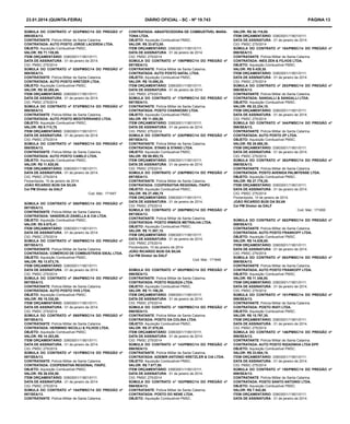 23.01.2014 (quinta-feira)
SÚMULA DO CONTRATO  nº  023/PMSC/14  DO PREGÃO
095/SEA/13.
CONTRATANTE: Polícia Militar de Santa Catarina.
CONTRATADA: AUTO POSTO JORGE LACERDA LTDA.
OBJETO: Aquisição Combustível PMSC.
VALOR: R$ 71.139,00.
ITEM ORÇAMENTÁRIO: 33903001/11801/0111.
DATA DE ASSINATURA : 01 de janeiro de 2014.
CIG: PMSC 275/2014
SÚMULA DO CONTRATO  nº  025/PMSC/14  DO PREGÃO
095/SEA/13.
CONTRATANTE: Polícia Militar de Santa Catarina.
CONTRATADA: AUTO POSTO KRETZER LTDA.
OBJETO: Aquisição Combustível PMSC.
VALOR: R$ 30.265,44.
ITEM ORÇAMENTÁRIO: 33903001/11801/0111.
DATA DE ASSINATURA : 01 de janeiro de 2014.
CIG: PMSC 275/2014
SÚMULA DO CONTRATO  nº  073/PMSC/14  DO PREGÃO
095/SEA/13.
CONTRATANTE: Polícia Militar de Santa Catarina.
CONTRATADA: AUTO POSTO MEDITERRANEO LTDA.
OBJETO: Aquisição Combustível PMSC.
VALOR: R$ 9.713,75.
ITEM ORÇAMENTÁRIO: 33903001/11801/0111.
DATA DE ASSINATURA : 01 de janeiro de 2014.
CIG: PMSC 275/2014
SÚMULA DO CONTRATO  nº  165/PMSC/14  DO PREGÃO
095/SEA/13.
CONTRATANTE: Polícia Militar de Santa Catarina.
CONTRATADA: AUTO POSTO CAMILO LTDA.
OBJETO: Aquisição Combustível PMSC.
VALOR: R$ 11.828,00.
ITEM ORÇAMENTÁRIO: 33903001/11801/0111.
DATA DE ASSINATURA : 01 de janeiro de 2014.
CIG: PMSC 275/2014
Florianópolis, 10 de janeiro de 2014.
JOÃO RICARDO BUSI DA SILVA
Cel PM Diretor da DALF
Cod. Mat.: 171647

DIÁRIO OFICIAL - SC - Nº 19.743
nº

nº

nº

nº

SÚMULA DO CONTRATO  nº  050/PMSC/14  DO PREGÃO nº
097/SEA/13.
CONTRATANTE: Polícia Militar de Santa Catarina.
CONTRATADA: VANDERLEI ZANELLA & CIA LTDA.
OBJETO: Aquisição Combustível PMSC.
VALOR: R$ 8.675,41.
ITEM ORÇAMENTÁRIO: 33903001/11801/0111.
DATA DE ASSINATURA : 01 de janeiro de 2014.
CIG: PMSC 275/2014
SÚMULA DO CONTRATO  nº  085/PMSC/14  DO PREGÃO nº
097/SEA/13.
CONTRATANTE: Polícia Militar de Santa Catarina.
CONTRATADA: COMÉRCIO DE COMBUSTÍVEIS IDEAL LTDA.
OBJETO: Aquisição Combustível PMSC.
VALOR: R$ 13.573,75.
ITEM ORÇAMENTÁRIO: 33903001/11801/0111.
DATA DE ASSINATURA : 01 de janeiro de 2014.
CIG: PMSC 275/2014
SÚMULA DO CONTRATO  nº  094/PMSC/14  DO PREGÃO nº
097/SEA/13.
CONTRATANTE: Polícia Militar de Santa Catarina.
CONTRATADA: AUTO POSTO VVS LTDA.
OBJETO: Aquisição Combustível PMSC.
VALOR: R$ 15.330,00.
ITEM ORÇAMENTÁRIO: 33903001/11801/0111.
DATA DE ASSINATURA : 01 de janeiro de 2014.
CIG: PMSC 275/2014
SÚMULA DO CONTRATO  nº  095/PMSC/14  DO PREGÃO nº
097/SEA/13.
CONTRATANTE: Polícia Militar de Santa Catarina.
CONTRATADA: HERMINIO NICOLLI & FILHOS LTDA.
OBJETO: Aquisição Combustível PMSC.
VALOR: R$ 14.303,89.
ITEM ORÇAMENTÁRIO: 33903001/11801/0111.
DATA DE ASSINATURA : 01 de janeiro de 2014.
CIG: PMSC 275/2014
SÚMULA DO CONTRATO  nº  151/PMSC/14  DO PREGÃO nº
097/SEA/13.
CONTRATANTE: Polícia Militar de Santa Catarina.
CONTRATADA: COOPERATIVA REGIONAL ITAIPÚ.
OBJETO: Aquisição Combustível PMSC.
VALOR: R$ 26.530,50.
ITEM ORÇAMENTÁRIO: 33903001/11801/0111.
DATA DE ASSINATURA : 01 de janeiro de 2014.
CIG: PMSC 275/2014
SÚMULA DO CONTRATO  nº  154/PMSC/14  DO PREGÃO nº
097/SEA/13.
CONTRATANTE: Polícia Militar de Santa Catarina.

CONTRATADA: ABASTECEDORA DE COMBUSTÍVEL MARATONA LTDA.
OBJETO: Aquisição Combustível PMSC.
VALOR: R$ 33.672,00.
ITEM ORÇAMENTÁRIO: 33903001/11801/0111.
DATA DE ASSINATURA : 01 de janeiro de 2014.
CIG: PMSC 275/2014
SÚMULA DO CONTRATO  nº  159/PMSC/14  DO PREGÃO nº
097/SEA/13.
CONTRATANTE: Polícia Militar de Santa Catarina.
CONTRATADA: AUTO POSTO NATAL LTDA.
OBJETO: Aquisição Combustível PMSC.
VALOR: R$ 15.086,20.
ITEM ORÇAMENTÁRIO: 33903001/11801/0111.
DATA DE ASSINATURA : 01 de janeiro de 2014.
CIG: PMSC 275/2014
SÚMULA DO CONTRATO  nº  178/PMSC/14  DO PREGÃO nº
097/SEA/13.
CONTRATANTE: Polícia Militar de Santa Catarina.
CONTRATADA: POSTO CHARNOSKI LTDA.
OBJETO: Aquisição Combustível PMSC.
VALOR: R$ 11.500,50.
ITEM ORÇAMENTÁRIO: 33903001/11801/0111.
DATA DE ASSINATURA : 01 de janeiro de 2014.
CIG: PMSC 275/2014
SÚMULA DO CONTRATO  nº  220/PMSC/14  DO PREGÃO nº
097/SEA/13.
CONTRATANTE: Polícia Militar de Santa Catarina.
CONTRATADA: STANG & STANG LTDA.
OBJETO: Aquisição Combustível PMSC.
VALOR: R$ 69.993,70.
ITEM ORÇAMENTÁRIO: 33903001/11801/0111.
DATA DE ASSINATURA : 01 de janeiro de 2014.
CIG: PMSC 275/2014
SÚMULA DO CONTRATO  nº  236/PMSC/14  DO PREGÃO nº
097/SEA/13.
CONTRATANTE: Polícia Militar de Santa Catarina.
CONTRATADA: COOPERATIVA REGIONAL ITAIPÚ.
OBJETO: Aquisição Combustível PMSC.
VALOR: R$ 27.490,75
ITEM ORÇAMENTÁRIO: 33903001/11801/0111.
DATA DE ASSINATURA : 01 de janeiro de 2014.
CIG: PMSC 275/2014
SÚMULA DO CONTRATO  nº  289/PMSC/14  DO PREGÃO nº
097/SEA/13.
CONTRATANTE: Polícia Militar de Santa Catarina.
CONTRATADA: POSTO IRMÃOS METRALHA LTDA.
OBJETO: Aquisição Combustível PMSC.
VALOR: R$ 11.507,15.
ITEM ORÇAMENTÁRIO: 33903001/11801/0111.
DATA DE ASSINATURA : 01 de janeiro de 2014.
CIG: PMSC 275/2014
Florianópolis, 10 de janeiro de 2014.
JOÃO RICARDO BUSI DA SILVA
Cel PM Diretor da DALF
Cod. Mat.: 171648
SÚMULA DO CONTRATO  nº  093/PMSC/14  DO PREGÃO nº
098/SEA/13.
CONTRATANTE: Polícia Militar de Santa Catarina.
CONTRATADA: POSTO RIQUEZA LTDA.
OBJETO: Aquisição Combustível PMSC.
VALOR: R$ 11.106,20.
ITEM ORÇAMENTÁRIO: 33903001/11801/0111.
DATA DE ASSINATURA : 01 de janeiro de 2014.
CIG: PMSC 275/2014
SÚMULA DO CONTRATO  nº  100/PMSC/14  DO PREGÃO nº
098/SEA/13.
CONTRATANTE: Polícia Militar de Santa Catarina.
CONTRATADA: POSTO DA COLINA LTDA.
OBJETO: Aquisição Combustível PMSC.
VALOR: R$ 27.876,00.
ITEM ORÇAMENTÁRIO: 33903001/11801/0111.
DATA DE ASSINATURA : 01 de janeiro de 2014.
CIG: PMSC 275/2014
SÚMULA DO CONTRATO  nº  143/PMSC/14  DO PREGÃO nº
098/SEA/13.
CONTRATANTE: Polícia Militar de Santa Catarina.
CONTRATADA: ADEMIR ANTONIO KRETZLER & CIA LTDA.
OBJETO: Aquisição Combustível PMSC.
VALOR: R$ 7.877,00.
ITEM ORÇAMENTÁRIO: 33903001/11801/0111.
DATA DE ASSINATURA : 01 de janeiro de 2014.
CIG: PMSC 275/2014
SÚMULA DO CONTRATO  nº  183/PMSC/14  DO PREGÃO nº
098/SEA/13.
CONTRATANTE: Polícia Militar de Santa Catarina.
CONTRATADA: POSTO DO NENE LTDA.
OBJETO: Aquisição Combustível PMSC.

PÁGINA 13
VALOR: R$ 36.119,00.
ITEM ORÇAMENTÁRIO: 33903001/11801/0111.
DATA DE ASSINATURA : 01 de janeiro de 2014.
CIG: PMSC 275/2014
SÚMULA DO CONTRATO  nº  184/PMSC/14  DO PREGÃO
098/SEA/13.
CONTRATANTE: Polícia Militar de Santa Catarina.
CONTRATADA: INES ZEN & FILHOS LTDA.
OBJETO: Aquisição Combustível PMSC.
VALOR: R$ 9.429,30.
ITEM ORÇAMENTÁRIO: 33903001/11801/0111.
DATA DE ASSINATURA : 01 de janeiro de 2014.
CIG: PMSC 275/2014
SÚMULA DO CONTRATO  nº  283/PMSC/14  DO PREGÃO
098/SEA/13.
CONTRATANTE: Polícia Militar de Santa Catarina.
CONTRATADA: SANGALLI & SANGALLI LTDA.
OBJETO: Aquisição Combustível PMSC.
VALOR: R$ 22.234,10.
ITEM ORÇAMENTÁRIO: 33903001/11801/0111.
DATA DE ASSINATURA : 01 de janeiro de 2014.
CIG: PMSC 275/2014
SÚMULA DO CONTRATO  nº  344/PMSC/14  DO PREGÃO
098/SEA/13.
CONTRATANTE: Polícia Militar de Santa Catarina.
CONTRATADA: AUTO POSTO ZP LTDA.
OBJETO: Aquisição Combustível PMSC.
VALOR: R$ 28.688,30.
ITEM ORÇAMENTÁRIO: 33903001/11801/0111.
DATA DE ASSINATURA : 01 de janeiro de 2014.
CIG: PMSC 275/2014
SÚMULA DO CONTRATO  nº  363/PMSC/14  DO PREGÃO
098/SEA/13.
CONTRATANTE: Polícia Militar de Santa Catarina.
CONTRATADA: POSTO AVENIDA PALMITENSE LTDA.
OBJETO: Aquisição Combustível PMSC.
VALOR: R$ 27.778,25.
ITEM ORÇAMENTÁRIO: 33903001/11801/0111.
DATA DE ASSINATURA : 01 de janeiro de 2014.
CIG: PMSC 275/2014
Florianópolis, 10 de janeiro de 2014.
JOÃO RICARDO BUSI DA SILVA
Cel PM Diretor da DALF
Cod. Mat.: 171650
SÚMULA DO CONTRATO  nº  062/PMSC/14  DO PREGÃO
099/SEA/13.
CONTRATANTE: Polícia Militar de Santa Catarina.
CONTRATADA: AUTO POSTO FRANKOFF LTDA.
OBJETO: Aquisição Combustível PMSC.
VALOR: R$ 14.839,80.
ITEM ORÇAMENTÁRIO: 33903001/11801/0111.
DATA DE ASSINATURA : 01 de janeiro de 2014.
CIG: PMSC 275/2014
SÚMULA DO CONTRATO  nº  063/PMSC/14  DO PREGÃO
099/SEA/13.
CONTRATANTE: Polícia Militar de Santa Catarina.
CONTRATADA: AUTO POSTO FRANKOFF LTDA.
OBJETO: Aquisição Combustível PMSC.
VALOR: R$ 11.346,00.
ITEM ORÇAMENTÁRIO: 33903001/11801/0111.
DATA DE ASSINATURA : 01 de janeiro de 2014.
CIG: PMSC 275/2014
SÚMULA DO CONTRATO  nº  101/PMSC/14  DO PREGÃO
099/SEA/13.
CONTRATANTE: Polícia Militar de Santa Catarina.
CONTRATADA: POSTO IRATI LTDA.
OBJETO: Aquisição Combustível PMSC.
VALOR: R$ 15.797,30.
ITEM ORÇAMENTÁRIO: 33903001/11801/0111.
DATA DE ASSINATURA : 01 de janeiro de 2014.
CIG: PMSC 275/2014
SÚMULA DO CONTRATO  nº  146/PMSC/14  DO PREGÃO
099/SEA/13.
CONTRATANTE: Polícia Militar de Santa Catarina.
CONTRATADA: AUTO POSTO RIZADINHA LTDA EPP.
OBJETO: Aquisição Combustível PMSC.
VALOR: R$ 33.604,15.
ITEM ORÇAMENTÁRIO: 33903001/11801/0111.
DATA DE ASSINATURA : 01 de janeiro de 2014.
CIG: PMSC 275/2014
SÚMULA DO CONTRATO  nº  150/PMSC/14  DO PREGÃO
099/SEA/13.
CONTRATANTE: Polícia Militar de Santa Catarina.
CONTRATADA: POSTO SANTO ANTONIO LTDA.
OBJETO: Aquisição Combustível PMSC.
VALOR: R$ 7.542,80.
ITEM ORÇAMENTÁRIO: 33903001/11801/0111.
DATA DE ASSINATURA : 01 de janeiro de 2014.

nº

nº

nº

nº

nº

nº

nº

nº

nº

 
