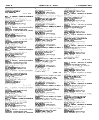 PÁGINA 14
CIG: PMSC 275/2014
Florianópolis, 10 de janeiro de 2014.
JOÃO RICARDO BUSI DA SILVA
Cel PM Diretor da DALF

DIÁRIO OFICIAL - SC - Nº 19.743

Cod. Mat.: 171651

SÚMULA DO CONTRATO  nº  239/PMSC/14  DO PREGÃO nº
100/SEA/13.
CONTRATANTE: Polícia Militar de Santa Catarina.
CONTRATADA: NAZARÉ F. DUTRA CORREA & CIA LTDA.
OBJETO: Aquisição Combustível PMSC.
VALOR: R$ 60.743,00.
ITEM ORÇAMENTÁRIO: 33903001/11801/0111.
DATA DE ASSINATURA : 01 de janeiro de 2014.
CIG: PMSC 275/2014
SÚMULA DO CONTRATO  nº  242/PMSC/14  DO PREGÃO nº
100/SEA/13.
CONTRATANTE: Polícia Militar de Santa Catarina.
CONTRATADA: BALDESSAR COMÉRCIO DE COMBUSTÍVEIS LTDA.
OBJETO: Aquisição Combustível PMSC.
VALOR: R$ 32.940,60.
ITEM ORÇAMENTÁRIO: 33903001/11801/0111.
DATA DE ASSINATURA : 01 de janeiro de 2014.
CIG: PMSC 275/2014
SÚMULA DO CONTRATO  nº  246/PMSC/14  DO PREGÃO nº
100/SEA/13.
CONTRATANTE: Polícia Militar de Santa Catarina.
CONTRATADA: AUTO POSTO VT LTDA.
OBJETO: Aquisição Combustível PMSC.
VALOR: R$ 38.754,50.
ITEM ORÇAMENTÁRIO: 33903001/11801/0111.
DATA DE ASSINATURA : 01 de janeiro de 2014.
CIG: PMSC 275/2014
SÚMULA DO CONTRATO  nº  249/PMSC/14  DO PREGÃO nº
100/SEA/13.
CONTRATANTE: Polícia Militar de Santa Catarina.
CONTRATADA: POSTO SANTANA LTDA.
OBJETO: Aquisição Combustível PMSC.
VALOR: R$ 1.035,00.
ITEM ORÇAMENTÁRIO: 33903001/11801/0111.
DATA DE ASSINATURA : 01 de janeiro de 2014.
CIG: PMSC 275/2014
SÚMULA DO CONTRATO  nº  250/PMSC/14  DO PREGÃO nº
100/SEA/13.
CONTRATANTE: Polícia Militar de Santa Catarina.
CONTRATADA: AUTO POSTO SALMORIA LTDA.
OBJETO: Aquisição Combustível PMSC.
VALOR: R$ 770,00.
ITEM ORÇAMENTÁRIO: 33903001/11801/0111.
DATA DE ASSINATURA : 01 de janeiro de 2014.
CIG: PMSC 275/2014
SÚMULA DO CONTRATO  nº  251/PMSC/14  DO PREGÃO nº
100/SEA/13.
CONTRATANTE: Polícia Militar de Santa Catarina.
CONTRATADA: AUTO POSTO DA SERRA LTDA.
OBJETO: Aquisição Combustível PMSC.
VALOR: R$ 2.472,00.
ITEM ORÇAMENTÁRIO: 33903001/11801/0111.
DATA DE ASSINATURA : 01 de janeiro de 2014.
CIG: PMSC 275/2014
Florianópolis, 10 de janeiro de 2014.
JOÃO RICARDO BUSI DA SILVA
Cel PM Diretor da DALF
Cod. Mat.: 171653
SÚMULA DO CONTRATO  nº  053/PMSC/14  DO PREGÃO nº
101/SEA/13.
CONTRATANTE: Polícia Militar de Santa Catarina.
CONTRATADA: WILSON ZILIO ME.
OBJETO: Aquisição Combustível PMSC.
VALOR: R$ 27.816,20.
ITEM ORÇAMENTÁRIO: 33903001/11801/0111.
DATA DE ASSINATURA : 01 de janeiro de 2014.
CIG: PMSC 275/2014
SÚMULA DO CONTRATO  nº  130/PMSC/14  DO PREGÃO nº
101/SEA/13.
CONTRATANTE: Polícia Militar de Santa Catarina.
CONTRATADA: POSTO PEDRA BRANCA LTDA.
OBJETO: Aquisição Combustível PMSC.
VALOR: R$ 16.238,30.
ITEM ORÇAMENTÁRIO: 33903001/11801/0111.
DATA DE ASSINATURA : 01 de janeiro de 2014.
CIG: PMSC 275/2014
SÚMULA DO CONTRATO  nº  174/PMSC/14  DO PREGÃO nº
101/SEA/13.
CONTRATANTE: Polícia Militar de Santa Catarina.
CONTRATADA: BAGGIO COMERCIO DE COMBUSTIVEIS

LTDA.
OBJETO: Aquisição Combustível PMSC.
VALOR: R$ 52.028,30.
ITEM ORÇAMENTÁRIO: 33903001/11801/0111.
DATA DE ASSINATURA : 01 de janeiro de 2014.
CIG: PMSC 275/2014
SÚMULA DO CONTRATO  nº  233/PMSC/14  DO PREGÃO
101/SEA/13.
CONTRATANTE: Polícia Militar de Santa Catarina.
CONTRATADA: POSTO TRES CORES LTDA.
OBJETO: Aquisição Combustível PMSC.
VALOR: R$ 10.332,37.
ITEM ORÇAMENTÁRIO: 33903001/11801/0111.
DATA DE ASSINATURA : 01 de janeiro de 2014.
CIG: PMSC 275/2014
SÚMULA DO CONTRATO  nº  285/PMSC/14  DO PREGÃO
101/SEA/13.
CONTRATANTE: Polícia Militar de Santa Catarina.
CONTRATADA: STANG & STANG LTDA.
OBJETO: Aquisição Combustível PMSC.
VALOR: R$ 64.410,35.
ITEM ORÇAMENTÁRIO: 33903001/11801/0111.
DATA DE ASSINATURA : 01 de janeiro de 2014.
CIG: PMSC 275/2014
SÚMULA DO CONTRATO  nº  287/PMSC/14  DO PREGÃO
101/SEA/13.
CONTRATANTE: Polícia Militar de Santa Catarina.
CONTRATADA: STANG & STANG LTDA.
OBJETO: Aquisição Combustível PMSC.
VALOR: R$ 62.843,13.
ITEM ORÇAMENTÁRIO: 33903001/0073/0269.
DATA DE ASSINATURA : 01 de janeiro de 2014.
CIG: PMSC 275/2014
SÚMULA DO CONTRATO  nº  370/PMSC/14  DO PREGÃO
101/SEA/13.
CONTRATANTE: Polícia Militar de Santa Catarina.
CONTRATADA: AUTO POSTO E.R LTDA.
OBJETO: Aquisição Combustível PMSC.
VALOR: R$ 2.523,50.
ITEM ORÇAMENTÁRIO: 33903001/0073/0269.
DATA DE ASSINATURA : 01 de janeiro de 2014.
CIG: PMSC 275/2014
SÚMULA DO CONTRATO  nº  371/PMSC/14  DO PREGÃO
101/SEA/13.
CONTRATANTE: Polícia Militar de Santa Catarina.
CONTRATADA: AUTO POSTO E.R LTDA.
OBJETO: Aquisição Combustível PMSC.
VALOR: R$ 128.857,50.
ITEM ORÇAMENTÁRIO: 33903001/11801/0111.
DATA DE ASSINATURA : 01 de janeiro de 2014.
CIG: PMSC 275/2014
Florianópolis, 10 de janeiro de 2014.
JOÃO RICARDO BUSI DA SILVA
Cel PM Diretor da DALF
Cod. Mat.: 171654

23.01.2014 (quinta-feira)

nº

nº

nº

nº

nº

SÚMULA DO CONTRATO  nº  044/PMSC/14  DO PREGÃO nº
102/SEA/13.
CONTRATANTE: Polícia Militar de Santa Catarina.
CONTRATADA: AGOSTINHO ANDRÉ DALTOÉ ME.
OBJETO: Aquisição Combustível PMSC.
VALOR: R$ 42.845,00.
ITEM ORÇAMENTÁRIO: 33903001/11801/0111.
DATA DE ASSINATURA : 01 de janeiro de 2014.
CIG: PMSC 275/2014
SÚMULA DO CONTRATO  nº  071/PMSC/14  DO PREGÃO nº
102/SEA/13.
CONTRATANTE: Polícia Militar de Santa Catarina.
CONTRATADA: AUTO POSTO BARRA BONITA LTDA.
OBJETO: Aquisição Combustível PMSC.
VALOR: R$ 12.167,00.
ITEM ORÇAMENTÁRIO: 33903001/11801/0111.
DATA DE ASSINATURA : 01 de janeiro de 2014.
CIG: PMSC 275/2014
SÚMULA DO CONTRATO  nº  080/PMSC/14  DO PREGÃO nº
102/SEA/13.
CONTRATANTE: Polícia Militar de Santa Catarina.
CONTRATADA: ABASTECEDORA IRMÃOS SIGOLIN LTDA ME
OBJETO: Aquisição Combustível PMSC.
VALOR: R$ 41.084,50.
ITEM ORÇAMENTÁRIO: 33903001/11801/0111.
DATA DE ASSINATURA : 01 de janeiro de 2014.
CIG: PMSC 275/2014
SÚMULA DO CONTRATO  nº  091/PMSC/14  DO PREGÃO nº
102/SEA/13.
CONTRATANTE: Polícia Militar de Santa Catarina.
CONTRATADA: STANG & STANG LTDA.
OBJETO: Aquisição Combustível PMSC.

VALOR: R$ 278.704,80.
ITEM ORÇAMENTÁRIO: 33903001/11801/0111.
DATA DE ASSINATURA : 01 de janeiro de 2014.
CIG: PMSC 275/2014
SÚMULA DO CONTRATO  nº  092/PMSC/14  DO PREGÃO
102/SEA/13.
CONTRATANTE: Polícia Militar de Santa Catarina.
CONTRATADA: STANG & STANG LTDA.
OBJETO: Aquisição Combustível PMSC.
VALOR: R$ 112.135,50.
ITEM ORÇAMENTÁRIO: 33903001/11801/0111.
DATA DE ASSINATURA : 01 de janeiro de 2014.
CIG: PMSC 275/2014
SÚMULA DO CONTRATO  nº  182/PMSC/14  DO PREGÃO
102/SEA/13.
CONTRATANTE: Polícia Militar de Santa Catarina.
CONTRATADA: POSTO BALBINOT LTDA.
OBJETO: Aquisição Combustível PMSC.
VALOR: R$ 18.574,22
ITEM ORÇAMENTÁRIO: 33903001/11801/0111.
DATA DE ASSINATURA : 01 de janeiro de 2014.
CIG: PMSC 275/2014
SÚMULA DO CONTRATO  nº  218/PMSC/14  DO PREGÃO
102/SEA/13.
CONTRATANTE: Polícia Militar de Santa Catarina.
CONTRATADA: PASINATO SCHMIDT & CIA LTDA.
OBJETO: Aquisição Combustível PMSC.
VALOR: R$ 42.960,00.
ITEM ORÇAMENTÁRIO: 33903001/11801/0111.
DATA DE ASSINATURA : 01 de janeiro de 2014.
CIG: PMSC 275/2014
SÚMULA DO CONTRATO  nº  368/PMSC/14  DO PREGÃO
102/SEA/13.
CONTRATANTE: Polícia Militar de Santa Catarina.
CONTRATADA: COOPERATIVA A1.
OBJETO: Aquisição Combustível PMSC.
VALOR: R$ 14.631,95.
ITEM ORÇAMENTÁRIO: 33903001/11801/0111.
DATA DE ASSINATURA : 01 de janeiro de 2014.
CIG: PMSC 275/2014
Florianópolis, 10 de janeiro de 2014.
JOÃO RICARDO BUSI DA SILVA
Cel PM Diretor da DALF
Cod. Mat.: 171655
SÚMULA DO CONTRATO  nº  055/PMSC/14  DO PREGÃO
103/SEA/13.
CONTRATANTE: Polícia Militar de Santa Catarina.
CONTRATADA: AUTO POSTO SÃO JOÃO SEARA LTDA
OBJETO: Aquisição Combustível PMSC.
VALOR: R$ 57.576,25.
ITEM ORÇAMENTÁRIO: 33903001/11801/0111.
DATA DE ASSINATURA : 01 de janeiro de 2014.
CIG: PMSC 275/2014
SÚMULA DO CONTRATO  nº  155/PMSC/14  DO PREGÃO
103/SEA/13.
CONTRATANTE: Polícia Militar de Santa Catarina.
CONTRATADA: BIFFI & BIFFI LTDA
OBJETO: Aquisição Combustível PMSC.
VALOR: R$ 17.480,00.
ITEM ORÇAMENTÁRIO: 33903001/11801/0111.
DATA DE ASSINATURA : 01 de janeiro de 2014.
CIG: PMSC 275/2014
SÚMULA DO CONTRATO  nº  186/PMSC/14  DO PREGÃO
103/SEA/13.
CONTRATANTE: Polícia Militar de Santa Catarina.
CONTRATADA: POSTO MADESUL LTDA
OBJETO: Aquisição Combustível PMSC.
VALOR: R$ 11.428,55.
ITEM ORÇAMENTÁRIO: 33903001/11801/0111.
DATA DE ASSINATURA : 01 de janeiro de 2014.
CIG: PMSC 275/2014
SÚMULA DO CONTRATO  nº  187/PMSC/14  DO PREGÃO
103/SEA/13.
CONTRATANTE: Polícia Militar de Santa Catarina.
CONTRATADA: AUTO POSTO MARTINI LTDA
OBJETO: Aquisição Combustível PMSC.
VALOR: R$ 22.413,50.
ITEM ORÇAMENTÁRIO: 33903001/11801/0111.
DATA DE ASSINATURA : 01 de janeiro de 2014.
CIG: PMSC 275/2014
SÚMULA DO CONTRATO  nº  201/PMSC/14  DO PREGÃO
103/SEA/13.
CONTRATANTE: Polícia Militar de Santa Catarina.
CONTRATADA: POSTO PEGORINI LTDA
OBJETO: Aquisição Combustível PMSC.
VALOR: R$ 7.518,70.
ITEM ORÇAMENTÁRIO: 33903001/11801/0111.
DATA DE ASSINATURA : 01 de janeiro de 2014.

nº

nº

nº

nº

nº

nº

nº

nº

nº

 