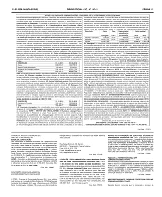 23.01.2014 (quinta-feira)

DIÁRIO OFICIAL - SC - Nº 19.743

PÁGINA 31

Cod. Mat.: 171579
COMERCIAL RIO DOS QUEIMADOS S/A
CNPJ No. 83.568.196/0001-42
EDITAL DE CONVOCAÇÃO
São convocados os senhores acionistas da Comercial Rio dos
Queimados S/A para reunião em sua sede social à rua Mal. Deodoro no.611, nesta cidade de Concórdia SC, em Assembleia Geral Ordinária e Extraordinária, às 15 horas do dia 03 de março de
2014, a fim de deliberarem a seguinte Ordem do dia: 1º.- Leitura,
exame, discussão e votação do Relatório da Diretoria, Balanço
Geral, Contas, Lucros e Perdas relativos ao exercício encerrado
em 31.12.2013. 2º.- Eleição dos membros da Diretoria e fixação
das remunerações. 3º. – Outros assuntos de interesse social.
AVISO – Encontram-se à disposição dos senhores acionistas, na
sede social os documentos referentes ao art. 133 da Lei 6.404/76
e referentes ao exercício findo em 31.12.2013. Concórdia, SC,
02 de janeiro de 2014. A DIRETORIA.
Cod. Mat.: 168447
CONCESSÃO DE LICENÇA AMBIENTAL
LICENÇA AMBIENTAL DE INSTALAÇÃO
A ETSE – Empresa de Transmissão Serrana S.A., torna público
que recebeu da Fundação do Meio Ambiente (FATMA) a Licença
Ambiental de Instalação (LAI) para o Seccionamento LT 230kV
Barra Grande-Lages, válida por 19 meses, para transmissão de

energia elétrica, localizada nos municípios de Abdon Batista e
Anita Garibaldi.

Rua: Felipe Schmidt, 458, Centro
88010-001 – Florianópolis – Santa Catarina
Fone: + 55 48 3216 1700
E-mail: fatma@fatma.sc.gov.br
URL: www.fatma.sc.gov.br
Cod. Mat.: 170746
PEDIDO DE LICENÇA AMBIENTALLicença Ambiental PréviaVista da Pedra Empreendimentos Imobiliários Ltda, CNPJ:
17.805.403/0001-00, torna público que está requerendo à Fundação do Meio Ambiente e de desenvolvimento sustentável FMADS/ SJ a Licença Ambiental Prévia para Loteamento, localizada a Rodovia SC 281 – Km 4,8, Sertão do Imaruí, São José/
SC.Fundação Municipal de Meio Ambiente e Desenvolvimento
Sustentável – FMADSPrefeitura Municipal de São José – SCAv.
Acioni Souza Filho (Beira Mar), 403 – Centro, São José – SC.
CEP: 88.103-790.Fone: (48) 3381-0040/ Fax 3381-0275.Av. Acioni de Souza Filho (av. Beira Mar), 403. Praia Comprida, São José.
(48) 3381 0040 – www.fmmasj.sc.gov.br
Cod. Mat.: 170876

PEDIDO DE AUTORIZAÇÃO DE CORTEVista da Pedra Empreendimentos Imobiliários Ltda, CNPJ: 17.805.403/0001-00,
torna público que está requerendo à Fundação do Meio Ambiente
e desenvolvimento sustentável de São José a Autorização de
Corte para implantação de loteamento, localizada a Rodovia
SC281 – Km 4,8, Sertão do Imaruí, São José/SC.Fundação Municipal de Meio Ambiente e Desenvolvimento Sustentável – FMADS/Prefeitura Municipal de São José – SCAv. Acioni Souza Filho
(Beira Mar), 403 – Centro, São José – SC. CEP: 88.103-790.
Fone: (48) 3381-0040/ Fax 3381-0275.
Cod. Mat.: 170890
PIZZARIA LA FIORENTINA EIRELI EPP
COMUNICADO DE EXTRAVIO
Marcello Boanini comunica que foi extraviado o emissor de cupom
fiscal nº BE070771200205000088, da marca BEMATECH, modelo MP-300 TH FI, versão 01.01.00, e o emissor de cupom fiscal nº
BE070771200205000030, da marca BEMATECH, MODELO MP
-3000 TH FI, VERSÃO 01.01.00 da empresa  PIZZARIA LA FIORENTINA EIRELI EPP, inscrita no CNPJ nº 03.623.349/0001-78
e Inscrição Estadual nº 254017614.
Cod. Mat.: 169686
MBCG RESTAURANTE PADARIA E CONFEITARIA EIRELI ME
COMUNICADO DE EXTRAVIO
Marcello Boanini comunica que foi extraviado o emissor de

 