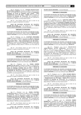 DIÁRIO OFICIAL DO MUNICÍPIO - ANO VII / EDIÇÃO Nº. 005 Crateús, 07 de Fevereiro de 2013. 023
Art. 1º - Nomear o(a) Sr. ANTONIA FRANCIVALDA
DE OLIVEIRA MARQUES, portador(a) do CPF nº. 503.053.103-30 e
RG nº. 34755102000 SSP-CE, para exercer a função de Coordenadora
Pedagógica da Escola de Cidadania Santo Antonio – Santo
Antonio/Escola II até 499 alunos - Símbolo FC-2, lotado(a) na
Secretaria de Educação do Município de Crateús-CE,
conforme Lei Municipal nº. 237, de 14 de janeiro de 2013, publicada no
Diário Oficial nº. 003/2013, de 28 de Janeiro de 2013.
Art. 2º - Esta Portaria entrará em vigor na data de sua
publicação, revogadas as disposições em contrário.
PAÇO DO GOVERNO MUNICIPAL DE CRATEÚS,
ESTADO DO CEARÁ, em 01 de fevereiro de 2013. CARLOS
FELIPE SARAIVA BESERRA – Governo Municipal.
**********************************************************
PORTARIA Nº 167.01.02/2013
O GOVERNO MUNICIPAL DE CRATEÚS, ESTADO DO CEARÁ,
representado pelo Excelentíssimo Senhor Prefeito CARLOS FELIPE
SARAIVA BESERRA, no uso de suas atribuições legais, RESOLVE:
Art. 1º - Nomear o(a) Sr. CLEONICE MONTEIRO
VIEIRA, portador(a) do CPF nº. 512.519.653-34 e RG nº. 0330493498
SSP-CE, para exercer a função de Diretora da Escola de Cidadania
General Souto Maior – Zona Urbana/Escola II até 499 alunos -
Símbolo FC-2, lotado(a) na Secretaria de Educação do Município
de Crateús-CE, conforme Lei Municipal nº. 237, de 14 de janeiro
de 2013, publicada no Diário Oficial nº. 003/2013, de 28 de Janeiro de
2013.
Art. 2º - Esta Portaria entrará em vigor na data de sua
publicação, revogadas as disposições em contrário.
PAÇO DO GOVERNO MUNICIPAL DE CRATEÚS,
ESTADO DO CEARÁ, em 01 de fevereiro de 2013. CARLOS
FELIPE SARAIVA BESERRA – Governo Municipal.
**********************************************************
PORTARIA Nº 168.01.02/2013
O GOVERNO MUNICIPAL DE CRATEÚS, ESTADO DO CEARÁ,
representado pelo Excelentíssimo Senhor Prefeito CARLOS FELIPE
SARAIVA BESERRA, no uso de suas atribuições legais, RESOLVE:
Art. 1º - Nomear o(a) Sr. MARIA EDIMIR
RODRIGUES DE SOUSA, portador(a) do CPF nº. 747.050.403-68 e
RG nº. 2006.002105896 SSP-CE, para exercer a função de Diretora da
Escola de Cidadania Umbelino Alves da Silva – Curral do
Meio/Escola II até 499 alunos - Símbolo FC-2, lotado(a) na Secretaria
de Educação do Município de Crateús-CE, conforme Lei
Municipal nº. 237, de 14 de janeiro de 2013, publicada no Diário Oficial
nº. 003/2013, de 28 de Janeiro de 2013.
Art. 2º - Esta Portaria entrará em vigor na data de sua
publicação, revogadas as disposições em contrário.
PAÇO DO GOVERNO MUNICIPAL DE CRATEÚS,
ESTADO DO CEARÁ, em 01 de fevereiro de 2013. CARLOS
FELIPE SARAIVA BESERRA – Governo Municipal.
**********************************************************
PORTARIA Nº 169.01.02/2013
O GOVERNO MUNICIPAL DE CRATEÚS, ESTADO DO CEARÁ,
representado pelo Excelentíssimo Senhor Prefeito CARLOS FELIPE
SARAIVA BESERRA, no uso de suas atribuições legais, RESOLVE:
Art. 1º - Nomear o(a) Sr. MARIA PASTORA
SAMPAIO DA SILVA, portador(a) do CPF nº. 209.658.773-53 e RG
nº. 0005840580 SSP-CE, para exercer a função de Coordenadora
Pedagógica da Escola de Cidadania Umbelino Alves da Silva –
Curral do Meio/Escola II até 499 alunos - Símbolo FC-2, lotado(a) na
Secretaria de Educação do Município de Crateús-CE,
conforme Lei Municipal nº. 237, de 14 de janeiro de 2013, publicada no
Diário Oficial nº. 003/2013, de 28 de Janeiro de 2013.
Art. 2º - Esta Portaria entrará em vigor na data de sua
publicação, revogadas as disposições em contrário.
PAÇO DO GOVERNO MUNICIPAL DE CRATEÚS,
ESTADO DO CEARÁ, em 01 de fevereiro de 2013. CARLOS
FELIPE SARAIVA BESERRA – Governo Municipal.
**********************************************************
PORTARIA Nº 170.01.02/2013
O GOVERNO MUNICIPAL DE CRATEÚS, ESTADO DO CEARÁ,
representado pelo Excelentíssimo Senhor Prefeito CARLOS FELIPE
SARAIVA BESERRA, no uso de suas atribuições legais, RESOLVE:
Art. 1º - Nomear o(a) Sr. LEILIANE LOPES LIMA,
portador(a) do CPF nº. 785.828.223-91 e RG nº. 93015026310 SSP-
CE, para exercer a função de Coordenadora Pedagógica da Escola de
Cidadania Carlota Colares – Zona Urbana/Escola II até 499 alunos -
Símbolo FC-2, lotado(a) na Secretaria de Educação do Município
de Crateús-CE, conforme Lei Municipal nº. 237, de 14 de janeiro
de 2013, publicada no Diário Oficial nº. 003/2013, de 28 de Janeiro de
2013.
Art. 2º - Esta Portaria entrará em vigor na data de sua
publicação, revogadas as disposições em contrário.
PAÇO DO GOVERNO MUNICIPAL DE CRATEÚS,
ESTADO DO CEARÁ, em 01 de fevereiro de 2013. CARLOS
FELIPE SARAIVA BESERRA – Governo Municipal.
**********************************************************
PORTARIA Nº 171.01.02/2013
O GOVERNO MUNICIPAL DE CRATEÚS, ESTADO DO CEARÁ,
representado pelo Excelentíssimo Senhor Prefeito CARLOS FELIPE
SARAIVA BESERRA, no uso de suas atribuições legais, RESOLVE:
Art. 1º - Nomear o(a) Sr.(a) FRANCISCO
ARQUIMEDES ALVES MOREIRA, portador(a) do
CPF nº. 549.478.473-87 e RG nº. 2720043-93 SSP-CE,
para exercer a função de Diretor de Desporto e Turismo - Símbolo
CDP, Lotado(a) no 11.1 Departamento de Desporto e
Juventude do Município de Crateús-CE, conforme Lei
Municipal nº. 237, de 14 de janeiro de 2013, publicada no Diário Oficial
nº. 003/2013, de 28 de Janeiro de 2013.
Art. 2º - Esta Portaria entrará em vigor na data de sua
publicação, revogadas as disposições em contrário.
PAÇO DO GOVERNO MUNICIPAL DE CRATEÚS,
ESTADO DO CEARÁ, em 01 de fevereiro de 2013. CARLOS
FELIPE SARAIVA BESERRA – Governo Municipal.
**********************************************************
PORTARIA Nº 172.01.02/2013
O GOVERNO MUNICIPAL DE CRATEÚS, ESTADO DO CEARÁ,
representado pelo Excelentíssimo Senhor Prefeito CARLOS FELIPE
SARAIVA BESERRA, no uso de suas atribuições legais, RESOLVE:
Art. 1º - Nomear o(a) Sr. LEILA SOARES BOSCO,
portador(a) do CPF nº. 924.672.453-49 e RG nº. 0339667499 SSP-CE,
para exercer a função de Diretora da Escola de Cidadania de Realejo
– Realejo/Escola II até 499 alunos - Símbolo FC-2, lotado(a) na
Secretaria de Educação do Município de Crateús-CE,
conforme Lei Municipal nº. 237, de 14 de janeiro de 2013, publicada no
Diário Oficial nº. 003/2013, de 28 de Janeiro de 2013.
Art. 2º - Esta Portaria entrará em vigor na data de sua
publicação, revogadas as disposições em contrário.
PAÇO DO GOVERNO MUNICIPAL DE CRATEÚS,
ESTADO DO CEARÁ, em 01 de fevereiro de 2013. CARLOS
FELIPE SARAIVA BESERRA – Governo Municipal.
**********************************************************
PORTARIA Nº 173.01.02/2013
O GOVERNO MUNICIPAL DE CRATEÚS, ESTADO DO CEARÁ,
representado pelo Excelentíssimo Senhor Prefeito CARLOS FELIPE
SARAIVA BESERRA, no uso de suas atribuições legais, RESOLVE:
Art. 1º - Nomear o(a) Sr. LUCIANA FERRO
RODRIGUES, portador(a) do CPF nº. 713.637.933-49 e RG nº.
0323175197 SSP-CE, para exercer a função de Diretora da Escola de
Cidadania Videlina Maria da Conceição – Valente/Escola II até 499
alunos - Símbolo FC-2, lotado(a) na Secretaria de Educação do
Município de Crateús-CE, conforme Lei Municipal nº. 237, de
 