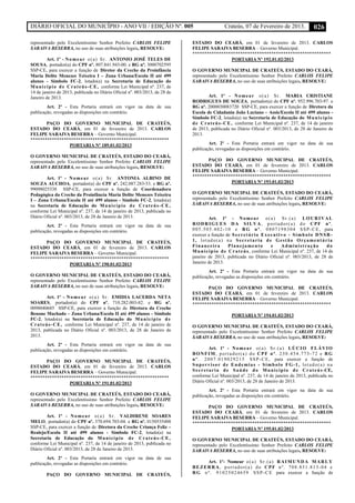 DIÁRIO OFICIAL DO MUNICÍPIO - ANO VII / EDIÇÃO Nº. 005 Crateús, 07 de Fevereiro de 2013. 026
representado pelo Excelentíssimo Senhor Prefeito CARLOS FELIPE
SARAIVA BESERRA, no uso de suas atribuições legais, RESOLVE:
Art. 1º - Nomear o(a) Sr. ANTONIO JOSÉ TELES DE
SOUSA, portador(a) do CPF nº. 807.841.943-00. e RG nº. 3000702595
SSP-CE, para exercer a função de Diretor da Creche da Proinfância
Maria Delite Menezes Teixeira I – Zona Urbana/Escola II até 499
alunos - Símbolo FC-2, lotado(a) na Secretaria de Educação do
Município de Crateús-CE, conforme Lei Municipal nº. 237, de
14 de janeiro de 2013, publicada no Diário Oficial nº. 003/2013, de 28 de
Janeiro de 2013.
Art. 2º - Esta Portaria entrará em vigor na data de sua
publicação, revogadas as disposições em contrário.
PAÇO DO GOVERNO MUNICIPAL DE CRATEÚS,
ESTADO DO CEARÁ, em 01 de fevereiro de 2013. CARLOS
FELIPE SARAIVA BESERRA – Governo Municipal.
**********************************************************
PORTARIA Nº 189.01.02/2013
O GOVERNO MUNICIPAL DE CRATEÚS, ESTADO DO CEARÁ,
representado pelo Excelentíssimo Senhor Prefeito CARLOS FELIPE
SARAIVA BESERRA, no uso de suas atribuições legais, RESOLVE:
Art. 1º - Nomear o(a) Sr. ANTONIA ALBINO DE
SOUZA AUCHOA, portador(a) do CPF nº. 242.087.283-53. e RG nº.
99098025338 SSP-CE, para exercer a função de Coordenadora
Pedagógica da Creche da Proinfância Maria Delite Menezes Teixeira
I – Zona Urbana/Escola II até 499 alunos - Símbolo FC-2, lotado(a)
na Secretaria de Educação do Município de Crateús-CE,
conforme Lei Municipal nº. 237, de 14 de janeiro de 2013, publicada no
Diário Oficial nº. 003/2013, de 28 de Janeiro de 2013.
Art. 2º - Esta Portaria entrará em vigor na data de sua
publicação, revogadas as disposições em contrário.
PAÇO DO GOVERNO MUNICIPAL DE CRATEÚS,
ESTADO DO CEARÁ, em 01 de fevereiro de 2013. CARLOS
FELIPE SARAIVA BESERRA – Governo Municipal.
**********************************************************
PORTARIA Nº 190.01.02/2013
O GOVERNO MUNICIPAL DE CRATEÚS, ESTADO DO CEARÁ,
representado pelo Excelentíssimo Senhor Prefeito CARLOS FELIPE
SARAIVA BESERRA, no uso de suas atribuições legais, RESOLVE:
Art. 1º - Nomear o(a) Sr. EMIDIA LACERDA NETA
SOARES, portador(a) do CPF nº. 710.282.003-82. e RG nº.
0098040685 SSP-CE, para exercer a função de Diretora da Creche
Benone Machado – Zona Urbana/Escola II até 499 alunos - Símbolo
FC-2, lotado(a) na Secretaria de Educação do Município de
Crateús-CE, conforme Lei Municipal nº. 237, de 14 de janeiro de
2013, publicada no Diário Oficial nº. 003/2013, de 28 de Janeiro de
2013.
Art. 2º - Esta Portaria entrará em vigor na data de sua
publicação, revogadas as disposições em contrário.
PAÇO DO GOVERNO MUNICIPAL DE CRATEÚS,
ESTADO DO CEARÁ, em 01 de fevereiro de 2013. CARLOS
FELIPE SARAIVA BESERRA – Governo Municipal.
**********************************************************
PORTARIA Nº 191.01.02/2013
O GOVERNO MUNICIPAL DE CRATEÚS, ESTADO DO CEARÁ,
representado pelo Excelentíssimo Senhor Prefeito CARLOS FELIPE
SARAIVA BESERRA, no uso de suas atribuições legais, RESOLVE:
Art. 1º - Nomear o(a) Sr. VALDIRENE SOARES
MELO, portador(a) do CPF nº. 370.694.703-04. e RG nº. 0150535488
SSP-CE, para exercer a função de Diretora da Creche Criança Feliz –
Realejo/Escola II até 499 alunos - Símbolo FC-2, lotado(a) na
Secretaria de Educação do Município de Crateús-CE,
conforme Lei Municipal nº. 237, de 14 de janeiro de 2013, publicada no
Diário Oficial nº. 003/2013, de 28 de Janeiro de 2013.
Art. 2º - Esta Portaria entrará em vigor na data de sua
publicação, revogadas as disposições em contrário.
PAÇO DO GOVERNO MUNICIPAL DE CRATEÚS,
ESTADO DO CEARÁ, em 01 de fevereiro de 2013. CARLOS
FELIPE SARAIVA BESERRA – Governo Municipal.
**********************************************************
PORTARIA Nº 192.01.02/2013
O GOVERNO MUNICIPAL DE CRATEÚS, ESTADO DO CEARÁ,
representado pelo Excelentíssimo Senhor Prefeito CARLOS FELIPE
SARAIVA BESERRA, no uso de suas atribuições legais, RESOLVE:
Art. 1º - Nomear o(a) Sr. MARIA CRISTIANE
RODRIGUES DE SOUZA, portador(a) do CPF nº. 952.996.703-97. e
RG nº. 2000030083720 SSP-CE, para exercer a função de Diretora da
Escola de Cidadania João Luciano – Assis/Escola II até 499 alunos -
Símbolo FC-2, lotado(a) na Secretaria de Educação do Município
de Crateús-CE, conforme Lei Municipal nº. 237, de 14 de janeiro
de 2013, publicada no Diário Oficial nº. 003/2013, de 28 de Janeiro de
2013.
Art. 2º - Esta Portaria entrará em vigor na data de sua
publicação, revogadas as disposições em contrário.
PAÇO DO GOVERNO MUNICIPAL DE CRATEÚS,
ESTADO DO CEARÁ, em 01 de fevereiro de 2013. CARLOS
FELIPE SARAIVA BESERRA – Governo Municipal.
**********************************************************
PORTARIA Nº 193.01.02/2013
O GOVERNO MUNICIPAL DE CRATEÚS, ESTADO DO CEARÁ,
representado pelo Excelentíssimo Senhor Prefeito CARLOS FELIPE
SARAIVA BESERRA, no uso de suas atribuições legais, RESOLVE:
Art. 1º - Nomear o(a) Sr.(a) LOURIVAL
RODRIGUES DA SILVA, portador(a) do CPF nº.
005.505.402-10 e RG nº. 0807198304 SSP-CE, para
exercer a função de Secretário Executivo - Símbolo DNSR-
1, lotado(a) na Secretaria de Gestão Orçamentária
Financeira Planejamento e Administração do
Município de Crateús, conforme Lei Municipal nº. 237, de 14 de
janeiro de 2013, publicada no Diário Oficial nº. 003/2013, de 28 de
Janeiro de 2013.
Art. 2º - Esta Portaria entrará em vigor na data de sua
publicação, revogadas as disposições em contrário.
PAÇO DO GOVERNO MUNICIPAL DE CRATEÚS,
ESTADO DO CEARÁ, em 01 de fevereiro de 2013. CARLOS
FELIPE SARAIVA BESERRA – Governo Municipal.
**********************************************************
PORTARIA Nº 194.01.02/2013
O GOVERNO MUNICIPAL DE CRATEÚS, ESTADO DO CEARÁ,
representado pelo Excelentíssimo Senhor Prefeito CARLOS FELIPE
SARAIVA BESERRA, no uso de suas atribuições legais, RESOLVE:
Art. 1º - Nomear o(a) Sr.(a) LÚCIO FLÁVIO
BONFIM, portador(a) do CPF nº. 230.454.773-72 e RG
nº. 2007.019029215 SSP-CE, para exercer a função de
Supervisor de Endemias - Símbolo FG-1, lotado(a) na
Secretaria de Saúde do Município de Crateús-CE,
conforme Lei Municipal nº. 237, de 14 de janeiro de 2013, publicada no
Diário Oficial nº. 003/2013, de 28 de Janeiro de 2013.
Art. 2º - Esta Portaria entrará em vigor na data de sua
publicação, revogadas as disposições em contrário.
PAÇO DO GOVERNO MUNICIPAL DE CRATEÚS,
ESTADO DO CEARÁ, em 01 de fevereiro de 2013. CARLOS
FELIPE SARAIVA BESERRA – Governo Municipal.
**********************************************************
PORTARIA Nº 195.01.02/2013
O GOVERNO MUNICIPAL DE CRATEÚS, ESTADO DO CEARÁ,
representado pelo Excelentíssimo Senhor Prefeito CARLOS FELIPE
SARAIVA BESERRA, no uso de suas atribuições legais, RESOLVE:
Art. 1º- Nomear o(a) Sr.(a) RAIMUNDA MARLY
BEZERRA, portador(a) do CPF nº. 708.831.813-04 e
RG nº. 91025024659 SSP-CE para exercer a função de
 