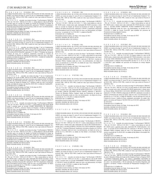 17 DE MARÇO DE 2012                                                                                                                                                                                                         Diário            Oficial            25
                                                                                                                                                                                                                               RIO GRANDE DO NORTE

P O R T A R I A               Nº 819/2012 - PGJ                                       P O R T A R I A               Nº 825/2012 - PGJ                                        P O R T A R I A               Nº 830/2012 - PGJ
O PROCURADOR-GERAL DE JUSTIÇA DO ESTADO DO RIO GRANDE DO                              O PROCURADOR-GERAL DE JUSTIÇA DO ESTADO DO RIO GRANDE DO                               O PROCURADOR-GERAL DE JUSTIÇA DO ESTADO DO RIO GRANDE DO
NORTE, nos termos do artigo 22, inciso IV, da Lei Complementar Estadual nº 141,       NORTE, nos termos do artigo 22, inciso IV, da Lei Complementar Estadual nº 141,        NORTE, nos termos do artigo 22, inciso IV, da Lei Complementar Estadual nº 141,
de 09.02.1996 - DOE de 10.02.1996, e tendo em vista o que consta no Processo nº       de 09.02.1996 - DOE de 10.02.1996, e tendo em vista o que consta no Processo nº        de 09.02.1996 - DOE de 10.02.1996, e tendo em vista o que consta no Processo nº
701/2012- PGJ,
                                                                                      091/2012- PGJ,                                                                         361/2012- PGJ,
R E S O L V E conceder, nos termos do artigo 1º da Resolução nº 008/2012
- PGJ, de 17.01.2012 - DOE de 21.01.2012, ½ (meia) diária no valor de R$ 90,00        R E S O L V E conceder, nos termos do artigo 1º da Resolução nº 008/2012               R E S O L V E conceder, nos termos do artigo 1º da Resolução nº 008/2012
(noventa reais) ao servidor do Quadro de Pessoal da Secretaria de Estado de           - PGJ, de 17.01.2012 - DOE de 21.01.2012, 3 ½ (três e meia) diárias no valor de        - PGJ, de 17.01.2012 - DOE de 21.01.2012, 1 ½ (uma e meia) diárias no valor de
Segurança Pública e da Defesa Social do RN, matrícula nº 199.695-9, atualmente à      R$ 180,00 (cento e oitenta reais) cada, totalizando R$ 630,00 (seiscentos e trinta     R$ 180,00 (cento e oitenta reais) cada, totalizando R$ 270,00 (duzentos e setenta
disposição desta Procuradoria Geral de Justiça, tendo em vista o seu deslocamento,    reais) ao servidor do Quadro de Pessoal da Secretaria de Estado de Segurança           reais), à Servidora ROMY CHRISTINE NUNES SARMENTO DA COSTA,
no dia 10.03.2012, à Região Agreste/RN.                                               Pública e da Defesa Social do RN, matrícula nº 199.967-2, atualmente à disposição      Assistente Ministerial, tendo em vista o seu deslocamento, no período de 20 a
PUBLIQUE-SE E CUMPRA-SE.                                                              desta Procuradoria Geral de Justiça, tendo em vista o seu deslocamento, em objeto      21.03.2012, à cidade de Currais Novos/RN, para trabalhar nos processos da
Procuradoria Geral de Justiça, em Natal, 16 de março de 2012.                                                                                                                Promotoria de Justiça daquela Comarca.
                                                                                      de serviço, no período de 12 a 15.03.2012, à cidade de Patu/RN.
MANOEL ONOFRE DE SOUZA NETO
                                                                                      PUBLIQUE-SE E CUMPRA-SE.                                                               PUBLIQUE-SE E CUMPRA-SE.
PROCURADOR-GERAL DE JUSTIÇA
                                                                                      Procuradoria Geral de Justiça, em Natal, 16 de março de 2012.                          Procuradoria Geral de Justiça, em Natal, 16 de março de 2012.
                                                                                      MANOEL ONOFRE DE SOUZA NETO                                                            MANOEL ONOFRE DE SOUZA NETO
P O R T A R I A               Nº 820/2012 - PGJ                                       PROCURADOR-GERAL DE JUSTIÇA                                                            PROCURADOR-GERAL DE JUSTIÇA
O PROCURADOR-GERAL DE JUSTIÇA DO ESTADO DO RIO GRANDE DO
NORTE, nos termos do artigo 22, inciso IV, da Lei Complementar Estadual nº 141,
de 09.02.1996 - DOE de 10.02.1996, e tendo em vista o que consta no Processo nº       P O R T A R I A               Nº 826/2012 - PGJ                                        P O R T A R I A                 Nº 831/2012 - PGJ
322/2012- PGJ,                                                                                                                                                               O PROCURADOR-GERAL DE JUSTIÇA DO ESTADO DO RIO GRANDE DO
                                                                                      O PROCURADOR-GERAL DE JUSTIÇA DO ESTADO DO RIO GRANDE DO
R E S O L V E conceder, nos termos do artigo 1º da Lei Complementar
                                                                                      NORTE, nos termos do artigo 22, inciso IV, da Lei Complementar Estadual nº 141,        NORTE, nos termos do artigo 22, inciso IV, da Lei Complementar Estadual nº 141,
Estadual nº 367, de 09.10.2008 - DOE de 10.10.2008, 01 (uma) diária, no valor total
de R$ 401,96 (quatrocentos e um reais e noventa e seis centavos) ao Bel. ALEXAN-      de 09.02.1996 - DOE de 10.02.1996, e tendo em vista o que consta no Processo nº        de 09.02.1996 - DOE de 10.02.1996, e tendo em vista o que consta no Processo nº
DRE GONÇALVES FRAZÃO, matrícula nº 171.206-3, 3º Promotor de Justiça da               069/2012- PGJ,                                                                         191/2012- PGJ,
Comarca de Assu, de 3ª entrância, atualmente exercendo as funções de                  R E S O L V E conceder, nos termos do artigo 1º da Resolução nº 008/2012               R E S O L V E conceder, nos termos do artigo 1º da Resolução nº 008/2012
Coordenador do Gabinete de Segurança Institucional, tendo em vista o seu deslo-       - PGJ, de 17.01.2012 - DOE de 21.01.2012, 1 ½ (uma e meia) diária no valor de R$       - PGJ, de 17.01.2012 - DOE de 21.01.2012, 04 (quatro) diárias no valor de R$
camento, em objeto de serviço, nos dias 08 e 09.03.2012, à cidade de Caraúbas/RN.     140,00 (cento e quarenta reais) cada, totalizando R$ 210,00 (duzentos e dez reais),    180,00 (cento e oitenta reais) cada, totalizando R$ 720,00 (setecentos e vinte reais),
PUBLIQUE-SE E CUMPRA-SE.                                                              ao Servidor DOMINGOS SÁVIO ORRICO, matrícula nº 002.562-3, Auxiliar do                 ao Servidor ÉDER JEREMIAS ALVES, Assistente Ministerial, tendo em vista o
Procuradoria Geral de Justiça, em Natal, 16 de março de 2012.                                                                                                                seu deslocamento, à cidade de Nísia Floresta/RN, dos dias 14, 15, 19, 21, 22, 26, 28
                                                                                      Ministério Público Estadual, tendo em vista o seu deslocamento, em objeto de
MANOEL ONOFRE DE SOUZA NETO
                                                                                      serviço, no período de 15 a 16.03.2012, às cidades de Lajes, Assu e Baraúna/RN.        e 29.03.2012, para trabalhar nos processos da Promotoria de Justiça daquela
PROCURADOR-GERAL DE JUSTIÇA
                                                                                      PUBLIQUE-SE E CUMPRA-SE.                                                               Comarca.
                                                                                      Procuradoria Geral de Justiça, em Natal, 16 de março de 2012.                          PUBLIQUE-SE E CUMPRA-SE.
P O R T A R I A               Nº 821/2012 - PGJ                                       MANOEL ONOFRE DE SOUZA NETO                                                            Procuradoria Geral de Justiça, em Natal, 16 de março de 2012.
O PROCURADOR-GERAL DE JUSTIÇA DO ESTADO DO RIO GRANDE DO                              PROCURADOR-GERAL DE JUSTIÇA                                                            MANOEL ONOFRE DE SOUZA NETO
NORTE, nos termos do artigo 22, inciso IV, da Lei Complementar Estadual nº 141,                                                                                              PROCURADOR-GERAL DE JUSTIÇA
de 09.02.1996 - DOE de 10.02.1996, e tendo em vista o que consta no Processo nº
1070/2012- PGJ,
R E S O L V E conceder, nos termos do artigo 1º da Lei Complementar                   P O R T A R I A               Nº 827/2012 - PGJ
                                                                                                                                                                             P O R T A R I A                Nº 832/2012 - PGJ
Estadual nº 367, de 09.10.2008 - DOE de 10.10.2008, 01 (uma) diária, no valor total
de R$ 401,96 (quatrocentos e um reais e noventa e seis centavos) ao Bel. ALYSSON      O PROCURADOR-GERAL DE JUSTIÇA DO ESTADO DO RIO GRANDE DO                               O PROCURADOR-GERAL DE JUSTIÇA DO ESTADO DO RIO GRANDE DO
MICHEL DE AZEVEDO DANTAS, matrícula nº 199.502-2, Promotor de Justiça                 NORTE, nos termos do artigo 22, inciso IV, da Lei Complementar Estadual nº 141,        NORTE, nos termos do artigo 22, inciso IV, da Lei Complementar Estadual nº 141,
da Comarca de Jardim de Piranhas, de 1ª entrância, tendo em vista o seu desloca-      de 09.02.1996 - DOE de 10.02.1996, e tendo em vista o que consta no Processo nº        de 09.02.1996 - DOE de 10.02.1996, e tendo em vista o que consta no Processo nº
mento, em objeto de serviço, nos dias 08 e 09.03.2012, à cidade de Caraúbas/RN..      363/2012- PGJ,                                                                         1029/2012- PGJ,
PUBLIQUE-SE E CUMPRA-SE.                                                              R E S O L V E conceder, nos termos do artigo 1º da Resolução nº 008/2012               R E S O L V E conceder, nos termos do artigo 6º da Resolução nº 008/2012
Procuradoria Geral de Justiça, em Natal, 16 de março de 2012.                                                                                                                - PGJ, de 17.01.2012 - DOE de 21.01.2012, 03 (três) diárias no valor de R$ 160,00
                                                                                      - PGJ, de 17.01.2012 - DOE de 21.01.2012, 03 (três) diárias no valor de R$ 160,00
MANOEL ONOFRE DE SOUZA NETO                                                                                                                                                  (cento e sessenta reais) cada, totalizando R$ 480,00 (quatrocentos e oitenta reais),
PROCURADOR-GERAL DE JUSTIÇA                                                           (cento e sessenta reais) cada, totalizando R$ 480,00 (quatrocentos e oitenta reais),
                                                                                      ao servidor CARLOS EDUARDO SOUSA FARIAS, matrícula nº 200.079-2,                       ao Policial Militar FRANCISCO AUCEANO MOREIRA DA COSTA JÚNIOR,
                                                                                      Técnico do Ministério Público Estadual, lotado nas Promotorias de Justiça da           matrícula nº 195.082-7-PM/RN,à disposição do MPE/RN, atualmente exercendo as
P O R T A R I A               Nº 822/2012 - PGJ                                       Comarca de Alexandria, tendo em vista o seu deslocamento, em objeto de serviço,        funções na Promotoria de Justiça de Apodi, tendo em vista o seu deslocamento, no
O PROCURADOR-GERAL DE JUSTIÇA DO ESTADO DO RIO GRANDE DO                              no período de 14 a 17.03.2012, à cidade de Patu/RN.                                    período de 14 a 17.03.2012, à cidade de Natal/RN, a fim de participar do Curso de
NORTE, nos termos do artigo 22, inciso IV, da Lei Complementar Estadual nº 141,       PUBLIQUE-SE E CUMPRA-SE.                                                               Controle de Acesso e Análise de Risco, atendendo convocação, em caráter obri-
de 09.02.1996 - DOE de 10.02.1996, e tendo em vista o que consta no Processo nº       Procuradoria Geral de Justiça, em Natal, 16 de março de 2012.                          gatório, nos termos da Portaria nº 463/2012-PGJ, de 23.02.2012, publicada no DOE
1055/2012- PGJ,                                                                                                                                                              de 24.02.2012.
                                                                                      MANOEL ONOFRE DE SOUZA NETO
R E S O L V E conceder, nos termos do artigo 1º da Resolução nº 008/2012                                                                                                     PUBLIQUE-SE E CUMPRA-SE.
- PGJ, de 17.01.2012 - DOE de 21.01.2012 ½ (meia) diária no valor de R$ 160,00        PROCURADOR-GERAL DE JUSTIÇA
                                                                                                                                                                             Procuradoria Geral de Justiça, em Natal, 16 de março de 2012.
(cento e sessenta reais), ao servidor ANDRÉ MARANHÃO DE MIRANDA,
matrícula nº 199.797-1, Assessor Técnico de Pesquisa e Gestão da Informação,                                                                                                 MANOEL ONOFRE DE SOUZA NETO
tendo em vista o seu deslocamento, em objeto de serviço, no dia de 12.03.2012, à      P O R T A R I A               Nº 828/2012 - PGJ                                        PROCURADOR-GERAL DE JUSTIÇA
cidade de João Pessoa/PB.
PUBLIQUE-SE E CUMPRA-SE.
                                                                                      O PROCURADOR-GERAL DE JUSTIÇA DO ESTADO DO RIO GRANDE DO
Procuradoria Geral de Justiça, em Natal, 16 de março de 2012.                                                                                                                P O R T A R I A                Nº 833/2012 - PGJ
MANOEL ONOFRE DE SOUZA NETO                                                           NORTE, nos termos do artigo 22, inciso IV, da Lei Complementar Estadual nº 141,
                                                                                                                                                                             O PROCURADOR-GERAL DE JUSTIÇA DO ESTADO DO RIO GRANDE DO
PROCURADOR-GERAL DE JUSTIÇA                                                           de 09.02.1996 - DOE de 10.02.1996, e tendo em vista o que consta no Processo nº        NORTE, nos termos do artigo 22, inciso IV, da Lei Complementar Estadual nº 141,
                                                                                      918/2012- PGJ,                                                                         de 09.02.1996 - DOE de 10.02.1996, e tendo em vista o que consta no Processo nº
                                                                                      R E S O L V E conceder, nos termos do artigo 1º da Resolução nº 008/2012 -             828/2012- PGJ,
P O R T A R I A               Nº 823/2012 - PGJ
                                                                                      PGJ, de 17.01.2012 - DOE de 21.01.2012, 01 ½ (uma e meia) diária no valor de R$        R E S O L V E conceder, nos termos do artigo 1º da Resolução nº 008/2012
O PROCURADOR-GERAL DE JUSTIÇA DO ESTADO DO RIO GRANDE DO
NORTE, nos termos do artigo 22, inciso IV, da Lei Complementar Estadual nº 141,       180,00 (cento e oitenta reais) cada, totalizando um valor de R$ 270,00 (duzentos e     - PGJ, de 17.01.2012 - DOE de 21.01.2012, 1 ½ (uma e meia) diárias no valor de
de 09.02.1996 - DOE de 10.02.1996, e tendo em vista o que consta no Processo nº       setenta reais), à servidora KARINA TATIANE DA COSTA MARTINS, matrícula                 R$ 140,00 (cento e quarenta reais) cada, totalizando R$ 210,00 (duzentos e dez
202/2012- PGJ,                                                                        nº 199.794-7, Assistente Ministerial, atualmente exercendo as funções no CAOP da       reais) , ao servidor JÚLIO CÉSAR DALCIN, matrícula nº 199.383-6, Auxiliar do
R E S O L V E conceder, nos termos do artigo 1º da Resolução nº 008/2012              Infância e Juventude, tendo em vista o seu deslocamento, em objeto de serviço, no      Ministério Público Estadual, tendo em vista o seu deslocamento, em objeto de
- PGJ, de 17.01.2012 - DOE de 21.01.2012, ½ (meia) diária no valor de R$ 90,00        período de 19 a 20.03.2012, às cidades de São Rafael e Governador Dix-Sept             serviço, no período de 19 a 20.03.2012, às cidades de São Rafael e Governador Dix-
(noventa reais), ao servidor do Quadro de Pessoal da Secretaria de Estado de          Rosado/RN.                                                                             Sept Rosado/RN.
Segurança Pública e da Defesa Social do RN, matrícula nº 199.898-6, atualmente à      PUBLIQUE-SE E CUMPRA-SE.
disposição desta Procuradoria Geral de Justiça, tendo em vista o seu deslocamento,                                                                                           PUBLIQUE-SE E CUMPRA-SE.
                                                                                      Procuradoria Geral de Justiça, em Natal, 16 de março de 2012.                          Procuradoria Geral de Justiça, em Natal, 16 de março de 2012.
em objeto de serviço, no dia 07.03.2012, à cidade de Nísia Floresta/RN.
PUBLIQUE-SE E CUMPRA-SE.                                                              MANOEL ONOFRE DE SOUZA NETO                                                            MANOEL ONOFRE DE SOUZA NETO
Procuradoria Geral de Justiça, em Natal, 16 de março de 2012.                         PROCURADOR-GERAL DE JUSTIÇA                                                            PROCURADOR-GERAL DE JUSTIÇA
MANOEL ONOFRE DE SOUZA NETO
PROCURADOR-GERAL DE JUSTIÇA
                                                                                      P O R T A R I A               Nº 829/2012 - PGJ                                        P O R T A R I A                Nº 834/2012 - PGJ
P O R T A R I A               Nº 824/2012 - PGJ                                                                                                                              O PROCURADOR-GERAL DE JUSTIÇA DO ESTADO DO RIO GRANDE DO
O PROCURADOR-GERAL DE JUSTIÇA DO ESTADO DO RIO GRANDE DO                              O PROCURADOR-GERAL DE JUSTIÇA DO ESTADO DO RIO GRANDE DO                               NORTE, nos termos do artigo 22, inciso IV, da Lei Complementar Estadual nº 141,
NORTE, nos termos do artigo 22, inciso IV, da Lei Complementar Estadual nº 141,                                                                                              de 09.02.1996 - DOE de 10.02.1996, e tendo em vista o que consta no Processo nº
                                                                                      NORTE, nos termos do artigo 22, inciso IV, da Lei Complementar Estadual nº 141,        1085/2012- PGJ,
de 09.02.1996 - DOE de 10.02.1996, e tendo em vista o que consta no Processo nº
324/2012- PGJ,                                                                        de 09.02.1996 - DOE de 10.02.1996, e tendo em vista o que consta no Processo nº        R E S O L V E conceder, nos termos do artigo 6º da Resolução nº 008/2012
R E S O L V E conceder, nos termos do artigo 1º da Resolução nº 008/2012              1060/2012- PGJ,                                                                        - PGJ, de 17.01.2012 - DOE de 21.01.2012 e teor do instrumento contratual firma-
- PGJ, de 17.01.2012 - DOE de 21.01.2012, 3 ½ (três e meia) diárias no valor de       R E S O L V E conceder, nos termos do artigo 1º da Resolução nº 008/2012               do entre o Ministério Público do Estado do Rio Grande do Norte e a Empresa 3GEN
R$ 180,00 (cento e oitenta reais) cada, totalizando R$ 630,00 (seiscentos e trinta    - PGJ, de 17.01.2012 - DOE de 21.01.2012 ½ (meia) diária no valor de R$ 160,00         - Consultoria Empresarial, diárias, nos valores e quantidades relacionadas no
reais) ao servidor do Quadro de Pessoal da Secretaria de Estado de Segurança          (cento e sessenta reais), ao servidor JOSEMBERG PESSOA BORGES, matrícula               quadro anexo, à ALINE ISABEL ARGOLLO VENERE, Consultora Externa, tendo
Pública e da Defesa Social do RN, matrícula nº 199.776-9, atualmente à disposição     nº 199.454-9, Técnico do MPE/RN, tendo em vista o seu deslocamento, em objeto          em vista o seu deslocamento, a fim de participar dos Encontros Regionais com
desta Procuradoria Geral de Justiça, tendo em vista o seu deslocamento, em objeto                                                                                            membros e servidores, visando a consecução do Planejamento Estratégico 2012 -
                                                                                      de serviço, no dia 12.03.2012, à cidade de João Pessoa/PB.
de serviço, no período de 12 a 15.03.2012, à cidade de Patu/RN.                                                                                                              2016.
PUBLIQUE-SE E CUMPRA-SE.                                                              PUBLIQUE-SE E CUMPRA-SE.                                                               PUBLIQUE-SE E CUMPRA-SE.
Procuradoria Geral de Justiça, em Natal, 16 de março de 2012.                         Procuradoria Geral de Justiça, em Natal, 16 de março de 2012.                          Procuradoria Geral de Justiça, em Natal, 16 de março de 2012.
MANOEL ONOFRE DE SOUZA NETO                                                           MANOEL ONOFRE DE SOUZA NETO                                                            MANOEL ONOFRE DE SOUZA NETO
PROCURADOR-GERAL DE JUSTIÇA                                                           PROCURADOR-GERAL DE JUSTIÇA                                                            PROCURADOR-GERAL DE JUSTIÇA
 