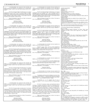 17 DE MARÇO DE 2012                                                                                                                                                                                                    Diário            Oficial               7
                                                                                                                                                                                                                          RIO GRANDE DO NORTE

              A GOVERNADORA DO ESTADO DO RIO GRANDE DO                                              A GOVERNADORA DO ESTADO DO RIO GRANDE DO                                                                   ANEXO I
NORTE, no uso de suas atribuições, com fundamento no art. 64, inciso XIX, da          NORTE, no uso de suas atribuições, com fundamento no art. 64, inciso XIX, da         EXAMES NECESSÁRIOS
Constituição Estadual, e tendo em vista o que consta no processo 269587/2010-3-       Constituição Estadual, e tendo em vista o que consta no processo 37504/2009-4-       Validade de 90 dias
SESAP,                                                                                SESAP,                                                                               Hemograma
                                                                                                                                                                           Glicemia em Jejum
               R E S O L V E tornar sem efeito, nos termos do art. 13, § 7º, da Lei                 R E S O L V E tornar sem efeito, nos termos do art. 13, § 7º, da Lei   Sumário de Urina com Sedimentoscopia
Complementar 122, de 30 de junho de 1994, o ato de nomeação de DANIEL                 Complementar 122, de 30 de junho de 1994, o ato de nomeação de PAULO                 Parasitológico de Fezes
RODRIGUES CALDAS, para o cargo de provimento efetivo de Médico                        EDUARDO SOUZA DE OLIVEIRA, para o cargo de provimento efetivo de                     Eletrocardiograma com parecer do Médico Cardiologista
Anestesiologista, integrante do Quadro de Pessoal da Secretaria de Estado da Saúde    Técnico em Radiologia, integrante do Quadro de Pessoal da Secretaria de Estado da    Raio X do Tórax em PA e Perfil (com laudo do Radiologista)
Pública, publicado no Diário Oficial do Estado nº 12.328, edição do dia 05 de         Saúde Pública, publicado no Diário Oficial do Estado nº 12.290, edição do dia 04     Candidatas gestantes: Laudo de Ginecologista Assistente, por estarem isentas dos
novembro de 2010, declarando a vacância do cargo.                                     de setembro de 2010, declarando a vacância do cargo.                                 exames de radiologia
                                                                                                                                                                           Validade de 30 dias
               Palácio de Despachos de Lagoa Nova, em Natal, 16 de março de                          Palácio de Despachos de Lagoa Nova, em Natal, 16 de março de          Atestado de Sanidade Mental com validade de 30 dias (validade de 30 dias)
2012, 191º da Independência e 124º da República.                                      2012, 191º da Independência e 124º da República.                                     Validade de 12 meses
                                                                                                                                                                           Dosagem de PSA, para candidatos do sexo masculino, com idade igual ou superior
                            ROSALBA CIARLINI                                                                     ROSALBA CIARLINI                                          a 45 anos, com validade de 12 meses
                          Antônio Alber da Nóbrega                                                             Antônio Alber da Nóbrega                                    Citologia Oncótica, para candidatos do sexo feminino, com validade de 12 meses
                        Domicio Arruda Câmara Sobrinho                                                       Domicio Arruda Câmara Sobrinho                                Mamografia, para candidatos do sexo feminino, com idade igual ou superior a 45
                                                                                                                                                                           anos
                                                                                                                                                                           Obs.: A Comissão Permanente de Inspeção Médica Oficial poderá solicitar dos can-
              A GOVERNADORA DO ESTADO DO RIO GRANDE DO                                              A GOVERNADORA DO ESTADO DO RIO GRANDE DO                               didatos outros exames, bem como Pareceres que julgar necessários.
NORTE, no uso de suas atribuições, com fundamento no art. 64, inciso XIX, da          NORTE, no uso de suas atribuições, com fundamento no art. 64, inciso XIX, da
Constituição Estadual, e tendo em vista o que consta no processo 14413/2009-9-        Constituição Estadual, e tendo em vista o que consta no processo 10808/2011-3-       LOCAIS PARA INSPEÇÃO MÉDICA ADMINISSIONAL
SESAP,                                                                                SESAP,                                                                               Pólos I e II - Natal
                                                                                                                                                                           Auditório da Secretaria Estadual da Educação e da Cultura - SEEC, Centro
               R E S O L V E tornar sem efeito, nos termos do art. 13, § 7º, da Lei                 R E S O L V E tornar sem efeito, nos termos do art. 13, § 7º, da Lei   Administrativo do Estado - BR 101, Km 0, Lagoa Nova - CEP: 59064-901 -
Complementar 122, de 30 de junho de 1994, o ato de nomeação de BRENO VIC-             Complementar 122, de 30 de junho de 1994, o ato de nomeação de HINGRID               Natal/RN
TOR TOMAZ GALVÃO, para o cargo de provimento efetivo de Médico - Área                 SILVÉRIO CORREIA, para o cargo de provimento efetivo de                              Pólo III - Caicó
Geral, integrante do Quadro de Pessoal da Secretaria de Estado da Saúde Pública,      Médico/Anestesiologista, integrante do Quadro de Pessoal da Secretaria de Estado     Dias: 03 de abril de 2012
publicado no Diário Oficial do Estado nº 11.900, edição do dia 04 de fevereiro de     da Saúde Pública, publicado no Diário Oficial do Estado nº 12.290, edição do dia     Horário: 09 às 17:00 horas
2009, declarando a vacância do cargo.                                                 04 de setembro de 2010, declarando a vacância do cargo.                              Centro Regional Integrado - CRI, vizinho a Unidade Regional de Saúde Pública -
                                                                                                                                                                           URSAP - 4ª Regional , Avenida Rio Branco, s/n, Bairro Paraíba, Caicó/RN
               Palácio de Despachos de Lagoa Nova, em Natal, 16 de março de                          Palácio de Despachos de Lagoa Nova, em Natal, 16 de março de          Pólo IV - Mossoró
2012, 191º da Independência e 124º da República.                                      2012, 191º da Independência e 124º da República.                                     Dias: 03 de abril de 2012
                                                                                                                                                                           Horário: 09 às 17:00 horas
                            ROSALBA CIARLINI                                                                      ROSALBA CIARLINI                                         Unidade Regional de Saúde Pública - URSAP
                          Antônio Alber da Nóbrega                                                              Antônio Alber da Nóbrega                                   Rua Dr. João Marcelino, s/n. Nova Betânia, Mossoró/RN, fone: (84) 3315-3506
                        Domicio Arruda Câmara Sobrinho                                                      Domicio Arruda da Câmara Sobrinho                              Pólo V - Pau dos Ferros
                                                                                                                                                                           Dias: 04 de abril de 2012
                                                                                                                                                                           Horário: 09 às 17:00 horas
              A GOVERNADORA DO ESTADO DO RIO GRANDE DO                                            A GOVERNADORA DO ESTADO DO RIO GRANDE DO                                 Unidade Regional de Saúde Pública - URSAP
NORTE, no uso de suas atribuições, com fundamento no art. 64, inciso XIX, da          NORTE, no uso de suas atribuições constitucionais,                                   BR 405, Km 03, 1997, Bairro Arizona, Pau dos Ferros/RN
Constituição Estadual, e tendo em vista o que consta no processo 57910/2009-7-                                                                                             Obs.: Os candidatos que não se submeterem à inspeção médica oficial nas datas
SESAP,                                                                                               RESOLVE designar VERA LÚCIA DE PAIVA RODRIGUES                        disponibilizadas para os Pólos III, IV e V, poderão ser examinados em Natal, na
                                                                                      Diretora de Inspeção e Sanidade Vegetal, para responder interinamente pelo           sede da Comissão Permanente de Inspeção Médica Oficial (Pólo I).
               R E S O L V E tornar sem efeito, nos termos do art. 13, § 7º, da Lei   Instituto de Defesa e Inspeção Agropecuária do Estado do Rio Grande do Norte,
Complementar 122, de 30 de junho de 1994, o ato de nomeação de FELIPE COSTA           retroagindo os efeitos do presente Ato a 16 de março de 2012.                        ANEXO II
DE ANDRADE MARINHO, para o cargo de provimento efetivo de Médico -                                                                                                         Documentação exigida:
Terapia Intensiva Adulto, integrante do Quadro de Pessoal da Secretaria de Estado                    Palácio de Despacho de Lagoa Nova, em Natal, 16 de março de           1.1. Diploma de conclusão de curso com habilitação para o cargo
da Saúde Pública, publicado no Diário Oficial do Estado nº 11.880, edição do dia      2012, 191º da Independência e 124º da República.
                                                                                                                                                                           1.2. Documento de identificação
06 de janeiro de 2009, declarando a vacância do cargo.
                                                                                                                  ROSALBA CIARLINI                                         a)Atestado de saúde ocupacional (ASO), habilitando o candidato para o exercício
               Palácio de Despachos de Lagoa Nova, em Natal, 16 de março de                                   Carlos Alberto de Sousa Rosado                               do cargo, expedido por junta médica oficial;
2012, 191º da Independência e 124º da República.                                                                                                                           b)Cópia da Cédula de Identidade
                                                                                                                                                                           c)Comprovante de residência
                            ROSALBA CIARLINI                                                      A GOVERNADORA DO ESTADO DO RIO GRANDE DO                                 d)Cópia do Título de Eleitor e Comprovação de Quitação Eleitoral
                          Antônio Alber da Nóbrega                                    NORTE, no uso de suas atribuições constitucionais,                                   e)Cópia do Cadastro de Pessoa Física - CPF
                        Domicio Arruda Câmara Sobrinho                                                                                                                     f)Cópia do PIS ou PASEP
                                                                                                     R E S O L V E nomear MARCELO AUGUSTO EMERENCIANO
                                                                                      MAIA para exercer o cargo de provimento em comissão de Coordenador de Ações          g)Cópia da Certidão de Reservista (sexo masculino)
              A GOVERNADORA DO ESTADO DO RIO GRANDE DO                                Especiais, da Secretaria de Estado da Agricultura, Pecuária e da Pesca.              h)Cópia da Certidão de Nascimento ou Casamento
NORTE, no uso de suas atribuições, com fundamento no art. 64, inciso XIX,                                                                                                  i)Cópia da CTPS - Carteira de Trabalho e Previdência Social (página com foto -
Constituição Estadual, e tendo em vista o que consta no processo 267436/2010-4-                      Palácio de Despachos de Lagoa Nova, em Natal, 16 de março de          frente e verso e contrato de trabalho)
SESAP,                                                                                2012, 191º da Independência e 124º da República.                                     j)Número da Conta bancária e Agência em nome do Titular do Contrato (conta no
                                                                                                                                                                           Banco do Brasil)
              R E S O L V E tornar sem efeito, nos termos do art. 13, § 7º, da Lei                                ROSALBA CIARLINI                                         k)Certidão negativa de antecedentes criminais expedidas pelas Justiças estadual e
Complementar 122, de 30 de junho de 1994, o ato de nomeação de ABRAÃO                                         Carlos Alberto de Sousa Rosado                               federal, assim como pela Polícia Civil da localidade em que o candidato possuir
                                                                                                                                                                           residência nos últimos 5 (cinco) anos
ALLEN HONORATO SOBRINHO, para o cargo de provimento efetivo de
Médico/Cirurgião Geral, integrante do Quadro Pessoal da Secretaria de Estado da                                                                                            Pólo I - Natal
                                                                                                  A GOVERNADORA DO ESTADO DO RIO GRANDE DO
Saúde Pública, publicado no Diário Oficial do Estado nº 12.328, edição do dia 05                                                                                           Horário: 09 às 17:00 horas
                                                                                      NORTE, no uso da atribuição que lhe confere o art. 64, inciso XIX, da Constituição
de novembro de 2010, declarando a vacância do cargo.                                                                                                                       COAPRH - Coordenadoria de Administração de Pessoal e de Recursos Humanos
                                                                                      Federal,
                                                                                                                                                                           Secretaria Estadual da Educação e da Cultura - SEEC
               Palácio de Despachos de Lagoa Nova, em Natal, 16 de março de                          Considerando as decisões judiciais prolatadas nos autos das Ações     Centro Administrativo do Estado - BR 101, Km 0, Lagoa Nova - CEP: 59064-901
2012, 191º da Independência e 124º da República.                                      Civis Públicas nº 001.08.026076-5 - 4ª Vara da Fazenda Pública da Comarca de         - Natal/RN, fone (84)3232-1335/1338, FAX (84)3232-1335
                                                                                      Natal, 001.08.014918-0 - 1ª Vara da Fazenda Pública da Comarca de Natal e 00696-     Pólo II - Nova Cruz
                            ROSALBA CIARLINI                                          2009-001-21-00-2 - 1ª Vara do Trabalho de Natal da 21ª Região;                       Horário: 09 às 17:00 horas
                          Antônio Alber da Nóbrega                                                                                                                         3ª DIRED
                        Domicio Arruda Câmara Sobrinho                                            Considerando que o art. 22, parágrafo único, IV, da Lei                  Rua Pedro Maurício Tavares, s/n, São Sebastião, Nova Cruz/RN, CEP 59.215-000,
                                                                                      Complementar Federal n.º 101, de 4 de maio de 2000 (Lei de Responsabilidade          fone (84)3281-5904/5900
                                                                                      Fiscal),                                                                             Pólo III - Caicó
              A GOVERNADORA DO ESTADO DO RIO GRANDE DO                                                                                                                     Horário: 09 às 17:00 horas
NORTE, no uso de suas atribuições, com fundamento no art. 64, inciso XIX, da                          R E S O L V E convocar e nomear, com observância da ordem de         10ª DIRED
Constituição Estadual, e tendo em vista o que consta no processo 43589/2009-7-        classificação, os candidatos relacionados nos Anexos III e IV, aprovados em con-     Rua Mons. Severiano, 150 - Penedo, Caicó/RN, CEP: 59.300-000, fone: (84)3421
SESAP,                                                                                curso público realizado com fundamento no Edital n.º 001/2011-SEARH/SEEC,            6046 FAX: 3421 6060
                                                                                      publicado no Diário Oficial do Estado (DOE) n.º 12.564 de 15 de outubro de 2011,     Pólo IV - Mossoró
               R E S O L V E tornar sem efeito, nos termos do art. 13, § 7º, da Lei   para ocuparem os cargos de provimento efetivo de Professores e Especialistas da      Horário: 09 às 17:00 horas
Complementar 122, de 30 de junho de 1994, o ato de nomeação de SÔNIA DE               Educação, do Quadro Geral de Pessoal do Estado - Secretaria de Estado da             12ª DIRED
FÁTIMA BEZERRA MONTEIRO, para o cargo de provimento efetivo de Médico                 Educação e da Cultura (SEEC), nos termos do art.9 da Lei Complementar Estadual       Rua Cunha da Mota, 10, Centro, Mossoró/RN, CEP: 59.600-000, fone: 3315 5668
- Área Geral, integrante do Quadro de Pessoal da Secretaria de Estado da Saúde        n.º 322, de 11 de janeiro de 2006, os quais deverão observar os locais de inspeção   FAX: 3314 4587
Pública, publicado no Diário Oficial do Estado nº 11.925, edição do dia 14 de março   médica - Anexo I - e entrega dos documentos - Anexo II, como estabelecido no item    Pólo V - Pau dos Ferros
de 2009, declarando a vacância do cargo.                                              10.4 do Edital de abertura e § 3º, do artigo 13 do RJU.                              Horário: 09 às 17:00 horas
                                                                                                                                                                           15ª DIRED
               Palácio de Despachos de Lagoa Nova, em Natal, 23 de dezembro de                       Palácio de Despachos de Lagoa Nova, em Natal, 16 de março de          Rua Canadá nº 153 - Conj. Nações Unidas, Pau dos Ferros/RN, CEP: 59.900-000,
2011, 190º da Independência e 123º da República.                                      2012, 191º da Independência e 124º da República.                                     fone: 3351 2125 FAX: 3351 213
                                                                                                                                                                           Obs.: Os candidatos que não entregarem os documentos nas DIRED´s, poderão
                            ROSALBA CIARLINI                                                                      ROSALBA CIARLINI                                         fazê-lo na Coordenadoria de Administração de Pessoal e Recursos Humanos -
                          Antônio Alber da Nóbrega                                                               Antônio Alber da Nóbrega                                  COAPRH, da Secretaria de Estado da Educação e da Cultura - SEEC - Natal -
                        Domicio Arruda Câmara Sobrinho                                                            Betânia Leite Ramalho                                    Centro Administrativo, Bloco II, 1° andar, BR 101, Lagoa Nova, Natal/RN.
 