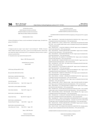 MACEIO - SEGUNDA-FEIRA                                                                                                                                                          DIÁRIO OFICIAL
36                   14 DE JANEIRO DE 2013                              Edição Eletrônica Certiﬁcada Digitalmente conforme LEI N° 7.397/2012                                                     ESTADO DE ALAGOAS


                                           ESTADO DE ALAGOAS                                                                                            ESTADO DE ALAGOAS
                                  SECRETARIA DE ESTADO DA FAZENDA                                                                             SECRETARIA DE ESTADO DA FAZENDA
                             SUPERINTENDÊNCIA DA RECEITA ESTADUAL                                                                         SUPERINTENDÊNCIA DA RECEITA ESTADUAL

                             DIRETORIA DE MERCADORIAS EM TRÂNSITO
                                                                                                                    O SUPERINTENDENTE DA RECEITA ESTADUAL despachou em 10 de janeiro de 2013 os seguintes
                                                                                                                processos:
                                          PORTARIA DMT 017/2012

                                                                                                                PROC. 1500-023046/2011 – INDUSTRIA DE ARTEFATOS DE CONCRETO LTDA - Sigam os autos à
O Diretor de Mercadorias em Trânsito, no uso de suas atribuições e prerrogativas legais, e de acordo com a
                                                                                                                Coordenadoria Setorial de Gestão Administrativa – CSGA, para arquivamento.
portaria CAT 045/002-0.4:
                                                                                                                PROC. 1500-008367/2012 e ANEXO: 1500-026775/2012 - SECRETÁRIA DA FAZENDA DO ESTADO
                                                                                                                DO CEARÁ – uma vez atendido o pedido, sigam os autos à Coordenadoria Setorial de Gestão Administrativa
RESOLVE:                                                                                                        – CSGA, para arquivamento.
                                                                                                                PROC. 1500-028754/2011 – E. MACEDO COMERCIAL LTDA-ME –Sigam os autos à Coordenadoria Se-
I - Designar de acordo com o artigo 3º, inciso I, alínea “b”, item 8 da Portaria SF – 558/2002, os Fiscais de   torial de Gestão Administrativa – CSGA, para arquivamento.
Tributos Estaduais relacionados no anexo único, a exercer em suas atividades funcionais a cheﬁa de posto        PROC. 1500-010389/2011 – PETROLEO BRASILEIRO S A PETROBRAS - Sigam os autos à Coordenado-
ou da volante ﬁscal, durante o mês de Janeiro de 2013, em substituição aos chefes em exercício, os quais se     ria Setorial de Gestão Administrativa – CSGA, para arquivamento.
encontram no período de férias.                                                                                 PROC. 1500-032699/2012 – HAVENGRID DO BRASIL LTDA-ME – Sigam os autos à Coordenadoria Seto-

II - Esta portaria entra em vigor a partir de 02 de Janeiro de 2013.                                            rial de Gestão Administrativa – CSGA, para arquivamento.
                                                                                                                PROC. 1500-018635/2012 - RT LOGISTICA E TRANSPORTES LTDA – Sigam os autos à Coordenadoria
                                                                                                                Setorial de Gestão Administrativa – CSGA, para arquivamento.
                                     Maceió – DMT, 09 de Janeiro de 2013.
                                                                                                                PROC. 1500-020995/2008 – COMERCIO DE PESCA DE ALAGOAS LTDA-ME – Sigam os autos à Coor-
                                                                                                                denadoria Setorial de Gestão Administrativa – CSGA, para arquivamento.
                                        Edvaldo Robson de Lira Gueiros
                                                                                                                PROC. 1500-030465/2012 – P.RP. COSTA – EPP- Sigam os autos à Coordenadoria Setorial de Gestão Admi-
                                                Diretor da DMT
                                                                                                                nistrativa – CSGA, para arquivamento.
                                                                                                                PROC. 1500-009330/2012 – GALETOS BRAUN LIMITADA EPP - Sigam os autos à Coordenadoria Seto-
                                                                                                                rial de Gestão Administrativa – CSGA, para arquivamento.
ANEXO único da Portaria DMT 017/2012                                                                            PROC. 1500-026867/2011 – CENTRINOR CENTRIFUGAS DO NORDESTE LTDA – Sigam os autos à
                                                                                                                Coordenadoria Setorial de Gestão Administrativa – CSGA, para arquivamento.
RELAÇÃO DE CHEFES DE PLANTÃO                                                                                    PROC. 1500-025266/2009 – COMERCIAL SUPER SPUMA - LTDA- Sigam os autos à Coordenadoria Seto-
                                                                                                                rial de Gestão Administrativa – CSGA, para arquivamento.
POSTO FISCAL DISTRITO INDUSTRIAL:                                                                               PROC. 1500-011496/2012 – CONTROL – CONSTRUÇÃO E PAVIMENTAÇÃO LTDA – Sigam os autos à

Nanci Maria do Nascimento               Mat. 54.12-7          Equipe – 090                                      Coordenadoria Setorial de Gestão Administrativa – CSGA, para arquivamento.
                                                                                                                PROC. 1500-011059/2009 – AVIARIO NEVES LTDA- Sigam os autos à Coordenadoria Setorial de Gestão
                                                                                                                Administrativa – CSGA, para arquivamento.
VOLANTE MACEIÓ
                                                                                                                PROC. 1500-026073/2007 e ANEXO: 1500-003714/2009 – DRILLFOR PERFURAÇÕES DO BRASIL
Marco Aurélio Galvão de Lyra          Mat. 91.983-2 Equipe – 019
                                                                                                                LTDA- Sigam os autos à Coordenadoria Setorial de Gestão Administrativa – CSGA, para arquivamento.
                                                                                                                PROC. 1500-027940/2012 – ALL COOK INDUSTRIA E COMERCIO LTDA - Sigam os autos à Coordena-
POSTO FISCAL DE PALMEIRA DOS ÍNDIOS
                                                                                                                doria Setorial de Gestão Administrativa – CSGA, para arquivamento.
                                                                                                                PROC. 1500-008329/2012 – SECRETÁRIA DA FAZENDA DO ESTADO DO CEARÁ – Uma vez atendido
Carlos Tenório Gameleira              Mat. 82.079-2 Equipe – 60                                                 o pedido, sigam os autos à Coordenadoria Setorial de Gestão Administrativa – CSGA, para arquivamento.
                                                                                                                PROC. 1500-021926/2008 e ANEXO: 1500-010382/2009 – NESTLE BRASIL LTDA - Sigam os autos à
POSTO FISCAL DE SERRA DAS PIAS                                                                                  Coordenadoria Setorial de Gestão Administrativa – CSGA, para arquivamento.
                                                                                                                PROC. 1500-004363/2012 – A CRISTALPET DO BRASIL INDUSTRIA DE EMBALAGENS LTDA- Si-
Simone Soares Farias                 Mat. 60.0318-4 Equipe- 59                                                  gam os autos à Coordenadoria Setorial de Gestão Administrativa – CSGA, para arquivamento.
                                                                                                                PROC. 1500-009968/2012 – TERRACO ENGENHARIA E INCORPORAÇÕES LTDA- Em face da publi-

POSTO FISCAL OURO BRANCO:                                                                                       cação do Ato de Credenciamento para regime Simpliﬁcado – Construção Civil nº 01/2013 no Diário Oﬁcial
                                                                                                                do Estado sigam os autos à Coordenadoria Setorial de Gestão Administrativa – CSGA, para arquivamento.
Hermínio Ricardo M. Morgan.            Mat. 82.038-5     Equipe – 083
                                                                                                                PROC. 1500-024254/2012 – PETROLEO BRASILEIRO S.A PETROBRAS- Sigam os autos à Coordenado-
                                                                                                                ria Setorial de Gestão Administrativa – CSGA, para arquivamento.
POSTO FISCAL DE SÃO JOSÉ DA LAGE:
                                                                                                                PROC. 1500-037319/2012 – R R COMERCIO ATACADISTA DE ALIMENTOS LTDA- Atendida a solicita-
Carlos Alberto dos S. Teixeira.       Mat. 82.081-4      Equipe – 050
                                                                                                                ção, sigam os autos à Coordenadoria Setorial de Gestão Administrativa – CSGA, para arquivamento.

                                          Maceió – DMT, 09/01/2013                                              SUPERINTENDÊNCIA DA RECEITA ESTADUAL, Maceió, em 10 de janeiro de 2013.


                                            Charles da Costa Matias                                                                             MARIA DELMA BARBOSA CORREIA
                                     Gerente de Fiscalização de Fronteiras                                                                              Assessora Técnica – SRE
 